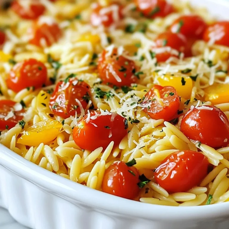 To make this Lemon Garlic Orzo, you will need the following fresh and simple ingredients: - 1 cup orzo pasta - 2 tablespoons olive oil - 4 cloves garlic, minced - 1 teaspoon lemon zest - 1/4 cup fresh lemon juice - 2 cups vegetable broth - 1 cup cherry tomatoes, halved - 1/4 cup fresh parsley, chopped - 1/4 teaspoon red pepper flakes (optional) - Salt and pepper to taste - Freshly grated Parmesan cheese for serving (optional) Each ingredient plays a key role in this dish. The orzo pasta gives a nice texture, while garlic and lemon bring bright flavors. Olive oil adds richness. Cherry tomatoes add color and sweetness, while parsley offers freshness. Red pepper flakes add a hint of spice, but they are optional. You can use salt and pepper to enhance all these flavors. If you like cheese, freshly grated Parmesan makes a great topping. Enjoy gathering these ingredients for a delightful cooking experience! {{ingredient_image_1}} To start, take a medium saucepan and bring 2 cups of vegetable broth to a boil. Once boiling, add 1 cup of orzo pasta. Cook the orzo for 8 to 10 minutes. It should be al dente, tender yet firm. After cooking, drain the orzo and set it aside. While the orzo cooks, grab a large skillet. Heat 2 tablespoons of olive oil over medium heat. Once hot, add 4 cloves of minced garlic. Sauté it for about 1 to 2 minutes. Watch closely so it doesn’t burn. Add 1 teaspoon of lemon zest and 1/4 cup of fresh lemon juice to the skillet. Let this mixture simmer for one minute until fragrant. Next, add 1 cup of halved cherry tomatoes to the skillet. Cook for another 3 to 4 minutes, allowing the tomatoes to soften. Now, incorporate the cooked orzo into the skillet. Toss everything well to combine. Season with salt, pepper, and 1/4 teaspoon of red pepper flakes if you like a bit of heat. Finally, remove the skillet from heat. Stir in 1/4 cup of chopped parsley for a fresh finish. Serve warm with extra parsley and freshly grated Parmesan cheese on top if desired. To cook perfect orzo, use a medium saucepan. Bring vegetable broth to a boil. Add 1 cup of orzo pasta. Cook for 8 to 10 minutes. Check the orzo for doneness; it should be tender but still firm. Drain the pasta and set it aside. This step is key for a great texture. You can boost the flavor in your orzo dish easily. Try adding fresh herbs like basil or thyme. For a spicy kick, include more red pepper flakes. If you like a creamy texture, stir in some cheese. You can also swap vegetable broth for chicken broth for a richer taste. Cherry tomatoes can be replaced with bell peppers or zucchini for variety. Presentation is important for any dish. Serve the orzo in a large bowl. Sprinkle freshly grated Parmesan cheese on top. Add extra chopped parsley for color. You can also add lemon wedges on the side. This makes the dish look bright and inviting. A colorful plate enhances the whole dining experience. Pro Tips Perfectly Cooked Orzo: Make sure to cook the orzo until it's al dente to maintain its texture and prevent it from becoming mushy. Flavor Boost: For an extra layer of flavor, consider toasting the orzo in the skillet for a couple of minutes before adding it to the broth. Fresh Herbs: Using fresh parsley not only adds flavor but also brightens the dish visually. Feel free to experiment with other fresh herbs like basil or dill. Cheese Variations: While Parmesan is delicious, try substituting with feta or goat cheese for a different flavor profile that complements the lemony base. {{image_2}} You can easily make Lemon Garlic Orzo vegan. Skip the cheese and use vegetable broth. Add more veggies like bell peppers or zucchini for texture. You can also try nutritional yeast for a cheesy flavor. For a heartier dish, add protein. Grilled chicken or shrimp works well. Cook the protein separately and mix it in before serving. This boosts the meal's nutrition and keeps it filling. Adding spinach or kale is a smart choice. Both greens cook quickly and add color. Just toss in a handful while cooking the garlic. They wilt down nicely and boost the dish’s vitamins. To keep your Lemon Garlic Orzo fresh, let it cool first. Place it in an airtight container. You can store it in the fridge for up to three days. This way, it stays tasty and safe to eat. When you're ready to eat, heat the orzo on the stove. Add a splash of water or broth to keep it moist. Stir it often over medium heat. You can also use the microwave. Just cover it and heat in short bursts. Stir in between to avoid hot spots. For long-term storage, you can freeze Lemon Garlic Orzo. Scoop it into freezer bags, removing as much air as possible. Label the bags with the date. It can last up to three months in the freezer. When ready to serve, thaw it overnight in the fridge before reheating. Orzo pasta looks like rice but is actually a small pasta. It is made from wheat and cooks quickly. You can find it in most grocery stores. I love using orzo in salads, soups, and side dishes. Its shape holds sauces well, making dishes flavorful. Yes, you can use other pasta types! Small shapes like ditalini or couscous work great. Just remember to adjust cooking times. If you use larger pasta, cook it longer. The key is to ensure the pasta is al dente for the best texture. Lemon Garlic Orzo lasts about 3 to 5 days in the fridge. Store it in an airtight container to keep it fresh. Make sure to cool it down before putting it away. This will help prevent moisture buildup inside the container. Absolutely! You can prepare Lemon Garlic Orzo a day ahead. Store it in the fridge until you are ready to serve. When reheating, add a splash of broth or water. This keeps it moist and tasty. Enjoy it as a quick meal or side dish. This blog post covered all you need for a delicious Lemon Garlic Orzo. We explored the key ingredients, easy cooking steps, and helpful tips. You learned about storage, variations, and answered common questions about this dish. Cooking can be simple and fun. Try this recipe and make it your own. Enjoy the fresh flavors and share your version with family and friends!