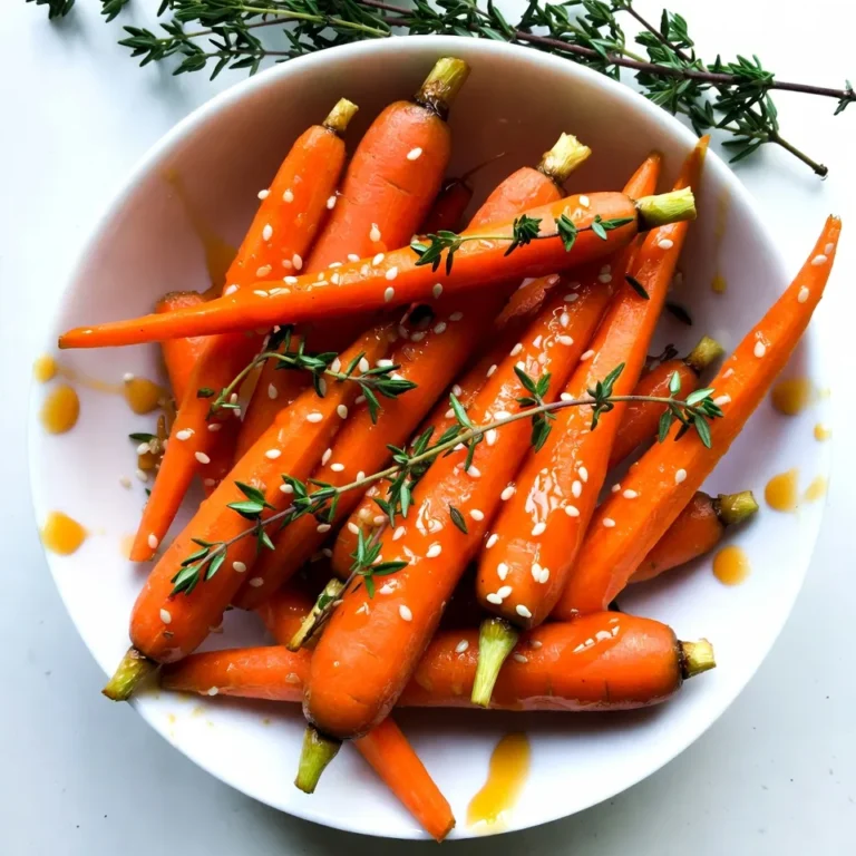 To make honey garlic glazed carrots, you will need: - 1 pound baby carrots, peeled - 3 tablespoons honey - 2 tablespoons unsalted butter - 3 cloves garlic, minced - 1 teaspoon fresh thyme leaves (or ½ teaspoon dried thyme) - Salt and pepper to taste - Optional: 1 tablespoon sesame seeds for garnish Using fresh ingredients makes a big difference. Fresh baby carrots taste sweet and crisp. They hold their shape well during cooking. Fresh garlic provides a strong, rich flavor. Fresh thyme adds a nice herbal note. When you choose fresh, you ensure your dish shines. It also boosts the health benefits. Fresh food is more nutritious and flavorful. To prepare these carrots, gather a few simple tools: - A large skillet for cooking - A sharp knife for mincing garlic - A cutting board for safety - A wooden spoon for stirring - Measuring spoons for accurate measurements These tools help you cook effectively. They ensure your honey garlic glazed carrots turn out great every time! {{ingredient_image_1}} Start by peeling 1 pound of baby carrots. This step helps the glaze stick better. You can wash the carrots under cold water to remove any dirt. Once clean, set them aside for cooking. 1. In a large skillet, melt 2 tablespoons of unsalted butter over medium heat. 2. Add 3 cloves of minced garlic to the skillet. Sauté for about 1 minute. Keep stirring until you smell the garlic but do not let it brown. 3. Stir in 3 tablespoons of honey and 1 teaspoon of fresh thyme. Mix until well combined. 4. Toss the peeled baby carrots in the honey garlic mixture. This step ensures every carrot gets coated. 5. Season with salt and pepper to taste. 6. Cover the skillet and let the carrots cook for 10 to 12 minutes. Stir occasionally to prevent sticking. The carrots should become tender and glazed. 7. If you like a caramelized flavor, uncover the skillet. Cook for an extra 2 to 3 minutes to thicken the glaze. Check the carrots with a fork. If they are soft but not mushy, they are done. For a bit more crunch, reduce the cooking time. Remember, you can always cook them longer if needed. Enjoy your delicious honey garlic glazed carrots! To boost the flavor of honey garlic glazed carrots, use fresh thyme. Fresh herbs make a big difference. You can also add a splash of soy sauce for depth. This adds saltiness and umami to the dish. If you like heat, try a pinch of red pepper flakes. The sweetness of the honey pairs well with a bit of spice. Lastly, finish with a drizzle of balsamic glaze for a tangy twist. One common mistake is overcooking the carrots. This makes them mushy and bland. Keep an eye on them while cooking. Stir occasionally to ensure even cooking. Another mistake is not seasoning enough. Salt and pepper enhance the natural carrot flavor. Don’t skip this step! Lastly, don’t forget to sauté the garlic briefly. If you cook it too long, it can burn and taste bitter. Serve honey garlic glazed carrots warm for the best flavor. They pair well with roasted meats like chicken or beef. Try adding them to a veggie platter for a colorful touch. You can also serve them alongside rice or quinoa. For a fancy presentation, drizzle extra honey on top. Garnish with fresh thyme and sesame seeds for visual appeal. Pro Tips Use Fresh Ingredients: Fresh baby carrots and quality honey will significantly enhance the flavor of your dish. Adjust Sweetness: Feel free to adjust the amount of honey based on your preference for sweetness; add more for a sweeter glaze. Try Different Herbs: Experiment with other herbs like rosemary or parsley for a unique flavor twist. Serve Warm: These glazed carrots are best served warm, so try to time your cooking to coincide with meal serving. {{image_2}} You can change the flavor by adding spices or herbs. Try a pinch of cayenne for heat. A dash of cumin can give a warm note. Fresh herbs like parsley or dill add brightness. You can mix and match to find what you love best! Mixing in other veggies can make your dish more colorful. Try adding sliced bell peppers for sweetness. Zucchini adds a nice texture, too. You can also add green beans for a crunch. Just adjust the cooking time so everything cooks evenly. If you want to swap the honey, you have options. Maple syrup works well and adds a unique taste. Agave nectar is another great choice. If you like it less sweet, use a bit of brown sugar. Each choice brings its own flavor twist! To store leftovers, let the honey garlic glazed carrots cool first. Then, place them in an airtight container. Keep the container in the fridge. They will stay fresh for up to three days. For best taste, eat them within this time frame. When you want to reheat the carrots, you can use the microwave or the stovetop. If using a microwave, warm them in short bursts. Stir every 30 seconds to avoid hot spots. If using the stovetop, place them in a skillet over low heat. Add a splash of water or a little butter to keep them moist. You can freeze honey garlic glazed carrots if you want to save them for later. First, let them cool completely. Then, place them in a freezer-safe container or bag. Be sure to remove as much air as possible. They can last in the freezer for up to three months. When you are ready to eat them, thaw in the fridge overnight before reheating. Yes, you can use regular carrots. Just peel and cut them into sticks or rounds. Aim for a size similar to baby carrots. This way, they cook evenly and absorb the glaze well. Cooking time may vary slightly, so check for tenderness. These carrots pair well with many dishes. You can serve them alongside roasted chicken or grilled steak. They also go nicely with rice or quinoa. For a vegetarian meal, try them with a hearty grain salad. The sweetness of the carrots adds a nice contrast. To make this dish vegan, swap the butter for a plant-based butter or oil. You can still use honey, but for a vegan option, substitute maple syrup or agave nectar. The taste will change slightly, but the dish will remain delicious and sweet. This post covered fresh ingredients and tools for making honey garlic glazed carrots. We discussed step-by-step cooking, tips to enhance flavor, and common mistakes. You learned about tasty variations and how to store leftovers properly. In summary, using fresh ingredients makes a difference. This dish can impress guests or make a simple meal special. Enjoy exploring new flavors and textures as you cook!