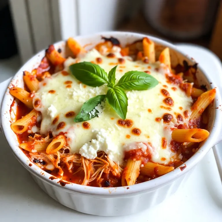 - 2 cups cooked chicken, shredded - 2 cups cooked penne pasta - 1 cup marinara sauce - 1 cup ricotta cheese - 1 ½ cups shredded mozzarella cheese - ½ cup grated Parmesan cheese - 1 teaspoon garlic powder - 1 teaspoon dried Italian herbs (oregano, basil, thyme) - Salt and pepper to taste - Fresh basil leaves for garnish (optional) When making Chicken Parmesan Casserole, the right ingredients matter. I love to use cooked chicken that is shredded. It makes the casserole tender and easy to eat. You can use leftover chicken or rotisserie chicken for this. Next, I use cooked penne pasta. It holds the sauce well and adds a nice bite. Marinara sauce is key for flavor. A good quality sauce makes a big difference. Ricotta cheese adds creaminess. It pairs well with the marinara. I also use lots of mozzarella cheese. It melts perfectly, giving that gooey texture we all love. Don’t forget the grated Parmesan for a nice finish. For spices, I add garlic powder for flavor and dried Italian herbs for depth. Salt and pepper help to taste. Finally, I like to use fresh basil for garnish. It adds color and a fresh taste. Use these ingredients to create a dish that your family will love. {{ingredient_image_1}} - Preheat your oven to 350°F (175°C). - Prepare the chicken and pasta ahead of time. To start, you want your oven hot and ready. This helps cook the casserole evenly. Next, cook your chicken and penne pasta. Shred the chicken into bite-sized pieces. Cook the pasta until it is al dente, which means firm to the bite. This way, it won’t get too soft in the oven. - Combine the shredded chicken, cooked penne pasta, marinara sauce, ricotta cheese, garlic powder, Italian herbs, salt, and pepper. - Layer the ingredients in the casserole dish as directed. In a large bowl, mix together the chicken, pasta, marinara sauce, ricotta cheese, garlic powder, Italian herbs, salt, and pepper. Make sure everything is coated well. This step is key to a tasty casserole. Now, grab a casserole dish. Spread half of the chicken mixture evenly in the bottom. Next, sprinkle half of the shredded mozzarella and half of the grated Parmesan cheese on top of that layer. Repeat with the rest of the chicken mixture and finish with the remaining cheese. - Cover the casserole with aluminum foil and bake for 25 minutes. - Remove the foil and bake for an additional 15 minutes until cheese is golden brown. Cover your dish tightly with aluminum foil. This keeps moisture in while it bakes. Place the casserole in your preheated oven and bake for 25 minutes. After that, take off the foil to let the cheese get golden brown. Bake for another 15 minutes. The cheese should be bubbly and golden. Let the casserole cool for a few minutes before serving. To keep the casserole moist, use cooked chicken that is not too dry. Shredded rotisserie chicken works well. The marinara sauce also helps to add moisture. Stir it gently to coat everything well. To prevent the cheese from burning, cover the casserole with aluminum foil during the first part of baking. After 25 minutes, you can remove the foil. This keeps the cheese from browning too soon and allows it to melt perfectly. For a great presentation, serve the casserole right from the dish. Add a sprinkle of fresh basil on top. This not only looks nice but adds a fresh taste. Pair Chicken Parmesan Casserole with a side salad. A simple green salad with lemon vinaigrette works well. Garlic bread is another tasty side that everyone loves. If the casserole is too dry, add a little more marinara sauce. Mix it in gently before serving. This will help bring back the moisture. If the cheese on top is burnt, cover it with a layer of fresh mozzarella. Then, put it back in the oven for a few minutes. This can help mask the burnt flavor and add a fresh cheesy layer. Pro Tips Use Leftover Chicken: This recipe is a great way to use up leftover rotisserie chicken or any cooked chicken you have on hand, saving you time and reducing food waste. Customize the Cheese: Feel free to mix and match different cheeses like provolone or fontina for a unique flavor twist in your casserole. Add Veggies: Incorporate vegetables like spinach, bell peppers, or mushrooms into the layers for added nutrition and flavor. Make Ahead: Prepare the casserole a day in advance and store it in the refrigerator. Just pop it in the oven when you’re ready to serve! {{image_2}} You can switch up the pasta in this dish. Penne works well, but you can try rotini or shells. These shapes hold the sauce nicely and add fun to each bite. For cheese, consider using provolone or fontina. These cheeses melt well and give a rich flavor. You can also mix different cheeses for a unique taste. You can make this dish lighter. Use low-fat ricotta and mozzarella for a healthier twist. You can also use a low-sugar marinara sauce. This keeps the flavors while cutting down on fat. Adding veggies boosts nutrition. Sauté some spinach, zucchini, or bell peppers. Stir them into the chicken mix for added color and taste. If you want to try a slow cooker, it’s easy. Just mix all the ingredients and place them in the cooker. Set it on low for about 4 hours. This method makes it tender and juicy. For quicker prep, use an Instant Pot. Combine all ingredients in the pot and seal it. Cook on high pressure for just 10 minutes. This saves time but still gives great flavor. To store leftovers, let the casserole cool first. Then, place it in an airtight container. This keeps it fresh and tasty. You can keep it in the fridge for up to three days. For best results, reheat it in the oven. This way, it stays crispy on top. If you want to save some for later, freezing is a great idea. First, let the casserole cool completely. Then, wrap it tightly in aluminum foil or use a freezer-safe container. It can stay frozen for up to three months. When you are ready to eat it, thaw it overnight in the fridge. For reheating, bake it at 350°F (175°C) until bubbly. This usually takes about 30-40 minutes. In the fridge, your Chicken Parmesan Casserole is good for three days. If you freeze it, it lasts for three months. Always check for freshness before eating. If it smells off or looks strange, throw it away. Enjoy your delicious meals without worry! If you need a ricotta cheese swap, try cottage cheese. It has a similar texture but is a bit thicker. Cream cheese is another option; it adds richness but can be denser. You can also use Greek yogurt for a tangy twist. Just remember, each option changes the taste slightly. Yes, you can prep this casserole in advance. Prepare it the night before and store it in the fridge. This way, the flavors meld nicely. When you're ready to bake, just pop it in the oven. If it's cold, add a few extra minutes to the baking time. This method makes weeknight dinners much easier. To make this casserole gluten-free, swap out the penne pasta for gluten-free pasta. Many brands offer good options that taste great. Check the marinara sauce label too, as some sauces may contain gluten. By making these changes, you can enjoy this dish without worry. In this article, I shared a simple and tasty Chicken Parmesan Casserole recipe. You learned about the key ingredients, step-by-step instructions, and helpful tips to make your dish a success. I also covered variations, storage methods, and answered common questions. Whether you try different cheeses or use a slow cooker, this casserole is easy to adapt. Enjoy sharing this warm, cheesy meal with family and friends. It’s sure to bring smiles around the table!
