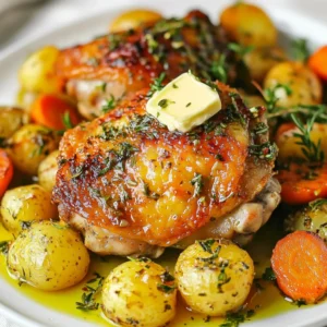 - 4 bone-in chicken thighs, skin-on - 1/2 cup unsalted butter, softened - 2 tablespoons fresh rosemary, finely chopped - 2 tablespoons fresh thyme, finely chopped - 1 tablespoon fresh parsley, finely chopped - 1 lemon, zested and juiced - 4 cloves garlic, minced - 1 cup baby carrots - 1 cup baby potatoes, halved First, I preheat the oven to 425°F (220°C). This step is key for crispy skin. Next, I mix the softened butter, minced garlic, chopped herbs, lemon zest, lemon juice, salt, and pepper in a medium bowl. I blend it well to create a tasty herb butter. I pat the chicken thighs dry with paper towels. This helps the skin get crispy. Then, I carefully loosen the skin on each thigh with my fingers. I make sure not to tear it. I take about half of the herb butter and smear it under the skin. This adds flavor right where it counts. I rub the rest of the herb butter over the skin. Finally, I season the outside with salt and pepper. In a large roasting pan, I toss the baby carrots and halved baby potatoes with a drizzle of olive oil, salt, and pepper. I arrange the seasoned chicken thighs on top of the veggies. Then, I roast it all in the preheated oven for 35-40 minutes. I look for golden brown skin and check that the internal temperature reaches 165°F (75°C). After cooking, I let the chicken rest for 5-10 minutes to keep it juicy. I serve the chicken over the roasted vegetables and drizzle with pan juices. {{ingredient_image_1}} Letting the chicken rest is key to keeping it juicy. After roasting, set the chicken aside for 5-10 minutes. This helps the juices move back into the meat. If you skip this step, the juices will run out when you cut it. Always check the internal temperature. Use a meat thermometer to ensure it reads 165°F (75°C). This marks the chicken as safe to eat. Plus, it helps you avoid overcooking the meat. Try adding more herbs and spices to the mix. Fresh basil or oregano can add a new twist. You can also experiment with spices like paprika or cumin. This lets you create a unique taste that suits your mood. Using compound butter variations can also boost flavor. Mix in some chili flakes for heat or a pinch of smoked paprika for depth. This simple change can turn a good dish into a great one. If you prefer chicken breasts, you can use them instead. They will cook faster, so adjust the time accordingly. Drumsticks are another great option, providing a different texture and flavor. You can roast other vegetables with the chicken too. Consider bell peppers, zucchini, or onions. They add color and taste while cooking in the same pan. This also makes cleanup a breeze. For leftover chicken, cool it down first. Store it in an airtight container in the fridge. It should last about 3-4 days. If you want to keep it longer, consider freezing. To freeze, wrap the chicken tightly in foil or plastic wrap. Then place it in a freezer bag. This way, it can last up to 3 months. When reheating, keep the chicken moist. Use the oven at 350°F (175°C) and cover it with foil. This helps trap steam and keeps it juicy. Heat for about 15-20 minutes, checking until it's warm throughout. Each serving of herb butter roasted chicken thighs provides: - Calories: About 480 - Total Fat: 33g - Saturated Fat: 14g - Protein: 30g - Carbohydrates: 12g This breakdown shows how tasty and filling this dish is. Chicken thighs are a great source of protein. Butter adds flavor and healthy fats. The veggies contribute some carbs and fiber, making it a balanced meal. Using fresh herbs in cooking is a smart choice. They add flavor without extra salt. Fresh herbs also provide vitamins and antioxidants. Rosemary, thyme, and parsley are great for boosting your immune system. Chicken thighs have their own health perks. They are rich in protein, which helps build muscles. The skin adds some healthy fats, which can keep you full. Plus, they have iron, which is good for your blood. This meal is both delicious and good for you! Pro Tips Use Fresh Herbs: Fresh herbs provide the best flavor. If possible, use them straight from the garden for maximum aroma and taste. Let the Butter Soften: Ensure your butter is softened at room temperature to make it easier to mix with herbs and spread under the chicken skin. Check the Internal Temperature: Use a meat thermometer to check that the internal temperature of the chicken reaches at least 165°F (75°C) for safe consumption. Rest the Chicken: Allow the chicken to rest for 5-10 minutes after roasting. This helps retain the juices and keeps the meat moist. {{image_2}} Can I use frozen chicken thighs? Yes, you can use frozen chicken thighs. Just remember to thaw them first. Thaw them in the fridge overnight for the best results. If you cook them from frozen, increase the cooking time by about 50%. This helps ensure they cook through safely. How can I tell when the chicken is done cooking? To check if the chicken is done, use a meat thermometer. The internal temperature should reach 165°F (75°C). You can also cut into the thickest part of the thigh. The juices should run clear, and the meat should not be pink. How to adjust for larger servings? To serve more people, simply double or triple the recipe. Use more chicken thighs and add extra butter and herbs. Make sure your roasting pan is large enough. You may need to roast in batches if it gets crowded. Can I make this recipe in a slow cooker? Yes, you can use a slow cooker. Prepare the herb butter as directed. Then smear it under the skin. Place the chicken in the slow cooker with the veggies. Cook on low for 6-8 hours or high for 3-4 hours. This method makes the chicken very tender. What can I substitute for unsalted butter? If you need a substitute for unsalted butter, try using olive oil or coconut oil. These will change the flavor slightly but add a nice richness. You could also use margarine if preferred. Are there alternatives to fresh herbs? Yes, you can use dried herbs instead of fresh. Use about 1 teaspoon of dried herbs for every tablespoon of fresh. Just remember that dried herbs are more potent, so start small and adjust to your taste. This blog post covered how to make juicy roasted chicken thighs with fresh herbs and vegetables. We explored key ingredients, step-by-step instructions, and helpful tips. You learned how to enhance the flavor with herb butter and choose the right veggies. Plus, I shared storage and reheating tips for your leftovers. Remember, fresh herbs and patience help create a tasty dish. Enjoy making this meal easy and healthy!