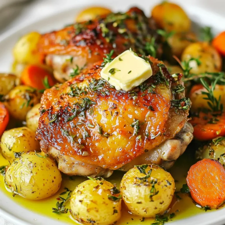 - 4 bone-in chicken thighs, skin-on - 1/2 cup unsalted butter, softened - 2 tablespoons fresh rosemary, finely chopped - 2 tablespoons fresh thyme, finely chopped - 1 tablespoon fresh parsley, finely chopped - 1 lemon, zested and juiced - 4 cloves garlic, minced - 1 cup baby carrots - 1 cup baby potatoes, halved First, I preheat the oven to 425°F (220°C). This step is key for crispy skin. Next, I mix the softened butter, minced garlic, chopped herbs, lemon zest, lemon juice, salt, and pepper in a medium bowl. I blend it well to create a tasty herb butter. I pat the chicken thighs dry with paper towels. This helps the skin get crispy. Then, I carefully loosen the skin on each thigh with my fingers. I make sure not to tear it. I take about half of the herb butter and smear it under the skin. This adds flavor right where it counts. I rub the rest of the herb butter over the skin. Finally, I season the outside with salt and pepper. In a large roasting pan, I toss the baby carrots and halved baby potatoes with a drizzle of olive oil, salt, and pepper. I arrange the seasoned chicken thighs on top of the veggies. Then, I roast it all in the preheated oven for 35-40 minutes. I look for golden brown skin and check that the internal temperature reaches 165°F (75°C). After cooking, I let the chicken rest for 5-10 minutes to keep it juicy. I serve the chicken over the roasted vegetables and drizzle with pan juices. {{ingredient_image_1}} Letting the chicken rest is key to keeping it juicy. After roasting, set the chicken aside for 5-10 minutes. This helps the juices move back into the meat. If you skip this step, the juices will run out when you cut it. Always check the internal temperature. Use a meat thermometer to ensure it reads 165°F (75°C). This marks the chicken as safe to eat. Plus, it helps you avoid overcooking the meat. Try adding more herbs and spices to the mix. Fresh basil or oregano can add a new twist. You can also experiment with spices like paprika or cumin. This lets you create a unique taste that suits your mood. Using compound butter variations can also boost flavor. Mix in some chili flakes for heat or a pinch of smoked paprika for depth. This simple change can turn a good dish into a great one. If you prefer chicken breasts, you can use them instead. They will cook faster, so adjust the time accordingly. Drumsticks are another great option, providing a different texture and flavor. You can roast other vegetables with the chicken too. Consider bell peppers, zucchini, or onions. They add color and taste while cooking in the same pan. This also makes cleanup a breeze. For leftover chicken, cool it down first. Store it in an airtight container in the fridge. It should last about 3-4 days. If you want to keep it longer, consider freezing. To freeze, wrap the chicken tightly in foil or plastic wrap. Then place it in a freezer bag. This way, it can last up to 3 months. When reheating, keep the chicken moist. Use the oven at 350°F (175°C) and cover it with foil. This helps trap steam and keeps it juicy. Heat for about 15-20 minutes, checking until it's warm throughout. Each serving of herb butter roasted chicken thighs provides: - Calories: About 480 - Total Fat: 33g - Saturated Fat: 14g - Protein: 30g - Carbohydrates: 12g This breakdown shows how tasty and filling this dish is. Chicken thighs are a great source of protein. Butter adds flavor and healthy fats. The veggies contribute some carbs and fiber, making it a balanced meal. Using fresh herbs in cooking is a smart choice. They add flavor without extra salt. Fresh herbs also provide vitamins and antioxidants. Rosemary, thyme, and parsley are great for boosting your immune system. Chicken thighs have their own health perks. They are rich in protein, which helps build muscles. The skin adds some healthy fats, which can keep you full. Plus, they have iron, which is good for your blood. This meal is both delicious and good for you! Pro Tips Use Fresh Herbs: Fresh herbs provide the best flavor. If possible, use them straight from the garden for maximum aroma and taste. Let the Butter Soften: Ensure your butter is softened at room temperature to make it easier to mix with herbs and spread under the chicken skin. Check the Internal Temperature: Use a meat thermometer to check that the internal temperature of the chicken reaches at least 165°F (75°C) for safe consumption. Rest the Chicken: Allow the chicken to rest for 5-10 minutes after roasting. This helps retain the juices and keeps the meat moist. {{image_2}} Can I use frozen chicken thighs? Yes, you can use frozen chicken thighs. Just remember to thaw them first. Thaw them in the fridge overnight for the best results. If you cook them from frozen, increase the cooking time by about 50%. This helps ensure they cook through safely. How can I tell when the chicken is done cooking? To check if the chicken is done, use a meat thermometer. The internal temperature should reach 165°F (75°C). You can also cut into the thickest part of the thigh. The juices should run clear, and the meat should not be pink. How to adjust for larger servings? To serve more people, simply double or triple the recipe. Use more chicken thighs and add extra butter and herbs. Make sure your roasting pan is large enough. You may need to roast in batches if it gets crowded. Can I make this recipe in a slow cooker? Yes, you can use a slow cooker. Prepare the herb butter as directed. Then smear it under the skin. Place the chicken in the slow cooker with the veggies. Cook on low for 6-8 hours or high for 3-4 hours. This method makes the chicken very tender. What can I substitute for unsalted butter? If you need a substitute for unsalted butter, try using olive oil or coconut oil. These will change the flavor slightly but add a nice richness. You could also use margarine if preferred. Are there alternatives to fresh herbs? Yes, you can use dried herbs instead of fresh. Use about 1 teaspoon of dried herbs for every tablespoon of fresh. Just remember that dried herbs are more potent, so start small and adjust to your taste. This blog post covered how to make juicy roasted chicken thighs with fresh herbs and vegetables. We explored key ingredients, step-by-step instructions, and helpful tips. You learned how to enhance the flavor with herb butter and choose the right veggies. Plus, I shared storage and reheating tips for your leftovers. Remember, fresh herbs and patience help create a tasty dish. Enjoy making this meal easy and healthy!