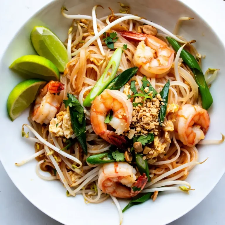 - 8 oz rice noodles - 1 lb shrimp, peeled and deveined - 2 tablespoons vegetable oil - 2 cloves garlic, minced - 2 eggs, lightly beaten - 2 green onions, sliced - 1 cup bean sprouts - 3 tablespoons Pad Thai sauce (store-bought or homemade) - 1 tablespoon fish sauce - 1 tablespoon lime juice - ¼ cup crushed peanuts - Lime wedges for serving - Fresh cilantro, for garnish - Optional: Sriracha sauce for extra heat For this recipe, I start with rice noodles. They are soft and chewy. You need about 8 ounces. Next, I choose fresh shrimp. One pound of shrimp, peeled and deveined, works best. I use vegetable oil to cook everything. Two tablespoons is perfect. Garlic adds great flavor, so I use two cloves, minced. For richness, I add two lightly beaten eggs. Fresh vegetables bring color and crunch. I slice two green onions and add one cup of bean sprouts. For flavor, I use three tablespoons of Pad Thai sauce. I also add one tablespoon of fish sauce and one tablespoon of lime juice. To finish, I sprinkle ¼ cup of crushed peanuts on top. Lime wedges are great for serving. Fresh cilantro adds a lovely touch. If you like heat, Sriracha sauce is a tasty option. Each ingredient brings unique flavors, making this dish delightful! {{ingredient_image_1}} First, you need to cook the rice noodles. Follow the package guide for timing. I usually boil them until al dente. After cooking, drain the noodles. Rinse them under cold water to stop the cooking process. This step helps avoid sticking. Once rinsed, set the noodles aside for later. Heat a large pan or wok over medium-high heat. Add one tablespoon of vegetable oil. When the oil is hot, toss in the shrimp. Cook them for about 3 to 4 minutes. You want the shrimp to turn pink and opaque. This change shows they are done. Once cooked, remove the shrimp from the pan and set them aside. In the same pan, add another tablespoon of vegetable oil. Pour in the beaten eggs. Use a spatula to scramble them gently. Aim for fluffy eggs that are firm but soft. Once scrambled, push the eggs to one side of the pan. This will help with the next step. Now, add the minced garlic to the pan. Stir it for about 30 seconds until it smells great. Then, add the drained rice noodles. Pour in the Pad Thai sauce, fish sauce, and lime juice. Toss everything together well. Make sure the noodles are evenly coated and heated through. Next, add the cooked shrimp back into the pan. Include the sliced green onions and bean sprouts. Toss all the ingredients for another 2 to 3 minutes. This mixing ensures every bite is full of flavor. To serve, plate the shrimp Pad Thai beautifully. Sprinkle crushed peanuts on top for crunch. Add fresh cilantro for a burst of color. Serve with lime wedges on the side. If you like heat, drizzle some Sriracha sauce on top. Enjoy your meal! To cook shrimp perfectly, focus on timing. Cook shrimp for about 3-4 minutes. They should turn pink and opaque. Overcooking makes them tough and chewy. If you want a different protein, you can use chicken or tofu instead. Just adjust the cooking time for chicken, as it takes longer to cook through. For the best noodle texture, cook rice noodles until just al dente. This means they should be firm but not hard. After cooking, rinse them under cold water. This step stops the cooking and prevents sticking. To avoid clumping, toss the noodles with a bit of oil after rinsing. Using homemade Pad Thai sauce boosts flavor. You can mix soy sauce, tamarind, and sugar for a great taste. If you want some heat, drizzle Sriracha on top before serving. Adjust the amount based on your spice preference. Pro Tips Perfect Noodles: Make sure to cook the rice noodles just until al dente. Overcooked noodles can become mushy and lose their texture. High Heat Cooking: Use a high heat setting when cooking shrimp and noodles; this helps to achieve that classic stir-fried flavor and prevents them from steaming. Customize Your Sauce: Adjust the amount of Pad Thai sauce and fish sauce to match your taste preference. You can add more lime juice for extra tanginess. Fresh Ingredients: Always use fresh ingredients like cilantro and lime for garnish to enhance the flavors and presentation of your dish. {{image_2}} You can easily make this dish vegetarian or vegan. Just swap the shrimp for tofu. Firm tofu works best; it holds its shape when cooked. Cut it into small cubes and sauté it until golden brown. This gives it a nice texture. For sauces, check labels for vegan options. Some Pad Thai sauces contain fish sauce. You can use soy sauce or a mix of tamari and lime juice instead. This keeps the flavor rich and satisfying without animal products. If you want to switch things up, try chicken or beef. Thinly slice the protein of your choice. Cook it the same way as shrimp, but expect longer cooking times. Chicken takes about 5-7 minutes to cook, while beef usually needs 4-6 minutes. Always make sure meat is fully cooked to a safe temperature. Feel free to add your favorite veggies! Bell peppers, carrots, or snap peas work great. You can even toss in some broccoli for a crunchy bite. Seasonal veggies like zucchini or asparagus can also be delicious. Think about what’s fresh at the market. Adding seasonal ingredients boosts flavor and nutrition. You can mix and match to create your perfect Pad Thai! After enjoying your Easy Shrimp Pad Thai, let it cool down. Place leftovers in an airtight container. This keeps the flavors fresh and prevents spills. Store your Pad Thai in the fridge. It stays good for about three days. When it's time to eat your leftovers, reheating is simple. You can use a microwave or stovetop. If using the microwave, heat in short bursts. Stir in between to ensure even heating. For the stovetop, add a splash of water to keep it moist. Heat on low, stirring often until hot. If you want to save some for later, freezing is a great choice. First, let the Pad Thai cool completely. Then, portion it into freezer-safe bags. Remove as much air as possible. This helps prevent freezer burn. To thaw, place it in the fridge overnight. Reheat using the stovetop method for best results. Easy Shrimp Pad Thai lasts about 3 to 4 days in the fridge. Store it in an airtight container. Make sure to cool it before putting it away. This way, it stays fresh and tasty for your next meal. Yes, you can use different noodles! While rice noodles are classic, you can try egg noodles or even zucchini noodles. Just be aware that each noodle type may change the texture a bit. If you choose a different noodle, adjust the cooking time as needed. Pad Thai can be gluten-free, but it depends on the sauce. Rice noodles are gluten-free, but some Pad Thai sauces contain soy sauce, which has gluten. Look for gluten-free soy sauce or make your own sauce at home to keep it safe for gluten-free diets. If you need a substitute for fish sauce, try soy sauce or tamari for a soy-based option. You can mix soy sauce with a bit of lime juice for a similar flavor. If you want a vegan option, consider using mushroom soy sauce or a blend of soy sauce and miso. This recipe is mild but can be adjusted for more heat. If you love spice, add Sriracha sauce or red pepper flakes. Start with a little, then taste and add more if needed. Balance is key, so find the level of heat that you enjoy. This blog post covered the key steps to make Easy Shrimp Pad Thai. You learned about the best ingredients and how to cook them perfectly. We shared tips for storage, reheating, and creative variations. I hope you feel ready to create your own delicious meal. Enjoy experimenting with flavors and ingredients. Remember, cooking is about fun and creativity. Your perfect Pad Thai awaits.