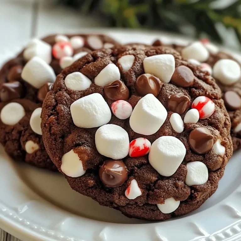 - 1 cup unsalted butter, softened - 1 cup granulated sugar - 1 cup brown sugar, packed - 2 large eggs - 1 teaspoon vanilla extract - 3 cups all-purpose flour - 1 cup cocoa powder - 1 teaspoon baking soda - 1/2 teaspoon salt - 1 cup semi-sweet chocolate chips - 1/2 cup crushed peppermint candies (plus extra for topping) - 1/2 cup mini marshmallows These ingredients come together to create warm, gooey cookies. The unsalted butter gives richness. The sugars add sweetness and help the cookies rise. Eggs bind everything, while vanilla gives it a delicious aroma. Cocoa powder gives the cookies their deep chocolate flavor. All-purpose flour helps create the right texture. Baking soda makes the cookies light and fluffy, while salt balances the sweetness. The semi-sweet chocolate chips melt and create pockets of chocolate in each bite. Crushed peppermint candies add a refreshing twist, and mini marshmallows bring that cozy hot chocolate feel. These ingredients bring joy in every bite. {{ingredient_image_1}} First, you need to preheat your oven to 350°F (175°C). This step warms the oven to bake the cookies evenly. Next, line two baking sheets with parchment paper. This keeps the cookies from sticking. It also makes cleaning up much easier. In a large bowl, cream together 1 cup of softened unsalted butter, 1 cup of granulated sugar, and 1 cup of packed brown sugar. Mix them well until the mixture looks light and fluffy. This step adds air, which helps the cookies rise. Now, add 2 large eggs, one at a time. Make sure to mix well after each egg. This ensures they blend evenly. Next, stir in 1 teaspoon of vanilla extract. The vanilla adds a lovely flavor to your cookies. In another bowl, whisk together 3 cups of all-purpose flour, 1 cup of cocoa powder, 1 teaspoon of baking soda, and 1/2 teaspoon of salt. Mixing these dry ingredients together helps to evenly distribute the baking soda and salt. Gradually add this mixture to the wet ingredients. Mix until everything is just combined. Don't overmix; this keeps the cookies soft. Fold in 1 cup of semi-sweet chocolate chips and 1/2 cup of crushed peppermint candies. Make sure these goodies are evenly spread throughout the dough. This adds great flavor and texture. Drop tablespoon-sized portions of dough onto your lined baking sheets. Space them about 2 inches apart. This allows room for the cookies to spread. Gently press a few mini marshmallows on top of each cookie. Then, sprinkle extra crushed peppermint on top for a fun touch. Bake the cookies for 10-12 minutes. They should have set edges but soft centers. Once baked, take the cookies from the oven. Let them cool on the baking sheets for 5 minutes. This helps them firm up. After that, move them to wire racks to cool completely. Serve these cookies warm. They are perfect with a cup of hot chocolate for a cozy treat. For a great cookie texture, use room temperature butter. This helps create a fluffy mix when you cream it with sugar. The right balance of fat and flour gives your cookies a chewy center. Don't over-mix the dough once you add the flour. Mixing just until combined keeps the cookies soft and tender. To really boost the peppermint taste, use crushed peppermint candies. I suggest adding half a cup to the dough. For a stronger flavor, try adding a few drops of peppermint extract. This can pack a punch without changing the cookie's texture. Always taste your dough to find the right balance for your palate. Bake your cookies at 350°F (175°C) for 10-12 minutes. Check for set edges but soft centers. This ensures a chewy bite. Let them cool on the baking sheet for five minutes. This helps them firm up before moving them to wire racks. Keep an eye on the cookies; ovens can vary, and you want them just right. Pro Tips Chill the Dough: For a firmer cookie dough that holds its shape better, chill the prepared dough in the refrigerator for at least 30 minutes before baking. Use Quality Ingredients: Opt for high-quality cocoa powder and chocolate chips to enhance the rich chocolate flavor of your cookies. Don’t Overbake: Keep a close eye on the cookies; they should look slightly underbaked in the center when you take them out, as they will continue to set while cooling. Customize Your Toppings: Feel free to swap out peppermint for other flavors like crushed toffee or nuts, depending on your preference! {{image_2}} You can make these cookies gluten-free. Just swap all-purpose flour with a gluten-free blend. Look for one that works well for baking. This change keeps the texture soft and chewy. The taste stays rich and chocolatey. You won’t miss the gluten at all! Feel free to get creative! You can add mix-ins to the dough. Chopped nuts, like walnuts or pecans, give a nice crunch. White chocolate chips add sweetness and creaminess. Try adding a sprinkle of sea salt for a fun twist. Each mix-in creates a new cookie experience. The garnishes can elevate your cookies. Instead of crushed peppermint, consider using crushed cookies or nuts. A drizzle of melted chocolate on top looks fancy. You can even add a dusting of powdered sugar for a snowy effect. Arrange them on a pretty platter for a festive touch. These small details impress everyone! To store leftover cookies, place them in an airtight container. Keep the container at room temperature. This will keep the cookies soft and chewy. If you stack them, add parchment paper between the layers. This prevents them from sticking together. Freezing these cookies is easy! First, let them cool completely. Then, place them in a single layer on a baking sheet. Freeze them for about an hour. After that, transfer the cookies to a freezer bag. Remove as much air as possible. They can last up to three months in the freezer. To keep your cookies fresh, avoid exposing them to air. Store them with a slice of bread. The bread helps to keep them moist. Check the container often to replace the bread if it gets hard. Enjoy your peppermint hot chocolate cookies for days to come! Yes, you can use different types of chocolate. Dark chocolate adds a rich flavor. White chocolate brings sweetness and creaminess. You can even mix them for depth. Just remember, the chocolate should still melt well in the dough. To make these cookies vegan, you can replace the butter with vegan butter. Use flax eggs instead of regular eggs. Mix one tablespoon of ground flaxseed with three tablespoons of water for each egg. Replace the chocolate chips with dairy-free options. These swaps keep the cookies tasty and enjoyable for everyone. Yes, you can substitute some ingredients. If you don’t have unsalted butter, use salted butter and skip the added salt. You can swap granulated sugar with coconut sugar for a different taste. If you lack cocoa powder, try carob powder. Just remember, these swaps may change the final flavor and texture. Store cookies in an airtight container at room temperature. This keeps them soft and chewy. If you want them to last longer, freeze them. Place them in a freezer bag, separating layers with parchment paper. They can last up to three months in the freezer. When ready, thaw at room temperature and enjoy! In this article, we explored a delicious cookie recipe that brings joy. We covered essential ingredients, clear steps, and handy tips to perfect your bake. You can even enjoy variations like gluten-free options or extra mix-ins. Remember to store cookies correctly for lasting freshness. Now, you’re ready to impress with your baking skills. Enjoy the sweet rewards from your kitchen creations!