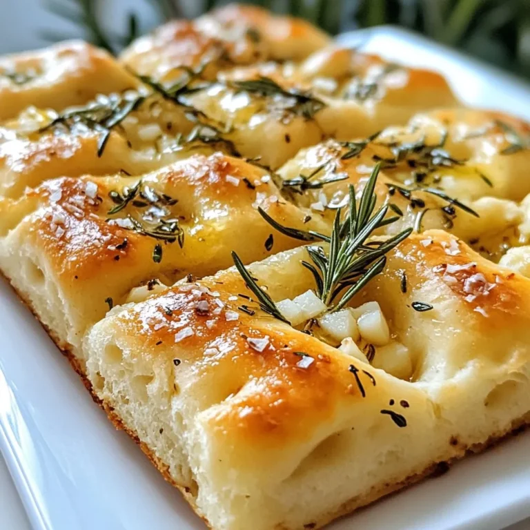 To make your rosemary garlic focaccia, you need a few simple items. Here’s the list: - 2 cups all-purpose flour - 1 cup warm water (about 110°F) - 2 teaspoons active dry yeast - 1 teaspoon sugar - 1 teaspoon salt - 1/4 cup olive oil, plus extra for drizzling - 2 tablespoons fresh rosemary, chopped - 4 cloves garlic, thinly sliced - Flaky sea salt, for topping These ingredients come together to create a soft, flavorful bread. The warm water helps the yeast wake up, while the olive oil adds richness. Fresh rosemary and garlic bring a fragrant touch. Each bite delivers a savory experience that’s hard to resist! {{ingredient_image_1}} - First, combine 1 cup of warm water, 1 teaspoon of sugar, and 2 teaspoons of active dry yeast in a small bowl. Let it sit for about 5 minutes. You want it to get frothy. - In a large bowl, mix 2 cups of all-purpose flour and 1 teaspoon of salt. Make a well in the center. Pour in the yeast mixture and 1/4 cup of olive oil. - Now, mix until a dough forms. Knead the dough on a floured surface for about 5 minutes. You want it to be smooth and elastic. - Place the dough in a lightly oiled bowl. Cover it with a damp cloth. Let it rise in a warm spot for about 1 hour. It should double in size. - Preheat your oven to 425°F (220°C). - Once the dough has risen, punch it down. Transfer it to a greased baking sheet or an oiled skillet. - Using your fingers, stretch and press the dough into a rectangular shape or a circle if you use a skillet. Create dimples in the dough using your fingertips. Drizzle with olive oil. - Evenly sprinkle chopped rosemary, sliced garlic, and flaky sea salt on top. - Let the dough rest for another 20-30 minutes to puff up slightly. - Bake in the preheated oven for 20-25 minutes. It should turn golden brown and smell great. - Remove it from the oven and let it cool slightly before slicing and serving. For perfect focaccia, start with the yeast. Use warm water around 110°F. This helps the yeast grow. If the water is too hot, it can kill the yeast. If it's too cold, the yeast will not grow well. Next, knead the dough. Kneading builds strength and texture. I suggest kneading for about five minutes. Your dough should feel smooth and elastic. This gives the focaccia a nice bite. Rosemary garlic focaccia pairs well with many foods. Serve it with olive oil for dipping. You can also enjoy it with soup or salad. For a rustic look, place the focaccia on a wooden board. Add fresh rosemary on top for color. This makes your dish look more inviting and delicious. You can make your focaccia even better with toppings. Consider adding cheese like mozzarella or parmesan. Fresh herbs like thyme or oregano can also add depth. Another idea is to infuse your olive oil. Try adding garlic or chili for a spicy kick. These simple changes can take your focaccia to the next level. Pro Tips Use Fresh Ingredients: The flavor of your focaccia will greatly improve with fresh rosemary and garlic. Opt for high-quality olive oil for a richer taste. Perfect Temperature: Ensure your water is at the right temperature (about 110°F) to activate the yeast without killing it. Use a thermometer for accuracy. Resting Time Matters: Allowing the dough to rest before baking helps it achieve a better texture and flavor. Don’t rush this step! Experiment with Toppings: Feel free to add other toppings like olives, sun-dried tomatoes, or cheese before baking for extra flavor and variety. {{image_2}} You can change up your focaccia by adding cheese. Mozzarella and parmesan work well. Just sprinkle them on top before baking. This adds creaminess and flavor. You can also use different herbs. Try thyme or oregano instead of rosemary. These herbs bring a lovely taste and smell. It’s a fun way to change the dish. Incorporate fresh vegetables for a seasonal twist. Sliced tomatoes or olives are great choices. They add color and taste to the bread. You can adapt the recipe for holidays too. For example, add pumpkin spice in fall or cranberries in winter. This keeps the focaccia exciting all year long. If you need gluten-free options, use alternative flours. Almond flour or rice flour are good choices. Just keep in mind that these may change the texture. You may also need to adjust the rising time. Gluten-free dough often takes longer to rise. Watch for a nice puff before baking. To keep your focaccia fresh, store it in a paper bag at room temperature. This allows air to flow while preventing it from getting too dry. If you have extra focaccia, you can place it in a plastic bag. However, it may lose some crispness. For the best taste, eat it within two days. If you need more time, put it in the fridge. Refrigerated focaccia lasts about a week, but it may dry out. When reheating focaccia, the oven is your best friend. Preheat it to 350°F (175°C). Wrap the focaccia in foil to keep it moist. Heat for about 10 minutes or until warm. If you’re in a hurry, you can use the microwave. Place a slice on a plate and cover it with a damp paper towel. Heat for 20 seconds, but check for moisture. You want it warm but not soggy. Freezing focaccia is simple. Wrap it tightly in plastic wrap or foil. You can also use a freezer bag. Make sure to remove as much air as possible. Focaccia stays fresh in the freezer for up to three months. When you’re ready to eat it, take it out and let it defrost at room temperature. For the best results, reheat it in the oven after defrosting. This keeps the texture nice and fluffy. Focaccia bread is a flat oven-baked bread. It comes from Italy. The name "focaccia" means "hearth" in Latin. Traditionally, bakers cook it on the hearth of a wood-fired oven. Focaccia has a soft texture and a crunchy crust. You can top it with herbs, garlic, or olives. It is great for dipping in olive oil or serving with meals. Yes, you can make this focaccia vegan. To do so, replace the honey with agave syrup or maple syrup. Use a plant-based oil like avocado oil instead of olive oil, if desired. Ensure your yeast is vegan-friendly, which most brands are. This way, you can enjoy delicious focaccia that fits your diet. You can tell your focaccia is done by checking its color and texture. It should be golden brown on top. Gently press the bread; it should feel firm and spring back. If it looks pale or feels doughy, it needs more time. Signs of overbaking include a dark crust and a dry texture. Keep an eye on it while baking to get the best results. You learned how to make delicious rosemary garlic focaccia from scratch. We covered the key ingredients and detailed steps to prepare, knead, and bake it. I shared tips to enhance flavor, serving ideas, variations, and storage instructions. Remember, cooking is fun, and there is room for creativity. So, don’t hesitate to try new toppings and flavors. Enjoy your focaccia journey and impress everyone with your fresh bread!