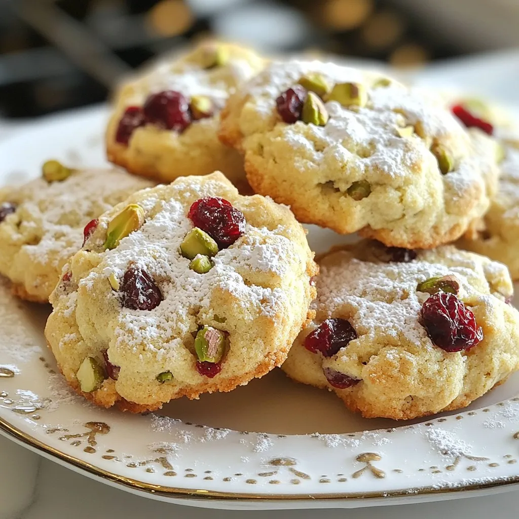 - 1 cup unsalted butter, softened - 3/4 cup brown sugar, packed - 1/2 cup granulated sugar - 1 large egg - 2 teaspoons vanilla extract - 2 cups all-purpose flour - 1/2 teaspoon baking soda - 1/2 teaspoon baking powder - 1/4 teaspoon salt - 1 cup dried cranberries, roughly chopped - 3/4 cup pistachios, shelled and roughly chopped - 1/2 teaspoon orange zest (optional) Each ingredient plays a key role in making these cookies special. First, the unsalted butter adds rich flavor and a soft texture. The brown sugar brings moisture and a hint of caramel taste, while granulated sugar adds sweetness. The egg binds everything together and gives the cookies a soft center. The vanilla extract enhances the overall flavor. Flour forms the base of the cookie and gives it structure. Baking soda and baking powder help the cookies rise and become fluffy. A pinch of salt balances the sweetness. Dried cranberries add a tart burst, and pistachios bring a nice crunch. If you want, a touch of orange zest adds a fresh citrus note. These ingredients blend perfectly to create a delightful treat. {{ingredient_image_1}} - Preheat your oven to 350°F (175°C) and line a baking sheet with parchment paper. This step helps the cookies bake evenly. - In a large bowl, cream together 1 cup of softened unsalted butter, 3/4 cup brown sugar, and 1/2 cup granulated sugar. Mix until the mixture is light and fluffy. This adds air and texture to the cookies. - Next, add 1 large egg and 2 teaspoons of vanilla extract. Beat until well combined. This adds flavor and helps bind the cookies. - In another bowl, combine 2 cups of all-purpose flour, 1/2 teaspoon baking soda, 1/2 teaspoon baking powder, and 1/4 teaspoon salt. Whisk them together until mixed well. This helps to ensure even rising. - Gradually add the dry ingredients to the wet mixture. Mix until just combined. Be careful not to overmix, as this can make the cookies tough. - Fold in 1 cup of chopped dried cranberries, 3/4 cup of roughly chopped pistachios, and 1/2 teaspoon of orange zest if you choose to use it. This adds a burst of flavor and crunch. - Using a cookie scoop or tablespoon, drop rounded balls of dough onto the prepared baking sheet. Leave space between each cookie to allow for spreading. - Bake for 10-12 minutes, or until the edges are lightly golden. The centers should look set but not hard. Once done, remove them from the oven. Let the cookies cool on the baking sheet for 5 minutes. Then, transfer them to a wire rack to cool completely. Enjoy the aroma filling your kitchen! To get the perfect cookie texture, you should use softened butter. This helps the cookies become light and fluffy. Make sure your egg is at room temperature too. Cold eggs can lead to a dense cookie. The temperature of your ingredients matters. If your butter is too cold, it won’t mix well. Take it out of the fridge ahead of time. This way, it blends easily with the sugars. Arranging your cookies on a plate can make a big difference. For a fun touch, sprinkle some powdered sugar on top. This gives your cookies a festive look. Pair these cookies with tea or coffee. The nutty taste of pistachios and tartness of cranberries go well with warm drinks. One common mistake is overmixing the dough. Mix just until you see no dry flour. Overmixing can make your cookies tough. Another mistake is not measuring ingredients correctly. Use a kitchen scale if you have one. This helps ensure you use the right amounts, leading to better cookies. Pro Tips Chill the Dough: For thicker cookies, refrigerate the dough for at least 30 minutes before baking. This helps the cookies keep their shape and enhances the flavors. Mix-in Variations: Feel free to experiment with other nuts like walnuts or almonds, or swap cranberries for dried cherries for a different flavor profile. Storage Tips: Store cookies in an airtight container at room temperature for up to a week, or freeze for up to three months for longer freshness. Serving Suggestions: Pair these cookies with a scoop of vanilla ice cream or a dollop of whipped cream for a decadent dessert experience! {{image_2}} You can switch up the nuts in these cookies. Walnuts or almonds give great taste. Each nut adds its own flavor and crunch. Try adding spices like cinnamon or nutmeg. These spices bring warmth and depth to your cookies. A dash can make a big difference! For gluten-free cookies, use almond flour instead of all-purpose flour. Almond flour gives a light texture and great flavor. If you're vegan, swap the egg for a flax egg. You can also use vegan butter for the same rich taste. These alternatives keep your cookies tasty and accessible. You can make these cookies special for the season. Add white chocolate chips for a sweet touch. Peppermint bits work great for winter holidays. These seasonal ingredients can make your cookies festive and fun. Try mixing in dried fruits for a fresh twist! To keep your cranberry pistachio cookies fresh, store them at room temperature. Place them in an airtight container. This method keeps the cookies soft and tasty for a few days. If your home is warm or humid, use refrigeration. Just make sure to seal them well. The cool air helps maintain their flavor and texture. You can freeze cookie dough for later use. To do this, scoop the dough into balls and place them on a baking sheet. Freeze them for about one hour. Once firm, transfer the dough balls to a freezer bag. Seal it tightly and label it with the date. When you're ready to bake, take the dough out and let it thaw overnight in the fridge. Preheat your oven and bake them straight from the fridge. This keeps them fresh and delicious. When stored properly, these cookies last about one week at room temperature. If refrigerated, they can stay fresh for up to two weeks. If you freeze them, they can last for three months. Just remember to check for any changes in texture or smell before eating. Proper storage ensures you enjoy the delightful flavors of these cookies for longer. Can I make these cookies ahead of time? Yes, you can make the cookie dough ahead of time. Chill the dough for up to three days in the fridge. This helps the flavors meld and makes the cookies even better. You can also freeze the dough for up to three months. Just scoop the dough and freeze it in balls. How do I fix dry cookie dough? If your dough is too dry, add a teaspoon of milk. Mix it in and check the texture. If it’s still dry, keep adding milk, one teaspoon at a time. You want a soft but not sticky dough. What can I use instead of butter? You can use coconut oil or margarine in place of butter. Both options work well and give a nice flavor. If you want a healthier choice, try applesauce. It will change the texture a bit but adds moisture. Can I substitute fresh cranberries? Fresh cranberries are tart and may make your cookies too wet. If you want to use them, chop them finely and reduce the amount of other liquids. You can also add extra sugar to balance the tartness. What is the best way to measure flour? To measure flour correctly, spoon it into a measuring cup. Then level it off with a knife. Avoid scooping directly from the bag, as this packs the flour and gives you too much. How do I know when cookies are done baking? Look for lightly golden edges and a set center. The cookies will continue to firm up while cooling. If they are too soft, give them a minute more in the oven. Trust your eyes and nose; they will guide you! In this blog post, we covered how to make delicious cranberry pistachio cookies. We looked at the key ingredients, step-by-step instructions, and tips for perfect results. Remember to avoid overmixing the dough and measure your ingredients carefully. Experiment with flavors and variations to suit your taste. With proper storage, these cookies stay fresh and tasty. Enjoy sharing them with friends or family! Your baking journey leads to delightful treats that everyone will love.