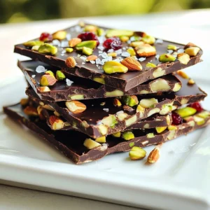 - 8 oz dark chocolate (70% cocoa or higher), chopped - 1/2 cup mixed nuts (such as almonds, pistachios, and walnuts), roughly chopped - 1/4 cup dried cranberries or cherries, chopped - 1 tablespoon coconut oil (optional, for a glossier finish) - Flaky sea salt, for sprinkling Gathering the right ingredients is key to making the best dark chocolate sea salt bark. You want high-quality dark chocolate, so choose a bar that has 70% cocoa or higher. This gives your bark a rich flavor. Chop it into small pieces to help it melt evenly. Next, I like to use a mix of nuts. You can use almonds, pistachios, or walnuts. They add texture and crunch. Be sure to chop them into small bits, so they blend well with the chocolate. Dried fruits like cranberries or cherries add a nice touch of sweetness. Chop them up too, so they mix evenly with the chocolate. If you want a shiny finish on your bark, consider adding coconut oil. It’s optional, but it makes the chocolate look great. Finally, don’t forget flaky sea salt. It balances the sweetness of the chocolate. A sprinkle on top gives your bark that sweet and salty kick we all love. With these ingredients ready, you’re set to create a delicious treat! {{ingredient_image_1}} First, grab a baking sheet. You will need to line it with parchment paper. Make sure to leave some paper hanging over the edges. This makes it easy to lift the bark later. Next, get a heatproof bowl. Place the chopped dark chocolate in the bowl. If you want a shinier look, add the coconut oil. Now, set the bowl over a pot of simmering water. This is called a double boiler. Stir the chocolate until it melts and is smooth. You can also use a microwave. Heat for 30 seconds at a time. Stir between each interval. When the chocolate is melted, take it off the heat. Add the chopped nuts and dried cranberries. Stir well to mix everything evenly. This helps you get a nice blend of flavors in every bite. Now, pour the chocolate mixture onto the lined baking sheet. Use a spatula to spread it out evenly. Aim for your desired thickness. While the chocolate is still warm, sprinkle a good amount of flaky sea salt on top. This adds a nice salty crunch to your sweet treat. Put the baking sheet in the fridge for about 30 to 45 minutes. You want the chocolate to set completely. Once it’s firm, grab the edges of the parchment paper. Lift the bark out of the pan. Break it into irregular pieces for a fun look. Enjoy your dark chocolate sea salt bark! To get a shiny look, use high-quality dark chocolate. I suggest chocolate with 70% cocoa or more. Adding a tablespoon of coconut oil helps too. Melt the chocolate gently, either in a double boiler or microwave. Stir until smooth. The key here is to avoid overheating, as it can dull the shine. The best chocolate for bark is dark chocolate. Look for chocolate with a cocoa percentage of 70% or higher. This chocolate gives a rich flavor and a nice snap. Brands like Ghirardelli or Callebaut work great. Always check the label for quality to ensure a delicious bark. Mix-ins like nuts and dried fruit add texture and flavor. To ensure even distribution, chop them into small pieces. After melting the chocolate, stir in the mix-ins right away. This keeps them from sinking to the bottom. Spread the mixture quickly on the baking sheet to keep it even. Pro Tips Use Quality Chocolate: The flavor of your bark heavily relies on the chocolate you choose. Opt for high-quality dark chocolate with at least 70% cocoa for the best taste and texture. Mix-In Variations: Feel free to experiment with different nuts, seeds, or dried fruits to customize your bark. Consider adding toasted coconut or a sprinkle of espresso powder for added depth. Chill for Perfect Texture: Make sure to chill the bark until completely set. This ensures a nice snap when you break it into pieces, giving you that perfect chocolate bark texture. Storing Tips: Store your chocolate bark in an airtight container at room temperature away from direct sunlight. If you live in a warm climate, consider refrigerating to prevent melting. {{image_2}} You can change the nuts in your bark to fit your taste. Try cashews for creamy bites or pecans for a rich flavor. Seeds like sunflower or pumpkin can add crunch. Mix and match to create your own blend. Each nut and seed adds its own twist to the bark. Dried fruits can give your bark a fruity kick. Use apricots for a tangy taste or mango for sweetness. Raisins and figs also work well. You can chop them up and mix them into the melted chocolate. This way, each piece of bark has a burst of flavor. Adding flavor can make your bark special. A drop of vanilla extract can enhance the chocolate. For a zesty twist, try orange zest. Just a little brings a fresh taste that balances the sweet and salty. Experiment with different flavors to find your favorite combination. To keep your dark chocolate sea salt bark fresh, use an airtight container. Choose a cool, dry place away from sunlight. Avoid areas with high heat, as this can cause the chocolate to bloom. If you live in a hot climate, consider refrigerating the bark. Just remember to let it sit at room temperature before eating. This helps restore its smooth texture. Dark chocolate sea salt bark lasts up to two weeks when stored properly. If you keep it in a cool, dry place, it stays fresh longer. If you notice any off smells or changes in texture, it’s best to toss it out. Always trust your senses. If it looks or smells unusual, it’s not worth the risk. To keep your bark fresh, avoid exposing it to air. Always seal it tightly in a container. You can also separate layers with parchment paper. This prevents them from sticking together. If you want to keep it longer, you can freeze it. Just wrap it well in plastic wrap and then place it in a freezer-safe bag. When you’re ready to enjoy it, let it thaw in the fridge. This keeps the texture nice and smooth. Yes, you can make this bark without nuts. Just skip the nuts and add more dried fruit or seeds. This change still gives you a tasty treat. You can use pumpkin seeds or sunflower seeds for crunch. Dark chocolate has many health benefits. It is rich in antioxidants, which help fight free radicals. It can also improve heart health by lowering blood pressure. Eating dark chocolate may boost mood too. Just remember to enjoy it in moderation! You can melt chocolate in the microwave. Place chopped chocolate in a bowl. Heat it in 30-second bursts. Stir between each burst until smooth. This method works well and is quick. Just be careful not to overheat it! Yes, you can use milk chocolate, but the flavor will change. Milk chocolate is sweeter and creamier. If you enjoy it, go ahead! Just remember to adjust the sea salt to balance the sweetness. You will know the bark is set when it feels firm to touch. It should not be sticky or soft. Chill it in the fridge for about 30-45 minutes. Once it is hard, you can break it into pieces. You learned how to make dark chocolate sea salt bark using simple steps. We covered ingredients, instructions, and tips to ensure success. I shared variations to suit your taste and storage tips to keep it fresh. Remember, you can customize this treat easily. Enjoy crafting your own unique bark! Experiment with flavors and enjoy the process.