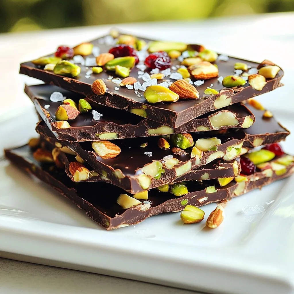- 8 oz dark chocolate (70% cocoa or higher), chopped - 1/2 cup mixed nuts (such as almonds, pistachios, and walnuts), roughly chopped - 1/4 cup dried cranberries or cherries, chopped - 1 tablespoon coconut oil (optional, for a glossier finish) - Flaky sea salt, for sprinkling Gathering the right ingredients is key to making the best dark chocolate sea salt bark. You want high-quality dark chocolate, so choose a bar that has 70% cocoa or higher. This gives your bark a rich flavor. Chop it into small pieces to help it melt evenly. Next, I like to use a mix of nuts. You can use almonds, pistachios, or walnuts. They add texture and crunch. Be sure to chop them into small bits, so they blend well with the chocolate. Dried fruits like cranberries or cherries add a nice touch of sweetness. Chop them up too, so they mix evenly with the chocolate. If you want a shiny finish on your bark, consider adding coconut oil. It’s optional, but it makes the chocolate look great. Finally, don’t forget flaky sea salt. It balances the sweetness of the chocolate. A sprinkle on top gives your bark that sweet and salty kick we all love. With these ingredients ready, you’re set to create a delicious treat! {{ingredient_image_1}} First, grab a baking sheet. You will need to line it with parchment paper. Make sure to leave some paper hanging over the edges. This makes it easy to lift the bark later. Next, get a heatproof bowl. Place the chopped dark chocolate in the bowl. If you want a shinier look, add the coconut oil. Now, set the bowl over a pot of simmering water. This is called a double boiler. Stir the chocolate until it melts and is smooth. You can also use a microwave. Heat for 30 seconds at a time. Stir between each interval. When the chocolate is melted, take it off the heat. Add the chopped nuts and dried cranberries. Stir well to mix everything evenly. This helps you get a nice blend of flavors in every bite. Now, pour the chocolate mixture onto the lined baking sheet. Use a spatula to spread it out evenly. Aim for your desired thickness. While the chocolate is still warm, sprinkle a good amount of flaky sea salt on top. This adds a nice salty crunch to your sweet treat. Put the baking sheet in the fridge for about 30 to 45 minutes. You want the chocolate to set completely. Once it’s firm, grab the edges of the parchment paper. Lift the bark out of the pan. Break it into irregular pieces for a fun look. Enjoy your dark chocolate sea salt bark! To get a shiny look, use high-quality dark chocolate. I suggest chocolate with 70% cocoa or more. Adding a tablespoon of coconut oil helps too. Melt the chocolate gently, either in a double boiler or microwave. Stir until smooth. The key here is to avoid overheating, as it can dull the shine. The best chocolate for bark is dark chocolate. Look for chocolate with a cocoa percentage of 70% or higher. This chocolate gives a rich flavor and a nice snap. Brands like Ghirardelli or Callebaut work great. Always check the label for quality to ensure a delicious bark. Mix-ins like nuts and dried fruit add texture and flavor. To ensure even distribution, chop them into small pieces. After melting the chocolate, stir in the mix-ins right away. This keeps them from sinking to the bottom. Spread the mixture quickly on the baking sheet to keep it even. Pro Tips Use Quality Chocolate: The flavor of your bark heavily relies on the chocolate you choose. Opt for high-quality dark chocolate with at least 70% cocoa for the best taste and texture. Mix-In Variations: Feel free to experiment with different nuts, seeds, or dried fruits to customize your bark. Consider adding toasted coconut or a sprinkle of espresso powder for added depth. Chill for Perfect Texture: Make sure to chill the bark until completely set. This ensures a nice snap when you break it into pieces, giving you that perfect chocolate bark texture. Storing Tips: Store your chocolate bark in an airtight container at room temperature away from direct sunlight. If you live in a warm climate, consider refrigerating to prevent melting. {{image_2}} You can change the nuts in your bark to fit your taste. Try cashews for creamy bites or pecans for a rich flavor. Seeds like sunflower or pumpkin can add crunch. Mix and match to create your own blend. Each nut and seed adds its own twist to the bark. Dried fruits can give your bark a fruity kick. Use apricots for a tangy taste or mango for sweetness. Raisins and figs also work well. You can chop them up and mix them into the melted chocolate. This way, each piece of bark has a burst of flavor. Adding flavor can make your bark special. A drop of vanilla extract can enhance the chocolate. For a zesty twist, try orange zest. Just a little brings a fresh taste that balances the sweet and salty. Experiment with different flavors to find your favorite combination. To keep your dark chocolate sea salt bark fresh, use an airtight container. Choose a cool, dry place away from sunlight. Avoid areas with high heat, as this can cause the chocolate to bloom. If you live in a hot climate, consider refrigerating the bark. Just remember to let it sit at room temperature before eating. This helps restore its smooth texture. Dark chocolate sea salt bark lasts up to two weeks when stored properly. If you keep it in a cool, dry place, it stays fresh longer. If you notice any off smells or changes in texture, it’s best to toss it out. Always trust your senses. If it looks or smells unusual, it’s not worth the risk. To keep your bark fresh, avoid exposing it to air. Always seal it tightly in a container. You can also separate layers with parchment paper. This prevents them from sticking together. If you want to keep it longer, you can freeze it. Just wrap it well in plastic wrap and then place it in a freezer-safe bag. When you’re ready to enjoy it, let it thaw in the fridge. This keeps the texture nice and smooth. Yes, you can make this bark without nuts. Just skip the nuts and add more dried fruit or seeds. This change still gives you a tasty treat. You can use pumpkin seeds or sunflower seeds for crunch. Dark chocolate has many health benefits. It is rich in antioxidants, which help fight free radicals. It can also improve heart health by lowering blood pressure. Eating dark chocolate may boost mood too. Just remember to enjoy it in moderation! You can melt chocolate in the microwave. Place chopped chocolate in a bowl. Heat it in 30-second bursts. Stir between each burst until smooth. This method works well and is quick. Just be careful not to overheat it! Yes, you can use milk chocolate, but the flavor will change. Milk chocolate is sweeter and creamier. If you enjoy it, go ahead! Just remember to adjust the sea salt to balance the sweetness. You will know the bark is set when it feels firm to touch. It should not be sticky or soft. Chill it in the fridge for about 30-45 minutes. Once it is hard, you can break it into pieces. You learned how to make dark chocolate sea salt bark using simple steps. We covered ingredients, instructions, and tips to ensure success. I shared variations to suit your taste and storage tips to keep it fresh. Remember, you can customize this treat easily. Enjoy crafting your own unique bark! Experiment with flavors and enjoy the process.