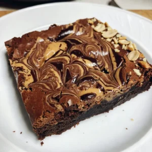 - 1 cup unsalted butter, melted - 2 cups granulated sugar - 4 large eggs - 1 teaspoon vanilla extract - 1 cup all-purpose flour - 1 cup unsweetened cocoa powder - 1/2 teaspoon salt - 1/2 teaspoon baking powder - 1/2 cup creamy peanut butter - 1/4 cup chocolate chips (optional) For these brownies, I love using fresh, high-quality ingredients. The melted butter gives a rich flavor and a moist texture. Granulated sugar adds sweetness and helps the brownies rise. Eggs bind everything together and add fluffiness. - Mixing bowls - Whisk and spatula - Measuring cups and spoons - 9x13 inch baking pan You will need a few basic tools. Mixing bowls help you combine the wet and dry ingredients. A whisk and spatula ensure even mixing. Accurate measuring cups and spoons are key for baking. A 9x13 inch baking pan is perfect for these brownies. - Alternatives for butter: You can swap the butter for coconut oil or applesauce if you want a dairy-free option. - Sugar alternatives: Try brown sugar or a sugar substitute like stevia for a different flavor. - Gluten-free options for flour: Use almond flour or a gluten-free blend to make these brownies gluten-free. These substitutions can help you adapt the recipe to fit your needs. Each choice will add a unique twist to your brownies while keeping them delicious. {{ingredient_image_1}} - Preheat your oven to 350°F (175°C). Grease a 9x13 inch baking pan or line it with parchment paper. - In a large mixing bowl, combine 1 cup of melted unsalted butter and 2 cups of granulated sugar. Mix until it is smooth and creamy. - Add 4 large eggs, one at a time. Mix well after each egg. Stir in 1 teaspoon of vanilla extract. This adds a nice flavor. - In a separate bowl, whisk together 1 cup of all-purpose flour, 1 cup of unsweetened cocoa powder, 1/2 teaspoon of salt, and 1/2 teaspoon of baking powder. Gradually add this dry mix to the wet ingredients. Mix until just combined. If you want extra chocolate, fold in 1/4 cup of chocolate chips. - Pour the brownie batter into the prepared pan and spread it evenly. - In a small microwave-safe bowl, heat 1/2 cup of creamy peanut butter for about 20-30 seconds. Make it pourable, but don't overheat. - Drizzle the warm peanut butter over the brownie batter. Use a knife or skewer to swirl the peanut butter into the batter. This creates a beautiful marbled effect. How to know when brownies are done To check if your brownies are ready, insert a toothpick into the center. If it comes out mostly clean, they are done. A few moist crumbs are okay. If the toothpick has wet batter, bake for a few more minutes. Preventing dryness To keep your brownies moist, do not overbake them. Use a timer to check at the 25-minute mark. If you want a fudgier texture, reduce the baking time slightly. Adding chocolate chips also helps keep them soft. Toppings to enhance flavor You can take your brownies to the next level with toppings. Try a scoop of vanilla ice cream on top. Drizzle extra peanut butter for more flavor. Add crushed peanuts for a nice crunch. Pairing with ice cream Serving these brownies warm with ice cream is a must. The cold ice cream melts into the warm brownie. This creates a delicious contrast in texture and flavor. Proper cooling and storing methods Let your brownies cool for at least 15 minutes before cutting. Once cut, store them in an airtight container. This keeps them fresh for several days. Best ways to reheat brownies To reheat, place a brownie in the microwave for 10-15 seconds. This warms them up without drying them out. You can also enjoy them cold, straight from the fridge! Pro Tips Use room temperature eggs: This helps them incorporate better into the batter, resulting in a smoother texture for your brownies. Don’t overmix the batter: Mixing just until combined helps maintain the brownies' fudgy texture. Overmixing can lead to a cakey result. Check for doneness carefully: Insert a toothpick in the center; it should come out with a few moist crumbs, not completely clean, for the perfect fudgy brownie. Let them cool before cutting: Allowing the brownies to cool in the pan ensures they set properly and makes them easier to slice into neat squares. {{image_2}} You can make these brownies even more fun! Try adding nuts like walnuts or pecans to give a nice crunch. You can also swap chocolate types. Use dark chocolate for a richer flavor or white chocolate for a sweeter twist. If you want to explore different nut butters, peanut butter is great, but almond or cashew butter works well too. Each nut butter adds its own unique taste. Want a vegan version? Replace eggs with flax eggs. Just mix one tablespoon of flaxseed meal with three tablespoons of water for each egg. Use vegan butter instead of regular butter. This change keeps the brownies rich and tasty. For a low-sugar version, you can use a sugar substitute like erythritol. It keeps the sweetness without the extra calories. Just make sure the substitute is suitable for baking. For holidays, you can add spices like cinnamon or nutmeg for a warm flavor. Top with festive sprinkles or drizzle colored chocolate for a fun look. In spring and summer, try adding fresh fruits like raspberries or strawberries. They add a nice tartness that pairs well with chocolate. Every season can inspire a new twist on these brownies. Get creative and have fun! Yes, you can use crunchy peanut butter. It will add a nice texture to the brownies. The chunks of peanuts will give a delightful crunch. Just remember, it will change the smoothness of the swirl. Store leftover brownies in an airtight container. Keep them at room temperature for up to three days. For longer freshness, place them in the fridge. They can last up to a week when refrigerated. Yes, you can make these brownies in advance. Bake them and let them cool completely. Once cool, wrap them tightly in plastic wrap. They can stay fresh for about three days at room temperature. Serve these brownies with a scoop of vanilla ice cream. The cold ice cream pairs well with the warm brownies. You can also drizzle extra peanut butter on top for more flavor. Crushed peanuts or chocolate sauce make great toppings too! Each brownie is about 300 calories. This is a great treat but enjoy in moderation. Here’s the macronutrient breakdown per brownie: - Fat: 16g - Carbohydrates: 37g - Protein: 4g - Sugar: 25g Using natural ingredients can be good for you. Unsalted butter adds richness, while cocoa powder packs in antioxidants. Peanut butter offers protein and healthy fats. However, keep in mind: - Allergens: These brownies contain eggs, dairy, and peanuts. - Caution: If you have nut allergies, skip the peanut butter or find a safe substitute. The recipe makes 12 brownies. A serving is one brownie. If you want to save some, here are my tips: - Sharing: Bake and share with friends or family. - Freezing: Wrap leftovers in plastic wrap and freeze. They last up to three months. Just thaw before enjoying! In this post, we explored how to make delicious chocolate peanut butter swirl brownies. We covered ingredients, tools, and step-by-step instructions. You learned tips for baking and serving these treats, along with variations to fit your taste. Remember, the joy in baking comes from being creative. Feel free to experiment with flavors and share your brownies with friends! Happy baking!