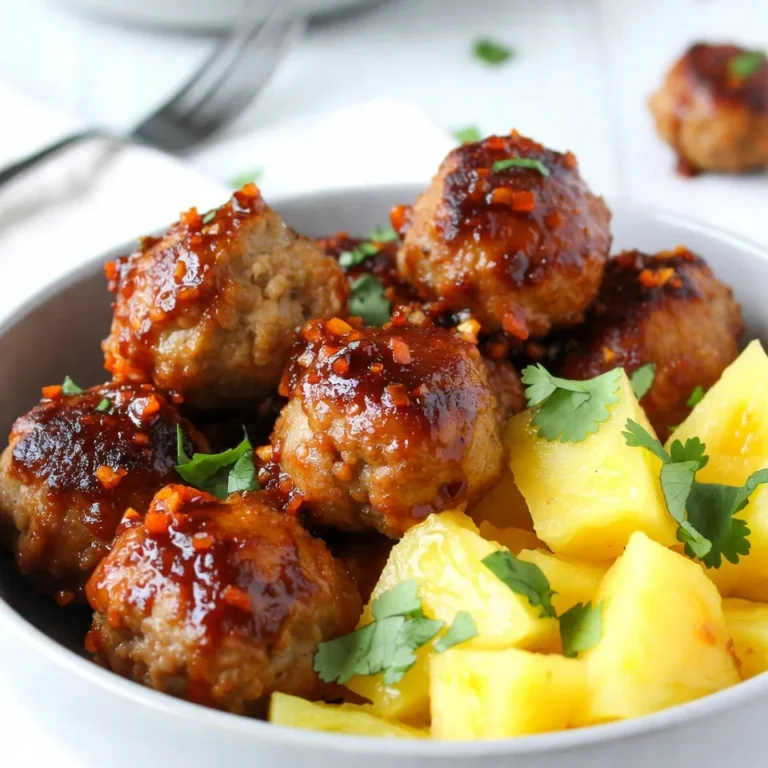 To make Sweet Chili Pineapple Meatballs, you will need the following items: - 1 lb (450g) ground beef or turkey - 1/2 cup breadcrumbs - 1/4 cup grated Parmesan cheese - 1/4 cup finely chopped green onions - 1/4 cup chopped fresh cilantro - 1 large egg - 1 tablespoon soy sauce - 1 teaspoon garlic powder - 1 teaspoon ginger powder - Salt and pepper to taste - 1 cup canned pineapple chunks (in juice) - 1/2 cup sweet chili sauce - 1 tablespoon sesame oil You can customize your meatballs with these optional ingredients: - Diced bell peppers for extra crunch - Chopped jalapeños for heat - Crushed red pepper for a spicy kick - Different cheeses like mozzarella or feta - Herbs like parsley or basil for fresh notes When choosing your ingredients, keep these tips in mind: - Look for ground meat that is bright red and firm. - Choose breadcrumbs that are fresh and dry. - For green onions, select ones that are bright green with no wilting. - Fresh cilantro should be vibrant with no brown spots. - Ensure the pineapple chunks are in juice, not syrup, for a fresher taste. Using quality ingredients makes a big difference in flavor and enjoyment! {{ingredient_image_1}} To start, gather all your ingredients. You will need ground beef or turkey, breadcrumbs, Parmesan cheese, green onions, cilantro, an egg, soy sauce, garlic powder, ginger powder, salt, and pepper. In a large bowl, mix these together. You want to blend them well to make a tasty meatball. The egg helps bind the mixture, while the breadcrumbs add texture. I like to use fresh herbs for extra flavor. Once the mixture is ready, take a small handful and roll it into a ball. Aim for about one inch in size. Place each meatball on a baking sheet lined with parchment paper. This helps with easy cleanup. Preheat your oven to 375°F (190°C) and bake the meatballs for 20 to 25 minutes. You know they are done when they turn brown and are fully cooked. While your meatballs bake, it’s time to make the glaze. In a small saucepan, add pineapple chunks, sweet chili sauce, and sesame oil. Heat this mixture over medium heat. Stir it gently for about five to seven minutes. The glaze should be warm and slightly thickened. Once your meatballs are out of the oven, toss them in this delicious glaze. Coat them well for the best flavor. To make great meatballs, you need the right mix. Use equal parts meat and binder. I like to add breadcrumbs for texture. It keeps them soft and juicy. Fresh herbs add a nice touch. Green onions and cilantro give a fresh flavor. Don’t forget salt and pepper; they enhance all the tastes. Mix everything gently. Over-mixing makes them tough. Baking meatballs evenly is key. First, make them all the same size. Aim for one-inch balls for even cooking. Use a baking sheet lined with parchment paper. This helps them not stick and makes cleanup easy. Make sure to space them out. This allows heat to circulate. I bake mine at 375°F for 20-25 minutes. Check that they are golden brown and cooked through. Garnishing makes your dish pop! I love adding extra chopped cilantro on top. It looks fresh and bright. Sliced green onions also add color and crunch. For a sweet touch, you can serve extra pineapple chunks on the side. If you want a little heat, sprinkle some red pepper flakes. These ideas make your meatballs party-ready and tasty! Pro Tips Use Fresh Ingredients: For the best flavor, try to use fresh herbs like cilantro and green onions instead of dried ones. Adjust the Spice Level: If you prefer more heat, add some crushed red pepper flakes to the sweet chili glaze. Make Ahead: You can prepare the meatballs in advance and refrigerate them. Just bake them fresh when you're ready to serve. Serve with Rice: These meatballs pair wonderfully with steamed jasmine rice or a side of stir-fried vegetables for a complete meal. {{image_2}} You can switch the meat to chicken or turkey. This change keeps the dish light and tasty. For a vegetarian option, use a mix of beans and grains. You can also try lentils or chickpeas. Just mash them well and follow the same steps. Each choice gives a different flavor but stays delicious. While sweet chili sauce shines in this recipe, feel free to explore other sauces. Teriyaki sauce adds a sweet and savory twist. Barbecue sauce gives it a smoky flavor, perfect for summer parties. You can also mix in some hot sauce for a spicy kick. Experimenting with these sauces can lead to new favorites. Serving matters! You can make fun skewers by threading meatballs and pineapple on sticks. This makes eating easy and fun. For a more elegant touch, arrange the meatballs on a platter. Garnish with fresh herbs and lime wedges. Serve with toothpicks for a simple appetizer that guests will love. To keep your Sweet Chili Pineapple Meatballs fresh, store them in an airtight container. Make sure they cool down to room temperature first. Place a piece of parchment paper between layers of meatballs if you stack them. This prevents sticking. Store in the fridge for up to three days. If you want to keep them longer, consider freezing. When you’re ready to enjoy leftovers, reheat the meatballs carefully. The best method is to use the oven. Preheat it to 350°F (175°C). Place the meatballs on a baking sheet and heat for about 10-15 minutes. This keeps them moist and tasty. You can also microwave them for a quick fix. Just cover them with a damp paper towel to prevent drying out. Freezing is a great way to save time. To freeze meatballs, first, allow them to cool completely. Then, place them on a baking sheet in a single layer. Freeze for about an hour until firm. After that, transfer them to a freezer-safe bag or container. This way, you can pull out just what you need. They can last up to three months in the freezer. When you’re ready to eat, thaw in the fridge overnight before reheating. To add heat, use more sweet chili sauce. You can also mix in crushed red pepper flakes. Try adding fresh chopped jalapeños for a kick. You may even use spicy chili sauce instead of sweet chili. Adjust to your taste for the right spice level. Yes, fresh pineapple works great! Just cut it into small chunks. If you use fresh, add a little juice or water for moisture. Fresh pineapple adds a bright, juicy flavor. This choice can make your dish feel even fresher and more vibrant. Sweet Chili Pineapple Meatballs shine with many sides. You can serve them with rice or quinoa for a filling meal. Steamed veggies like broccoli or snap peas add color and crunch. A simple salad with a light dressing balances the sweetness. Also, consider serving them on skewers for a fun appetizer! You learned how to make Sweet Chili Pineapple Meatballs with fresh ingredients and tasty variations. We covered everything from prepping the meatballs to choosing the right flavors. You also received tips for storage and reheating. These meatballs can be customized with different proteins and sauces to fit your taste. With these easy steps, you can enjoy a fun and flavorful dish. Get ready to impress your friends and family with this simple recipe!