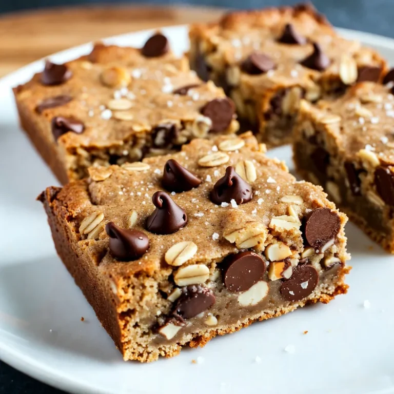 Here are the simple ingredients you need for Chocolate Chip Oatmeal Cookie Bars: - 1 cup rolled oats - 1 cup all-purpose flour - 1/2 teaspoon baking soda - 1/2 teaspoon salt - 1/2 cup unsalted butter, softened - 1/2 cup brown sugar, packed - 1/2 cup granulated sugar - 1 large egg - 1 teaspoon vanilla extract - 1 cup semi-sweet chocolate chips - 1/2 cup chopped nuts (optional) Each ingredient plays a key role in making these bars taste great. The oats add chewiness, while the butter makes them rich. Sugars create a nice sweetness, and the chocolate chips give that classic cookie flavor. If you choose nuts, they add a lovely crunch. This list keeps things simple and fun, making your baking experience enjoyable. {{ingredient_image_1}} - Preheat your oven to 350°F (175°C). - Line an 8x8 inch baking pan with parchment paper. - Leave some parchment hanging over the edges for easy removal. - In a medium bowl, mix the rolled oats, flour, baking soda, and salt. Set this aside. - In a large bowl, cream the softened butter with brown sugar and granulated sugar. - Beat this mixture for about 2-3 minutes until it is light and fluffy. - Next, add in one large egg and one teaspoon of vanilla extract. Mix until well combined. - Gradually stir the dry oat and flour mix into the wet mixture. - Mix just until combined; do not overmix. - Now fold in one cup of semi-sweet chocolate chips and nuts if you choose to use them. - Spread the batter evenly in the prepared pan using a spatula. - Bake for 20-25 minutes until golden brown. A toothpick should come out with a few moist crumbs. - Let the bars cool in the pan for 10 minutes. Use the parchment to lift them out. Transfer to a wire rack to cool completely before cutting into squares. To get the best texture in your cookie bars, avoid overmixing the batter. Mix just until you see no dry flour. Overmixing makes the bars tough. To check doneness, insert a toothpick in the center. It should come out with a few moist crumbs, not wet batter. If it’s clean, the bars may be overbaked. For the best results, place the baking pan on the middle rack of your oven. This lets the heat circulate evenly. If you want thicker bars, you might need a bit more time in the oven. Start checking at 25 minutes and adjust as needed. Serving is key! Drizzle melted chocolate on top and sprinkle some sea salt. This adds a gourmet touch. Pair these bars with a glass of cold milk. The flavors mix well, enhancing your dessert experience. You could also serve them with tea or coffee for a cozy treat. Pro Tips Use Fresh Ingredients: Always use fresh butter and eggs for the best flavor and texture in your cookie bars. Don't Overmix: Once you add the dry ingredients to the wet, mix just until combined to ensure soft and chewy bars. Chill the Dough: For thicker bars, chill the dough for 30 minutes before baking. This helps prevent spreading. Store Properly: Keep the cookie bars in an airtight container at room temperature for up to a week, or freeze for longer storage. {{image_2}} You can make these cookie bars gluten-free. Just swap the all-purpose flour for gluten-free flour. This simple change keeps the texture soft and chewy. Many gluten-free flours work well, like almond or coconut flour. Be sure to check the package for the right amount to use. Want to jazz up your cookie bars? Add a dash of cinnamon for warmth. It makes the bars taste even cozier. You can also use different types of chocolate. Dark chocolate or white chocolate can give a new twist. Mix and match to find your favorite flavor. If you like nuts, try walnuts or pecans. They add crunch and flavor. For those who cannot have nuts, just leave them out. You can also try seeds like pumpkin or sunflower seeds. These options keep your bars tasty without nuts. After baking, let the bars cool in the pan for about 10 minutes. Use the parchment paper to lift them out. Place the bars on a wire rack to cool completely. Once they are cool, cover them with plastic wrap or store them in an airtight container. This keeps them fresh for a few days. If you want to save some for later, you can freeze the cookie bars. First, cut them into squares. Wrap each square tightly in plastic wrap, then place them in a freezer bag. Squeeze out as much air as you can. This helps prevent freezer burn. To thaw, just take out a bar and leave it on the counter for a few hours. You can also warm it in the microwave for about 15 seconds. This brings back the soft, gooey goodness. When stored at room temperature, the bars stay fresh for about 4 to 5 days. Just make sure they are in a cool, dry place. If you notice any signs of mold or off smells, it’s best to toss them. Enjoy your treats while they’re still tasty! Yes, you can use quick oats. The texture will change a bit. Quick oats absorb more liquid and create a softer bar. If you like a chewier texture, stick with rolled oats. Let the bars cool to room temperature. This usually takes about 30 minutes. Cooling them fully helps prevent crumbling when you cut them. If they are too warm, they may fall apart. Yes, you can! Substitute the butter with a dairy-free margarine or coconut oil. Also, choose dairy-free chocolate chips. This will help you enjoy the bars without dairy. To make a larger batch, double the ingredients. Use a larger baking pan, like a 9x13 inch size. Adjust baking time as needed, checking for doneness with a toothpick. You now have a solid recipe for delicious cookie bars. We covered important ingredients and steps to bake them perfectly. You can customize flavors and textures, too. Remember to store them properly to keep them fresh. Enjoy these sweet treats with friends and find your favorite ways to serve them. Baking cookie bars can be fun and rewarding. Dive in and make your own version today!
