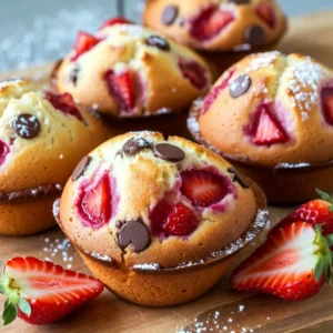 - 1 ½ cups all-purpose flour - ½ cup granulated sugar - 1 tablespoon baking powder - ½ teaspoon salt - 1 large egg These key ingredients form the base of our muffins. The flour gives structure, while sugar adds sweetness. Baking powder helps them rise, and salt enhances all the flavors. The egg binds the ingredients together, ensuring a moist texture. - ½ cup milk - ⅓ cup vegetable oil - 1 teaspoon vanilla extract The wet ingredients bring moisture and flavor. Milk adds creaminess, while vegetable oil keeps the muffins tender. Vanilla extract gives a lovely aroma and taste that complements the strawberries and chocolate. - 1 cup fresh strawberries, hulled and chopped - ½ cup chocolate chips These mix-ins are the stars of the show! Fresh strawberries add a burst of flavor and moisture. Chocolate chips provide a sweet contrast. Together, they create a delightful balance in every bite. {{ingredient_image_1}} - Preheat your oven to 375°F (190°C). - Line your muffin tin with paper liners or spray it with cooking spray. - In a large bowl, combine 1 ½ cups of flour, ½ cup of sugar, 1 tablespoon of baking powder, and ½ teaspoon of salt. - Stir them well until they blend into a smooth mix. - In a separate bowl, whisk together 1 large egg, ½ cup of milk, ⅓ cup of vegetable oil, and 1 teaspoon of vanilla extract. - Make sure everything is mixed until smooth. - Pour the wet mixture into the bowl with the dry ingredients. - Gently mix until just combined; be careful not to overmix. - Fold in 1 cup of chopped strawberries and ½ cup of chocolate chips. - Scoop the batter into the muffin tin, filling each cup about ¾ full. - Bake for 18-20 minutes or until a toothpick comes out clean. - Let the muffins cool in the tin for 5 minutes, then move them to a wire rack to cool completely. To make your muffins light and fluffy, avoid overmixing the batter. When you combine the wet and dry ingredients, stir gently. Mix just until you see no dry flour. Overmixing can make the muffins dense and tough. Remember, small lumps in the batter are okay. They help keep the muffins airy. Selecting ripe strawberries is easy once you know what to look for. Choose berries that are bright red and firm. They should smell sweet and have a shiny surface. Avoid any that are mushy or have dark spots. To store strawberries, keep them in the fridge. Place them in a container lined with paper towels. This will absorb extra moisture and keep them fresh longer. Evenly mixing chocolate chips is key for great flavor. Start by tossing the chips in a bit of flour before adding them to the batter. This helps them stay suspended during baking. When you fold in the strawberries and chips, use a gentle hand. This way, you spread the flavor throughout each muffin. Pro Tips Use Fresh Strawberries: For the best flavor and texture, always use fresh, ripe strawberries. Frozen strawberries can make the muffins soggy. Don’t Overmix: To achieve fluffy muffins, mix the wet and dry ingredients until just combined. Overmixing can lead to dense muffins. Test for Doneness: Use a toothpick to check if the muffins are done. If it comes out clean or with a few crumbs, they are ready. Store Properly: To keep muffins fresh, store them in an airtight container at room temperature for up to 3 days, or refrigerate for longer freshness. {{image_2}} You can add nuts or seeds to these muffins for a tasty crunch. Walnuts work well. They add richness and texture. Just chop them up and fold them in with the strawberries and chocolate chips. Chia seeds are another great option. They offer healthy fats and a slight crunch. Add about two tablespoons for a fun twist. You can make these muffins dairy-free or gluten-free easily. For dairy-free muffins, swap milk for almond milk or oat milk. Both options work well and keep the muffins moist. If you need gluten-free muffins, use a gluten-free flour blend. Make sure it has xanthan gum for the right texture. Follow the same steps in the recipe for a delicious treat. You can mix up the flavors of these muffins, too! Instead of strawberries, try blueberries or raspberries. They add a juicy burst of flavor. For a chocolate twist, use dark chocolate chips or even white chocolate. Each fruit and chocolate combo offers a new taste adventure. Experiment with your favorites to find the perfect balance. You can store your muffins at room temperature or in the fridge. If you plan to eat them in a few days, keep them in a sealed container at room temperature. This keeps them soft and tasty. If you want them to last longer, store them in the fridge. Wrap each muffin in plastic wrap to keep them fresh. To freeze your muffins, first cool them completely. Place each muffin in a freezer bag. Squeeze out the air and seal it tight. You can stack them in the freezer for up to three months. When you are ready to eat them, take out what you need. To reheat your muffins without losing their soft texture, use the microwave. Heat them for about 10-15 seconds. You can also use an oven. Preheat it to 350°F (175°C) and warm the muffins for about 5-7 minutes. This method helps restore their fresh-baked taste. You can make these muffins healthier by reducing the sugar. Try cutting the sugar by a quarter. This lowers sweetness without losing flavor. You can also use whole wheat flour instead of all-purpose flour. Whole wheat adds fiber and nutrients. Another tip is to add mashed bananas or applesauce. These will keep muffins moist and add natural sweetness. Yes, you can use frozen strawberries. Frozen strawberries are convenient and often cheaper. They are also picked at peak ripeness, so they taste great. However, frozen strawberries release more liquid during baking. This can make your muffins a bit soggy. To fix this, thaw and drain the strawberries first. Pat them dry with a paper towel. This helps keep your muffins fluffy. These muffins last about three days at room temperature. Store them in an airtight container. For longer storage, keep them in the fridge, where they last up to a week. You can also freeze them for up to three months. Just wrap each muffin tightly in plastic wrap before freezing. When you want to eat one, just thaw it overnight in the fridge. These muffins pair well with a variety of sides. Serve them with a dollop of whipped cream for a treat. You can also enjoy them with a side of yogurt. A drizzle of honey adds a nice touch, too. For drinks, try pairing them with coffee or a fruit smoothie. Each of these options enhances the muffin's flavor and makes for a delightful snack. These strawberry chocolate chip muffins are easy and fun to make. We covered the key ingredients, like flour, strawberries, and chocolate chips. I explained the steps to mix and bake them perfectly. You learned tips to keep muffins light and fluffy. Plus, I shared ways to store and reheat them to enjoy later. Experiment with flavors or add nuts for fun twists. Make this treat work for your diet preferences. Enjoy the process and share your tasty results!