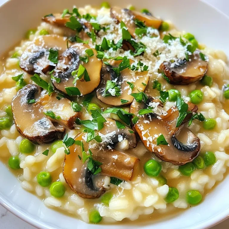 - 1 cup Arborio rice - 4 cups vegetable broth - 1 cup mushrooms (cremini or button), sliced - 1 small onion, finely chopped - 2 cloves garlic, minced - 1 cup fresh peas (or frozen) - 1 cup heavy cream - ½ cup grated Parmesan cheese - 2 tablespoons olive oil - 2 tablespoons butter - Salt and pepper to taste - Fresh parsley, chopped (for garnish) When you gather these ingredients, you set the stage for a rich and creamy dish. Arborio rice is key for that perfect texture. It absorbs broth well and gives a nice creamy feel. Mushrooms add earthy flavors. You can use cremini or button mushrooms. Both work well. The onions and garlic give a sweet base that enhances the dish. Heavy cream and Parmesan cheese make it rich and comforting. Fresh peas add a pop of color and sweetness. Olive oil and butter create a great cooking medium. - Additional vegetables (e.g., spinach, asparagus) - Different mushrooms (shiitake, portobello) Feel free to get creative. Add spinach for a green boost or asparagus for a crunch. Shiitake or portobello mushrooms can give a different taste that you might enjoy. - Arborio rice alternatives - Plant-based cream and cheese options If you can’t find Arborio rice, other short-grain rice can work. For a dairy-free version, look for plant-based cream and cheese. They can make this dish just as creamy and satisfying. {{ingredient_image_1}} First, heat the vegetable broth in a small saucepan. Keep it on low heat. This keeps the broth warm as you cook. A warm broth helps the rice cook evenly. Next, grab a large skillet. Add olive oil and butter and heat over medium. Once the butter melts, add the finely chopped onion. Sauté it for about 3-4 minutes. You want it soft and clear. Then, add minced garlic. Stir it in for about 30 seconds. Now, it's time for the mushrooms. Add the sliced mushrooms to the skillet. Cook them for 5-6 minutes. Stir often until they turn golden brown. This step helps remove their moisture, which adds great flavor. Next, stir in the Arborio rice. Make sure each grain gets coated in the mix. Toast the rice for 1-2 minutes. You want it slightly clear at the edges. Now, start adding the warm broth. Use a ladle and pour in one ladle at a time. Stir constantly. Wait until the rice absorbs most of the liquid before adding more. Keep it going for about 18-20 minutes. The rice should be al dente and creamy when done. When the rice is ready, stir in the fresh peas, heavy cream, and grated Parmesan cheese. Season with salt and pepper to taste. Cook for an extra 2-3 minutes. This warms everything up and makes it creamy. Remove the skillet from heat. Let the risotto sit for one minute. This helps it thicken before you serve it. Enjoy your creamy mushroom risotto! - Importance of constant stirring: Always stir your risotto. This helps the rice release its starch. The starch makes the risotto creamy. It also keeps the rice from sticking to the pan. Stirring lets the rice cook evenly. - Achieving the right consistency: You want your risotto creamy but not runny. It should hold its shape but still flow slightly when served. Add broth slowly and wait for it to absorb. This helps the rice cook properly. If it gets too thick, just add a bit more broth. - Ideal toppings for presentation: For a beautiful look, serve your risotto in shallow bowls. Top it with extra Parmesan cheese. Add a few sautéed mushroom slices for flair. This adds color and makes it appealing. - Incorporating fresh herbs: Fresh herbs brighten up the dish. A sprinkle of chopped parsley adds flavor and color. You can also try thyme or chives for a different taste. - Best pairings with risotto: Risotto pairs well with simple sides. Consider a fresh salad or roasted vegetables. These add crunch and balance the creaminess. - Recommended wine accompaniments: A light white wine works best. Try a crisp Sauvignon Blanc or a creamy Chardonnay. These wines enhance the flavors of the mushrooms and cream. Pro Tips Use Fresh Ingredients: Always opt for fresh mushrooms and peas for the best flavor and texture in your risotto. Stir Continuously: Stirring the risotto continuously helps to release the starches from the rice, creating a creamier texture. Temperature Matters: Ensure the vegetable broth is warm when adding it to the rice; cold broth can interrupt the cooking process and lead to unevenly cooked rice. Rest Before Serving: Let the risotto rest for a minute off the heat before serving; this allows it to thicken and improves the consistency. {{image_2}} You can switch up your risotto with seasonal ingredients. For spring, use bright green veggies. Try fresh peas and asparagus for a vibrant dish. This spring vegetable risotto bursts with flavor and color. In the fall, add mushrooms and pumpkin. The earthiness of mushrooms pairs well with sweet pumpkin. This fall-inspired risotto gives you a cozy and warm feeling, perfect for cooler days. You can easily make a vegan creamy mushroom risotto. Replace heavy cream with coconut milk or a plant-based cream. Use nutritional yeast instead of Parmesan cheese for that cheesy flavor. If you need a gluten-free option, use gluten-free broth and ensure your rice is certified gluten-free. This way, everyone can enjoy the creamy goodness of risotto. Want to elevate your risotto? Add a splash of white wine while cooking the rice. This adds depth and richness to the dish. Just let the wine cook off before adding broth. Another great trick is to infuse your risotto with truffle oil. A little drizzle at the end gives a luxurious touch. It adds a unique flavor that impresses anyone at your dinner table. To keep your creamy mushroom risotto fresh, store it in the fridge. Use an airtight container for best results. Allow the risotto to cool completely before sealing it. This helps prevent moisture build-up. The risotto stays good for about three days in the refrigerator. Before serving, check for any off smells or changes in texture. You can freeze risotto to enjoy later. First, let it cool completely. Then, place it in a freezer-safe container. Make sure to leave some space for expansion. Risotto can last up to three months in the freezer. To thaw, move it to the fridge a day before you want to eat it. Reheat it slowly on the stove over low heat. Add a splash of broth or cream to restore its creamy texture. Don't let leftover risotto go to waste! You can make arancini, which are tasty risotto balls. Just form the cold risotto into balls, coat them in breadcrumbs, and fry until golden. You can also use leftover risotto in soups or casseroles. Mixing it with some veggies and cheese can create a hearty dish. What is risotto? Risotto is a creamy rice dish made with Arborio rice. It is cooked slowly by adding broth gradually. This technique gives risotto its rich texture. You can add various ingredients like vegetables, cheese, or meats for extra flavor. How long does risotto take to cook? Cooking risotto usually takes about 18 to 20 minutes. You want to stir it often to keep it creamy. The rice should be al dente, which means it is firm yet tender. Can I use chicken broth instead of vegetable broth? Yes, you can use chicken broth if you prefer. It adds a different flavor to the risotto. Just make sure the broth is warm when you add it to the rice. How do I choose the right mushrooms for risotto? For risotto, use cremini or button mushrooms. These types add good texture and taste. Look for firm mushrooms with no dark spots. Fresh mushrooms will give you the best flavor. How do I fix overcooked risotto? If your risotto is overcooked, try adding a splash of broth. This can help bring back some creaminess. Stir gently to combine and heat through. What if my risotto is too thick? If your risotto is too thick, add more warm broth. Stir it in slowly until you reach the desired creaminess. The right texture should be smooth and flowing but not runny. Making creamy risotto is simple and rewarding. You learned about the key ingredients, like Arborio rice and fresh peas. I shared step-by-step cooking tips for the perfect texture. We explored variations to suit all diets and tastes. Remember, constant stirring is crucial. Proper storage keeps leftover risotto fresh. Now, you can impress anyone with a delicious dish. Enjoy creating your risotto meal!