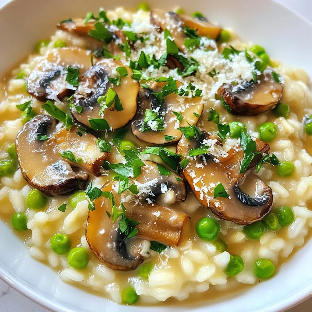 - 1 cup Arborio rice - 4 cups vegetable broth - 1 cup mushrooms (cremini or button), sliced - 1 small onion, finely chopped - 2 cloves garlic, minced - 1 cup fresh peas (or frozen) - 1 cup heavy cream - ½ cup grated Parmesan cheese - 2 tablespoons olive oil - 2 tablespoons butter - Salt and pepper to taste - Fresh parsley, chopped (for garnish) When you gather these ingredients, you set the stage for a rich and creamy dish. Arborio rice is key for that perfect texture. It absorbs broth well and gives a nice creamy feel. Mushrooms add earthy flavors. You can use cremini or button mushrooms. Both work well. The onions and garlic give a sweet base that enhances the dish. Heavy cream and Parmesan cheese make it rich and comforting. Fresh peas add a pop of color and sweetness. Olive oil and butter create a great cooking medium. - Additional vegetables (e.g., spinach, asparagus) - Different mushrooms (shiitake, portobello) Feel free to get creative. Add spinach for a green boost or asparagus for a crunch. Shiitake or portobello mushrooms can give a different taste that you might enjoy. - Arborio rice alternatives - Plant-based cream and cheese options If you can’t find Arborio rice, other short-grain rice can work. For a dairy-free version, look for plant-based cream and cheese. They can make this dish just as creamy and satisfying. {{ingredient_image_1}} First, heat the vegetable broth in a small saucepan. Keep it on low heat. This keeps the broth warm as you cook. A warm broth helps the rice cook evenly. Next, grab a large skillet. Add olive oil and butter and heat over medium. Once the butter melts, add the finely chopped onion. Sauté it for about 3-4 minutes. You want it soft and clear. Then, add minced garlic. Stir it in for about 30 seconds. Now, it's time for the mushrooms. Add the sliced mushrooms to the skillet. Cook them for 5-6 minutes. Stir often until they turn golden brown. This step helps remove their moisture, which adds great flavor. Next, stir in the Arborio rice. Make sure each grain gets coated in the mix. Toast the rice for 1-2 minutes. You want it slightly clear at the edges. Now, start adding the warm broth. Use a ladle and pour in one ladle at a time. Stir constantly. Wait until the rice absorbs most of the liquid before adding more. Keep it going for about 18-20 minutes. The rice should be al dente and creamy when done. When the rice is ready, stir in the fresh peas, heavy cream, and grated Parmesan cheese. Season with salt and pepper to taste. Cook for an extra 2-3 minutes. This warms everything up and makes it creamy. Remove the skillet from heat. Let the risotto sit for one minute. This helps it thicken before you serve it. Enjoy your creamy mushroom risotto! - Importance of constant stirring: Always stir your risotto. This helps the rice release its starch. The starch makes the risotto creamy. It also keeps the rice from sticking to the pan. Stirring lets the rice cook evenly. - Achieving the right consistency: You want your risotto creamy but not runny. It should hold its shape but still flow slightly when served. Add broth slowly and wait for it to absorb. This helps the rice cook properly. If it gets too thick, just add a bit more broth. - Ideal toppings for presentation: For a beautiful look, serve your risotto in shallow bowls. Top it with extra Parmesan cheese. Add a few sautéed mushroom slices for flair. This adds color and makes it appealing. - Incorporating fresh herbs: Fresh herbs brighten up the dish. A sprinkle of chopped parsley adds flavor and color. You can also try thyme or chives for a different taste. - Best pairings with risotto: Risotto pairs well with simple sides. Consider a fresh salad or roasted vegetables. These add crunch and balance the creaminess. - Recommended wine accompaniments: A light white wine works best. Try a crisp Sauvignon Blanc or a creamy Chardonnay. These wines enhance the flavors of the mushrooms and cream. Pro Tips Use Fresh Ingredients: Always opt for fresh mushrooms and peas for the best flavor and texture in your risotto. Stir Continuously: Stirring the risotto continuously helps to release the starches from the rice, creating a creamier texture. Temperature Matters: Ensure the vegetable broth is warm when adding it to the rice; cold broth can interrupt the cooking process and lead to unevenly cooked rice. Rest Before Serving: Let the risotto rest for a minute off the heat before serving; this allows it to thicken and improves the consistency. {{image_2}} You can switch up your risotto with seasonal ingredients. For spring, use bright green veggies. Try fresh peas and asparagus for a vibrant dish. This spring vegetable risotto bursts with flavor and color. In the fall, add mushrooms and pumpkin. The earthiness of mushrooms pairs well with sweet pumpkin. This fall-inspired risotto gives you a cozy and warm feeling, perfect for cooler days. You can easily make a vegan creamy mushroom risotto. Replace heavy cream with coconut milk or a plant-based cream. Use nutritional yeast instead of Parmesan cheese for that cheesy flavor. If you need a gluten-free option, use gluten-free broth and ensure your rice is certified gluten-free. This way, everyone can enjoy the creamy goodness of risotto. Want to elevate your risotto? Add a splash of white wine while cooking the rice. This adds depth and richness to the dish. Just let the wine cook off before adding broth. Another great trick is to infuse your risotto with truffle oil. A little drizzle at the end gives a luxurious touch. It adds a unique flavor that impresses anyone at your dinner table. To keep your creamy mushroom risotto fresh, store it in the fridge. Use an airtight container for best results. Allow the risotto to cool completely before sealing it. This helps prevent moisture build-up. The risotto stays good for about three days in the refrigerator. Before serving, check for any off smells or changes in texture. You can freeze risotto to enjoy later. First, let it cool completely. Then, place it in a freezer-safe container. Make sure to leave some space for expansion. Risotto can last up to three months in the freezer. To thaw, move it to the fridge a day before you want to eat it. Reheat it slowly on the stove over low heat. Add a splash of broth or cream to restore its creamy texture. Don't let leftover risotto go to waste! You can make arancini, which are tasty risotto balls. Just form the cold risotto into balls, coat them in breadcrumbs, and fry until golden. You can also use leftover risotto in soups or casseroles. Mixing it with some veggies and cheese can create a hearty dish. What is risotto? Risotto is a creamy rice dish made with Arborio rice. It is cooked slowly by adding broth gradually. This technique gives risotto its rich texture. You can add various ingredients like vegetables, cheese, or meats for extra flavor. How long does risotto take to cook? Cooking risotto usually takes about 18 to 20 minutes. You want to stir it often to keep it creamy. The rice should be al dente, which means it is firm yet tender. Can I use chicken broth instead of vegetable broth? Yes, you can use chicken broth if you prefer. It adds a different flavor to the risotto. Just make sure the broth is warm when you add it to the rice. How do I choose the right mushrooms for risotto? For risotto, use cremini or button mushrooms. These types add good texture and taste. Look for firm mushrooms with no dark spots. Fresh mushrooms will give you the best flavor. How do I fix overcooked risotto? If your risotto is overcooked, try adding a splash of broth. This can help bring back some creaminess. Stir gently to combine and heat through. What if my risotto is too thick? If your risotto is too thick, add more warm broth. Stir it in slowly until you reach the desired creaminess. The right texture should be smooth and flowing but not runny. Making creamy risotto is simple and rewarding. You learned about the key ingredients, like Arborio rice and fresh peas. I shared step-by-step cooking tips for the perfect texture. We explored variations to suit all diets and tastes. Remember, constant stirring is crucial. Proper storage keeps leftover risotto fresh. Now, you can impress anyone with a delicious dish. Enjoy creating your risotto meal!