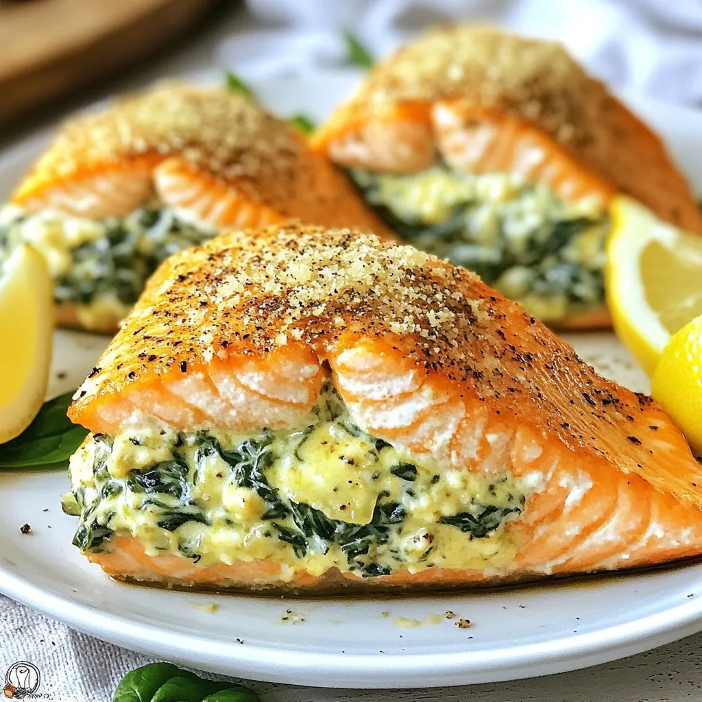 - 4 salmon fillets, skinless - 2 cups fresh spinach, chopped - 1 cup cream cheese, softened - 2 cloves garlic, minced - 1/4 cup grated Parmesan cheese - 1/4 teaspoon nutmeg - 1 tablespoon olive oil - Salt and pepper to taste - Lemon wedges for garnish You can swap fresh spinach for frozen spinach. Just thaw and drain it well. For cream cheese, use ricotta cheese for a lighter option. If you want a dairy-free choice, try vegan cream cheese. Use any firm fish if you can’t find salmon. Cod or halibut work well. Each serving of this dish is packed with nutrients. Salmon is high in omega-3 fatty acids, which are good for your heart. Spinach adds vitamins A and C, plus iron. Cream cheese and Parmesan add protein and calcium. This dish is also low in carbs, making it a healthy choice. {{ingredient_image_1}} To start, heat a skillet over medium heat. Add one tablespoon of olive oil. When the oil is hot, add two minced garlic cloves. Sauté the garlic for one minute until it smells good. Next, add two cups of chopped fresh spinach. Cook the spinach for two to three minutes until it wilts down. Once done, take the skillet off the heat. In a mixing bowl, combine the sautéed spinach, garlic, one cup of softened cream cheese, and one-fourth cup of grated Parmesan cheese. Add a pinch of nutmeg, salt, and pepper to taste. Mix everything until it’s creamy and smooth. Take your four skinless salmon fillets and lay them on a clean surface. Use a sharp knife to cut a pocket into each fillet. Be careful not to cut all the way through. This pocket will hold the filling. Now, generously stuff each salmon fillet with the creamy spinach mixture you made earlier. Press gently to make sure the filling stays inside. Once you finish stuffing, season the tops of the fillets with salt and pepper. Preheat your oven to 375°F (190°C). Lightly grease a baking dish with olive oil. Place the stuffed salmon fillets in the dish. Make sure they fit well without crowding. Bake them in the preheated oven for 20 to 25 minutes. The salmon is done when it flakes easily with a fork. After baking, let it rest for a few minutes before serving. This helps the flavors settle. For a nice touch, serve the salmon with lemon wedges on the side. Enjoy your delicious dish! When picking salmon, look for bright, clear skin. The flesh should be firm and moist. You want a nice pink or red color. Avoid fish with brown spots or a fishy smell. Wild-caught salmon often tastes better than farmed. It has a richer flavor and firmer texture. If you can find it, go for sockeye or king salmon. They make the best stuffed salmon. One big mistake is overcooking the salmon. It should flake easily but stay moist. Use a fork to check doneness after 20 minutes. Another mistake is not seasoning enough. Salt and pepper really bring out the flavors. Make sure to stuff the salmon pockets fully. If you don’t, the filling may spill out while cooking. Lastly, don’t skip letting the salmon rest after baking. This helps the juices settle back in. For this recipe, you need a few tools to make cooking easy. First, use a good sharp knife. It helps when cutting the salmon fillets. A skillet is great for sautéing the garlic and spinach. Make sure to have a mixing bowl for the filling. You also need a baking dish to cook the salmon. A spatula is handy for serving. Finally, keep some lemon wedges on hand. They add a nice touch when you serve the dish. Pro Tips Use Fresh Spinach: Fresh spinach will give your stuffing a vibrant color and better texture compared to frozen spinach. Be sure to wash and chop it well before cooking. Perfect Salmon Cooking: To ensure your salmon stays moist, avoid overcooking. Check for doneness at around 20 minutes by gently flaking with a fork. Experiment with Cheese: Feel free to mix different cheeses like feta or mozzarella for a unique flavor twist in your stuffing. Serve with a Sauce: A drizzle of lemon butter sauce or a light cream sauce can elevate the dish and add an extra layer of flavor. {{image_2}} You can change up the flavors by adding different cheeses. Cream cheese is rich and smooth, but you can try ricotta for a lighter taste. Goat cheese adds a tangy twist that many love. Just remember to keep the cheese soft for easy mixing. You can also mix in some shredded mozzarella for a melty surprise. Want to add more veggies? Spinach is great, but don't stop there! You can toss in some chopped artichokes for a fun texture. Mushrooms also work well; they bring a nice earthy flavor. If you like a bit of crunch, try adding bell peppers or zucchini. Just sauté them lightly before mixing with the cheese. Seasoning makes a big difference! While salt and pepper are must-haves, think outside the box. You can add a pinch of cayenne for heat or some lemon zest for brightness. Fresh herbs like dill or basil can also enhance the taste. Experiment with your favorites to find what excites your palate! To keep your creamy garlic spinach stuffed salmon fresh, let it cool first. Place leftovers in an airtight container. Store them in the fridge for up to three days. If you want to enjoy them later, freezing is a good option. When you’re ready to eat the leftovers, preheat your oven to 350°F (175°C). Place the salmon on a baking sheet. Cover it with aluminum foil to keep it moist. Heat for about 15-20 minutes until warm. You can also use a microwave. Heat on medium for 1-2 minutes, checking often to avoid overcooking. If you want to freeze stuffed salmon, wrap each piece tightly in plastic wrap. Then, place them in a freezer-safe bag. This keeps them fresh for up to two months. To thaw, move the salmon from the freezer to the fridge a day before you plan to eat it. Yes, you can use frozen salmon for this recipe. Just make sure to thaw it first. Place the frozen salmon in the fridge overnight. If you're in a hurry, you can run it under cold water. This helps maintain the texture and flavor. I love serving this dish with simple sides. Try sautéed zucchini noodles or roasted veggies. They add nice color and balance to the meal. You can also pair it with a fresh salad. A light lemon vinaigrette works wonders here. Check the salmon after 20 minutes in the oven. The flesh should flake easily with a fork. You can use a meat thermometer for accuracy. The internal temperature should reach 145°F (63°C). If it’s not done, bake for a few more minutes. In this blog post, I covered the key ingredients for Creamy Garlic Spinach Stuffed Salmon, plus substitutes. I walked you through preparing the filling, stuffing the fillets, and baking tips. You learned how to choose good salmon and avoid common errors. Remember, you can mix up the cheese, add veggies, or try new spices. Store leftovers properly and use my reheating tips to enjoy this dish later. Cooking should be fun and easy, and I hope you try this recipe!