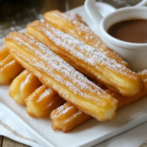 - 1 cup water - 1/2 cup unsalted butter - 1 tablespoon granulated sugar - 1/4 teaspoon salt - 1 cup all-purpose flour - 3 large eggs - 1 teaspoon vanilla extract - 1 teaspoon ground nutmeg - 1 teaspoon ground cinnamon - Optional: Powdered sugar for dusting To make eggnog churros, you need simple but key ingredients. Water acts as the base for the dough. Unsalted butter adds richness and flavor. Granulated sugar sweetens the dough, while salt enhances every bite. All-purpose flour gives the churros structure. Large eggs bind the dough and help it rise. Vanilla extract adds warmth and depth to the flavor. Ground nutmeg and ground cinnamon bring that classic eggnog taste. You can sprinkle powdered sugar on top for a festive touch. Each ingredient plays a role in creating a warm and cozy dessert. This combination makes eggnog churros a must-have for the holidays. {{ingredient_image_1}} 1. In a medium saucepan, boil 1 cup of water, 1/2 cup of unsalted butter, 1 tablespoon of sugar, and 1/4 teaspoon of salt over medium heat. This mix adds flavor and richness to the churros. 2. When the mixture boils, remove it from heat. Add 1 cup of all-purpose flour all at once. Stir it in quickly until it forms a smooth dough. You want no lumps here! 3. Let the dough cool for about 5 minutes. Then, add 3 large eggs one at a time. Mix well after each egg until it's fully blended. This step gives your churros a lovely texture. 4. Finally, stir in 1 teaspoon of vanilla extract, 1 teaspoon of ground nutmeg, and 1 teaspoon of ground cinnamon. This adds that festive eggnog flavor. Make sure it’s smooth and glossy! 1. Heat oil in a deep pan to 375°F (190°C). The right temperature is key to crispy churros. 2. Transfer your dough to a piping bag with a star tip. This gives your churros their classic shape. 3. Once the oil is hot, carefully pipe 4 to 6-inch long strips of dough into the oil. Use scissors to cut the dough as you pipe. Fry them until they turn a beautiful golden brown, about 2-3 minutes on each side. 1. After frying, remove the churros and let them drain on paper towels. This helps get rid of any extra oil. 2. While they’re still warm, toss the churros in a mix of sugar and cinnamon. You can also add a pinch of nutmeg for more flavor. 3. If you want an extra festive touch, dust them with powdered sugar before serving. Serve your eggnog churros on a nice plate. Pair them with a small bowl of hot chocolate or eggnog for dipping. Enjoy the festive delight! To make perfect eggnog churros, focus on a few key factors. - Ensuring the right temperature of oil: Heat your oil to 375°F (190°C). This is the sweet spot for frying. If the oil is too cool, churros can turn soggy. If it’s too hot, they burn quickly. - Importance of properly mixing the dough: After boiling the water, butter, sugar, and salt, add the flour all at once. Stir vigorously until the dough is smooth. This step helps create that nice texture. - Serving suggestions for enhanced flavor: Serve your churros warm, dusted with sugar and cinnamon. Pair them with a small bowl of hot chocolate or eggnog for dipping. A sprinkle of nutmeg adds a festive touch. Avoiding common mistakes helps you achieve tasty churros. - Over or undercooking churros: Fry each churro for about 2-3 minutes per side. Look for a golden-brown color. This ensures they are cooked through yet crispy. - Not using fresh ingredients: Always use fresh eggs and spices. This keeps flavors bright and delicious. Stale ingredients can dull your churros. - Incorrect piping technique: Use a piping bag with a star tip. Pipe straight into the hot oil, cutting with scissors. This creates the classic churro shape. If they are too thin, they won’t hold up. If too thick, they won’t cook evenly. Pro Tips Use Fresh Nutmeg: For the best flavor, grate whole nutmeg instead of using pre-ground nutmeg. This will enhance the aromatic quality of your churros. Temperature Control: Maintain the oil temperature at 375°F (190°C) for optimal frying. If the oil is too cool, churros will absorb excess oil and become greasy. Churro Size: Pipe churros in even lengths for consistent cooking. Aim for 4 to 6 inches long to ensure they cook evenly and look appealing. Storage Tip: For the best texture, churros are best enjoyed fresh. If you have leftovers, store them in an airtight container at room temperature and reheat in the oven to crisp them up. {{image_2}} You can make eggnog churros even more fun! Try adding chocolate or caramel dipping sauces. These sweet sauces pair well with the warm churros. They add a rich flavor that makes each bite special. You can melt chocolate and dip the churros right before serving. Or, drizzle warm caramel over them for a sticky treat. You can also explore different spices. For example, ginger or cloves can give your churros a warm, spicy kick. Add a little ground ginger to the dough for a nice twist. Cloves have a strong flavor, so use them sparingly. A pinch can enhance your eggnog churros without overpowering them. Another fun option is to incorporate citrus zest. A bit of orange or lemon zest can brighten the flavor. Just add a teaspoon of zest to the dough. The citrus will give a fresh taste that balances the eggnog flavors nicely. Consider mini churros for bite-sized treats. These smaller versions are perfect for sharing. They make great snacks at holiday parties. To make mini churros, simply pipe shorter strips into the hot oil. Fry them the same way but watch the cooking time closely. You can make churro bites with different coatings too. After frying, toss the churros in different mixtures. For example, try a mix of powdered sugar and cocoa powder. This gives a sweet chocolate touch. Or, use crushed candy canes for a festive crunch. For creative presentations, think about how you serve them. Arrange churros in a tall glass with a small bowl of hot chocolate on the side. This makes a fun and festive display. You can also sprinkle extra cinnamon or nutmeg on top for a beautiful finish. To keep your eggnog churros fresh, store them in an airtight container. This helps prevent them from getting soggy. Place parchment paper between layers to keep them crispy. They stay good for about two days at room temperature. If you want to keep them longer, freezing is a great option. To freeze churros, let them cool completely. Then, place them in a single layer on a baking sheet. Freeze for about an hour. Once frozen, transfer them to a freezer-safe bag. Remove as much air as possible. They can last up to three months in the freezer. To reheat churros, the best method is to use an oven. Preheat your oven to 350°F (175°C). Place the churros on a baking sheet. Heat them for about 10 minutes. This method keeps them crispy and warm. If you freeze churros, thaw them in the fridge before reheating. For even better results, you can lightly fry them. Heat oil in a pan to 350°F (175°C). Fry each churro for about 30 seconds. This gives them a nice, fresh texture. Enjoy your festive treat just like when they were first made! If you want to skip eggs, there are great alternatives. Try using: - 1/4 cup unsweetened applesauce for each egg. - 1/4 cup mashed bananas works too. - 1 tablespoon flaxseed meal mixed with 2.5 tablespoons water is another option. These substitutes keep your churros moist and tasty while being egg-free. Each one adds a slight flavor, so pick one that suits your taste. Yes! Baking churros is a healthier choice. To bake, follow these steps: 1. Preheat your oven to 400°F (200°C). 2. Pipe the dough onto a lined baking sheet. 3. Bake for 15-20 minutes until golden brown. You won’t get the same crisp texture as frying, but they will still taste great. Brush them lightly with melted butter and dust with sugar and cinnamon once they cool. To check if your oil is hot, use these simple methods: - Drop a small piece of dough into the oil. If it sizzles and rises, the oil is ready. - Use a kitchen thermometer. You want it at 375°F (190°C) for perfect frying. Getting the oil temperature right is key. Too hot, and the churros burn. Too cool, and they soak up too much oil. Always keep an eye on the temperature! Eggnog churros are a festive treat you can easily make at home. We covered the key ingredients, from flour to spices, and shared step-by-step instructions for making dough and frying churros. I also shared tips to avoid common mistakes and variations to enhance your churros' flavor. Remember to store and reheat them properly to keep them delicious. With these insights, you can impress your friends and family at any gathering. Happy cooking!