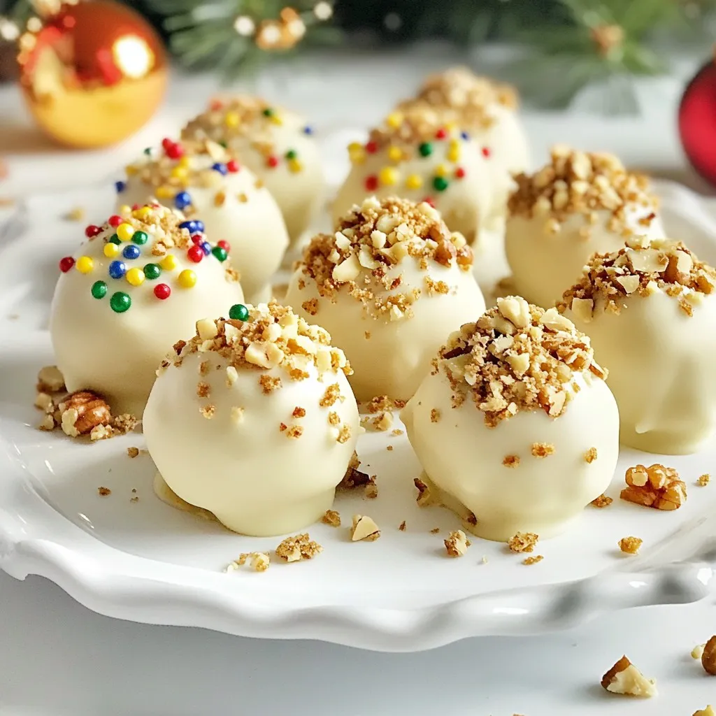 To make these delightful gingerbread cookie truffles, you'll need: - 2 cups gingerbread cookies, crushed - 8 oz cream cheese, softened - 1/2 cup powdered sugar - 1 teaspoon ground ginger - 1 teaspoon cinnamon - 1/4 teaspoon nutmeg - 1 cup white chocolate chips, melted - 1/4 cup crushed nuts or sprinkles for coating (optional) Each ingredient plays a special role in making these truffles tasty and fun. - Gingerbread cookies add the warm, spicy flavor we love during the holidays. - Cream cheese gives a rich, smooth texture that binds the cookies together. - Powdered sugar adds sweetness and helps the mixture to hold its shape. - Ground ginger, cinnamon, and nutmeg bring out the classic gingerbread taste, making each bite cozy. - White chocolate chips coat the truffles, adding a sweet, creamy finish. You can customize your truffles with optional coatings. Here are some fun ideas: - Crushed nuts add a nice crunch and extra flavor. - Colorful sprinkles make the truffles look festive and fun for any holiday party. Feel free to mix and match these ingredients to make your truffles uniquely yours! {{ingredient_image_1}} To start, gather your ingredients. You will need crushed gingerbread cookies, cream cheese, powdered sugar, and spices. 1. In a large mixing bowl, combine: - 2 cups gingerbread cookies, crushed - 8 oz cream cheese, softened - 1/2 cup powdered sugar - 1 teaspoon ground ginger - 1 teaspoon cinnamon - 1/4 teaspoon nutmeg 2. Mix these ingredients well until they form a thick dough-like texture. This step is key to getting the right flavor and consistency. Now that your mixture is ready, cover the bowl with plastic wrap. Place it in the fridge for about 30 minutes. Chilling helps the mixture firm up, making it easier to shape. 1. After 30 minutes, take the bowl out of the fridge. 2. Scoop out small portions, about 1 tablespoon each. 3. Roll each portion into a ball and place them on a parchment-lined baking sheet. 4. Once you shape all your truffles, put the baking sheet back in the fridge for another 15-20 minutes. This helps them hold their shape. While your truffles chill, it’s time to melt the white chocolate. 1. Place 1 cup of white chocolate chips in a microwave-safe bowl. 2. Heat them in 30-second intervals, stirring in between until they are smooth. 3. Now, take the truffles out of the fridge. Dip each one into the melted white chocolate, making sure they are fully covered. 4. Use a fork to lift them out, letting any excess chocolate drip off. 5. If you want to add some fun, sprinkle crushed nuts or colorful sprinkles on top of the truffles. Do this right after coating them, before the chocolate hardens. 6. Finally, return the coated truffles to the fridge for about 15 minutes to set. Your Gingerbread Cookie Truffles are now ready to impress! To get the best texture and flavor, use fresh gingerbread cookies. Crush them well to avoid big chunks. This helps the truffles mix smoothly. Mix the cream cheese and powdered sugar until creamy. This makes a rich filling. Chill the mixture for at least 30 minutes. This step makes it easier to roll into balls. You want a firm dough that holds its shape. Always taste the mix before rolling. Adjust the spices if you want a bolder flavor. You can make your truffles stand out with fun toppings. Try crushed nuts for a crunchy bite. Colorful sprinkles add a festive touch. You can also use cocoa powder or edible glitter for flair. For a classic look, drizzle extra melted white chocolate on top. Arrange your truffles on a pretty plate. A sprig of mint adds a nice pop of color. One common mistake is not chilling the dough long enough. If the mix is too soft, you’ll struggle to shape the truffles. Always use a fork when dipping in chocolate. This helps avoid messy fingers. Make sure to let the excess chocolate drip off. If you don’t sprinkle the toppings right away, they won’t stick. Lastly, don’t skip the fridge time after coating. This helps the chocolate set properly. Pro Tips Chill for Better Texture: Allowing the truffle mixture to chill for at least 30 minutes helps achieve a firmer texture, making it easier to roll into balls. Use Quality Chocolate: For the best flavor, opt for high-quality white chocolate chips. They melt smoothly and provide a rich coating for your truffles. Experiment with Coatings: Feel free to get creative with the coating! Try using crushed peppermint candies, cocoa powder, or shredded coconut for different flavors and textures. Store Properly: Store the finished truffles in an airtight container in the refrigerator for up to a week. They can also be frozen for longer storage. {{image_2}} You can easily change the flavor of your truffles. Try adding melted dark chocolate instead of white chocolate. This will give your truffles a rich taste. You can also mix in peppermint extract for a festive twist. Just a few drops will bring a fresh minty flavor. Another idea is to add orange zest. This adds a bright touch to the gingerbread spice. Feel free to get creative with flavors that you enjoy! You can make these truffles fit different diets. For a vegan option, swap cream cheese for vegan cream cheese. Use a plant-based sweetener like maple syrup instead of powdered sugar. For gluten-free truffles, use gluten-free gingerbread cookies. Always check labels to ensure they fit your needs. These changes let everyone enjoy these tasty treats! When serving your truffles, make them look festive! Arrange them on a colorful plate. You can garnish with extra crushed gingerbread cookies or a sprig of fresh mint. This adds a nice touch and makes them pop. You can also place them in small gift boxes for friends or family. They make great gifts during the holidays! To keep your gingerbread cookie truffles fresh, store them in an airtight container. I like to use a plastic or glass container with a tight lid. This helps prevent drying out and keeps them tasty. Place parchment paper between layers if you stack them. It stops them from sticking together. You can freeze gingerbread cookie truffles for later. First, let them chill completely after coating. Place them on a baking sheet in a single layer. Freeze them until solid, about 1-2 hours. Then, transfer the truffles to a freezer bag or container. Label it with the date. They will stay fresh for about three months in the freezer. When stored in the fridge, the truffles last about one week. Their taste stays good, but the texture may change slightly over time. I suggest eating them within a few days for the best flavor. If you notice any changes, like an off smell, it’s best to toss them. To make Gingerbread Cookie Truffles, start by mixing crushed gingerbread cookies with softened cream cheese, powdered sugar, and spices. Use a large bowl. Stir until the mixture forms a thick dough. Then, chill it in the fridge for 30 minutes. After chilling, scoop the dough and roll it into small balls. Place these on a parchment-lined baking sheet. Chill again for about 15-20 minutes to set. Melt white chocolate chips in a microwave. Dip each truffle in the melted chocolate, covering it well. Sprinkle nuts or sprinkles on top while the chocolate is still wet. Chill again to set the chocolate, and enjoy! Yes, you can use store-bought gingerbread cookies. They save time and work well in this recipe. Just crush them until fine before mixing. This option is great if you want a quick treat. The flavor will still be delicious, and you will have fun making these truffles. If you want a different option, you can use mascarpone cheese or Greek yogurt. Both will give a rich texture to the truffles. If you need a dairy-free choice, try using coconut cream. It adds a nice flavor too. Just make sure to adjust the sweetness if you use plain yogurt or coconut cream. This blog post covered the key ingredients needed for gingerbread cookie truffles and their functions. I shared step-by-step instructions to make these treats easy for you. You learned tips for texture, flavor, and decoration. We also explored flavor variations and dietary options. Lastly, I provided storage info to keep your truffles fresh. Now, you're ready to create tasty truffles everyone will love. Enjoy your baking journey!