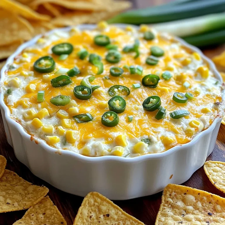 - 2 cups canned corn, drained - 1 cup cream cheese, softened - 1 cup sour cream - 1 cup shredded cheddar cheese - 1/2 cup diced jalapeños (fresh or pickled, adjust to taste) - 1/4 cup green onions, chopped - 1 teaspoon garlic powder - 1 teaspoon smoked paprika - Salt and pepper to taste - Tortilla chips or veggie sticks for serving You can switch out the cheese. Use pepper jack for a spicy kick. For a lighter dip, use Greek yogurt instead of sour cream. Fresh corn works great too if you prefer it over canned corn. If you do not like jalapeños, try bell peppers for a milder flavor. Tortilla chips are a classic choice for this dip. They add a nice crunch. You can also use veggie sticks like carrots and cucumbers for a fresh twist. Sliced baguette or crackers work well too. Pair it with a cold drink, and you have a perfect snack! {{ingredient_image_1}} First, preheat your oven to 350°F (175°C). This step is key to getting that perfect melt. While the oven warms, gather your ingredients. You will need two cups of canned corn, one cup of softened cream cheese, and one cup of sour cream. Don't forget the cheddar cheese, jalapeños, green onions, garlic powder, smoked paprika, and seasonings. In a large mixing bowl, combine the softened cream cheese and sour cream. Add half of the cheddar cheese. Use a sturdy spatula to mix until smooth. Next, stir in the drained corn. Then, add the diced jalapeños and chopped green onions. Sprinkle in the garlic powder, smoked paprika, salt, and pepper. Mix well until all the ingredients blend together nicely. Now, transfer the mixture to a baking dish. Spread it out evenly and smooth the top. Sprinkle the remaining cheddar cheese on top for that gooey finish. Place your dish in the preheated oven. Bake for 20 to 25 minutes. You want the dip bubbly and the cheese golden. Once done, take it out and let it cool slightly. Serve it warm with tortilla chips or veggie sticks for dipping. Enjoy this tasty treat! You can adjust the heat in your dip based on your taste. Use fresh jalapeños for a bold kick. For less heat, pickled jalapeños work well. Remove the seeds and ribs for a milder flavor. You can also add more or fewer jalapeños in your mix. If you want a fun twist, try adding diced serrano peppers. Cheddar cheese brings a rich flavor to your dip. You can also experiment with other cheeses. Monterey Jack melts well and adds creaminess. Pepper jack cheese gives you an extra kick. Mixing cheeses can create a unique taste. Try a blend for a gourmet touch. Always use fresh cheese for the best results. One common mistake is not draining the corn well. Excess liquid can make your dip watery. Another mistake is overbaking. Keep an eye on it to avoid burning the cheese. Also, don’t forget to let it cool slightly before serving. This allows the dip to set and makes it easier to scoop. Lastly, make sure to season well. Taste as you go to balance the flavors. Pro Tips Tip Title: Adjust the Spice: If you prefer a milder dip, use fewer jalapeños or remove the seeds. For extra heat, add more jalapeños or a dash of hot sauce. Tip Title: Make it Ahead: Prepare the dip ahead of time and store it in the refrigerator. Bake it just before serving for a warm, cheesy treat. Tip Title: Cheese Variation: Experiment with different cheeses like pepper jack for a spicier flavor or gouda for a smoky twist. Tip Title: Garnish for Presentation: Add a sprinkle of fresh cilantro or additional green onions on top before serving for a pop of color and freshness. {{image_2}} You can make this dip heartier by adding protein. Cooked chicken or shrimp works great. Just shred the chicken or chop the shrimp into small pieces. Mix them into the dip before baking. This twist adds flavor and makes it more filling. For a vegetarian option, simply skip the meat. You can also use dairy-free products for a vegan dip. Swap cream cheese with cashew cream and sour cream with a plant-based version. Use nutritional yeast in place of cheese for a cheesy flavor. This keeps the taste amazing while being vegan-friendly. This dip fits many events. For game day, serve it with tortilla chips for a crunchy snack. At parties, add veggie sticks like carrots and celery for a fresh bite. If it's a family dinner, set it on the table as a fun side. You can even place it in a bread bowl for a unique touch. To keep your cheesy jalapeño corn dip fresh, store it in an airtight container. Let it cool down to room temperature first. Then, cover it tightly and place it in the fridge. It will stay fresh for about 3 to 5 days. If you plan to eat it later, you might want to separate the dip into smaller portions. This way, it’s easy to grab what you need. When you're ready to enjoy your leftovers, reheating is key. Preheat your oven to 350°F (175°C). Place the dip in an oven-safe dish and cover it with foil. This helps keep moisture in. Heat it for about 15 to 20 minutes. You want the dip to be hot and bubbly. If you prefer the microwave, use a microwave-safe bowl. Heat it in short bursts of 30 seconds, stirring in between. This method helps avoid drying it out. If you want to save some dip for later, freezing is a great option. Place the dip in a freezer-safe container. Leave some space at the top since it will expand. Label the container with the date. You can freeze it for up to 2 months. When you're ready to eat it, thaw it in the fridge overnight. Then, reheat it as mentioned above for the best flavor and texture. Enjoy your cheesy jalapeño corn dip anytime! You can serve Cheesy Jalapeño Corn Dip with a variety of snacks. Tortilla chips are a classic choice. They add a nice crunch and pair well with the creamy dip. You can also use veggie sticks like carrots or celery for a fresh option. Pita chips or crackers work well too. Feel free to get creative! Yes, you can make this dip ahead of time! Prepare the dip and store it in the fridge. Cover it well to keep it fresh. You can bake it later when you are ready to serve. Just remember to add a few extra minutes to the baking time. Leftovers of Cheesy Jalapeño Corn Dip will last about 3 to 5 days in the fridge. Store it in an airtight container for the best results. If it looks or smells off, it’s best to toss it. Always trust your senses! This blog post covered all you need for the perfect cheesy jalapeño corn dip. We discussed ingredients, step-by-step instructions, and tips for great flavor. Customizing heat levels and using the right cheese will make your dip shine. Storing leftovers and reheating them properly ensures deliciousness later. Enjoy making this dip for any gathering. With these tips, you can impress your friends and family. Dive into the fun of creating your tasty cheesy dip!