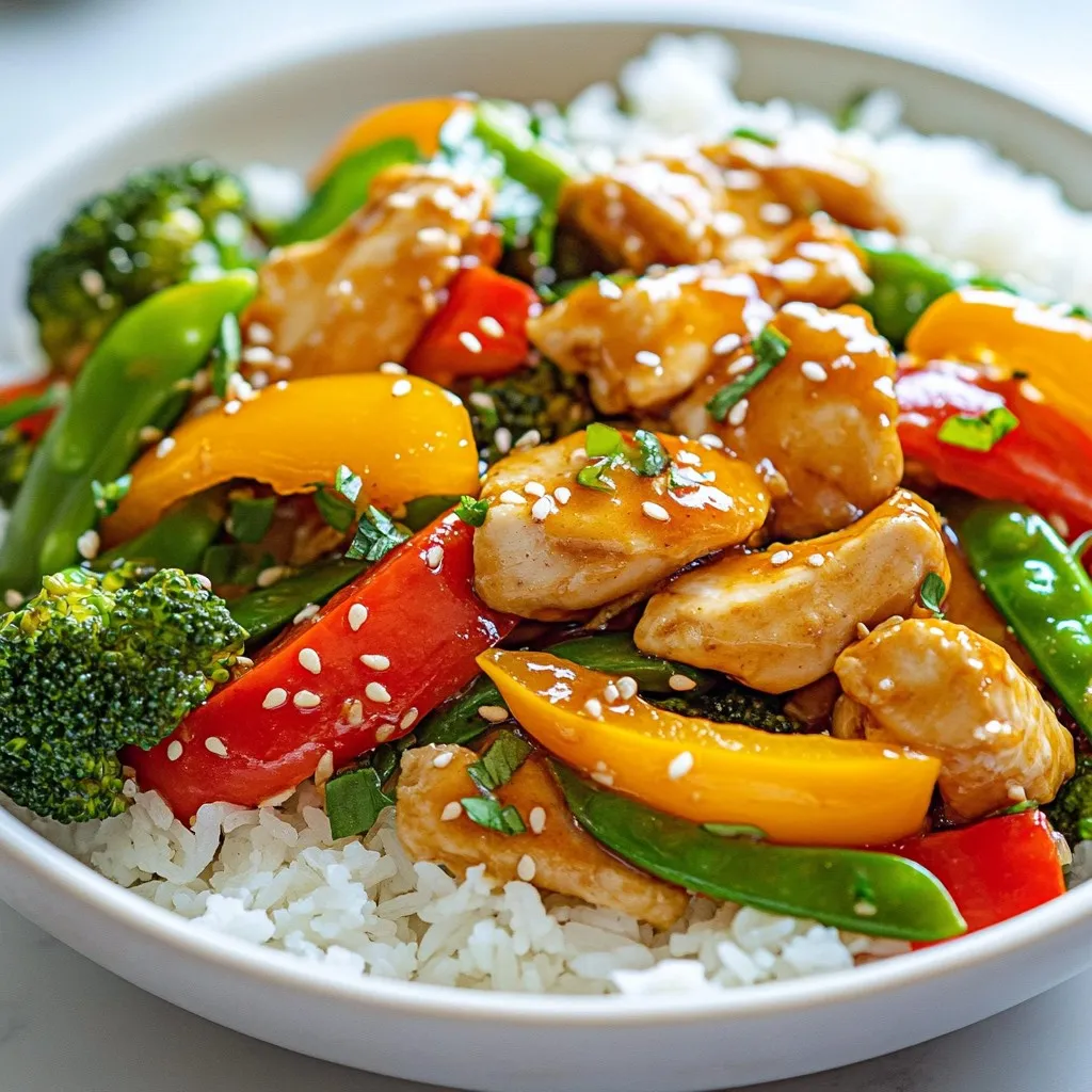 - 1 lb (450g) boneless, skinless chicken breasts, thinly sliced - 2 tablespoons honey - 3 tablespoons soy sauce - 2 cloves garlic, minced - 1 tablespoon fresh ginger, grated - 1 cup bell peppers (red, yellow, green), sliced - 1 cup broccoli florets - 1 cup snap peas - 2 tablespoons vegetable oil - Salt and pepper to taste - 1 teaspoon sesame seeds for garnish - Cooked jasmine rice or quinoa, for serving - 1 lb = 16 ounces - 1 tablespoon = 3 teaspoons - 1 cup = 8 ounces - 1 teaspoon = 5 milliliters These conversions help you adjust the recipe as needed. You can easily scale the amounts up or down based on how many people you are serving. - Honey: I like to use local honey for its unique flavor. - Soy Sauce: Look for a low-sodium version for less salt. - Vegetable Oil: Canola oil or avocado oil works well for stir-frying. - Jasmine Rice: Choose a brand that’s labeled "jasmine" for the best aroma and taste. Choosing the right brands can enhance your dish. Quality ingredients make a big difference in flavor. {{ingredient_image_1}} Start by gathering all your ingredients. This makes cooking easy and fun. Thinly slice 1 pound of chicken breasts. Mince 2 cloves of garlic and grate 1 tablespoon of fresh ginger. Slice 1 cup of bell peppers in red, yellow, and green colors. Also, chop 1 cup of broccoli florets and 1 cup of snap peas. This will add color and nutrition to your dish. In a small bowl, mix 2 tablespoons of honey, 3 tablespoons of soy sauce, minced garlic, and grated ginger. This sauce will bring all the flavors together. Set the sauce aside while you cook. Heat 2 tablespoons of vegetable oil in a large skillet or wok over medium-high heat. Season the sliced chicken with salt and pepper. Add the chicken to the hot skillet. Cook for about 5-7 minutes. It should turn golden brown and be fully cooked. Once the chicken is done, take it out of the skillet and place it on a plate. In the same skillet, add the bell peppers, broccoli, and snap peas. Stir-fry these vegetables for about 3-4 minutes. They should be tender but still crisp. Now, return the cooked chicken to the skillet. Pour the honey garlic sauce over the chicken and vegetables. Toss everything together so the sauce covers all the ingredients. Cook for an additional 2-3 minutes. This helps the sauce heat up and thicken a bit. When done, take the skillet off the heat. Sprinkle 1 teaspoon of sesame seeds on top for a nice finish. Serve your stir-fry over jasmine rice or quinoa for a complete meal. Enjoy your tasty Honey Garlic Chicken Stir-Fry! To make a great stir-fry, you need high heat and quick cooking. Use a large skillet or wok. Heat the oil until it's hot, but not smoking. This helps to sear the chicken. Cut the chicken into thin slices. This helps it cook fast. Stir the meat often to keep it from sticking. Add the veggies in stages. Start with the firmer ones, like broccoli. Add softer ones, like bell peppers, later to keep them crisp. Stir-fry for just a few minutes. This keeps the colors bright and the nutrients fresh. If you can't find some ingredients, don't worry! You can swap them easily. - Use chicken thighs instead of chicken breasts for more flavor. - Try maple syrup if you’re out of honey. - Tamari works well if you need a gluten-free option for soy sauce. - Any crunchy veggies, like carrots or zucchini, can replace snap peas. These swaps keep your meal tasty and fun. To make your dish even better, think about adding some extras. - A splash of rice vinegar can add brightness. - Chili flakes give a nice kick if you like heat. - Try adding a sprinkle of green onions for freshness at the end. - A squeeze of lime juice can brighten all the flavors. These small changes can turn a good dish into a great one! Pro Tips Marinate for Flavor: For an even richer taste, marinate the chicken in the honey garlic sauce for at least 30 minutes before cooking. This allows the flavors to penetrate the meat. Vegetable Variations: Feel free to add other vegetables such as carrots, mushrooms, or baby corn to the stir-fry for additional color and texture. High Heat Cooking: Stir-frying is best done at high heat. Make sure your skillet or wok is preheated before adding the chicken to achieve a nice sear. Leftover Sauce: If you have leftover sauce, consider using it as a marinade for other proteins or as a drizzle over roasted vegetables for added flavor. {{image_2}} You can use different proteins in this stir-fry. Chicken is great, but try shrimp or tofu for a change. Thinly slice beef or pork for a heartier dish. You can also use tempeh for a plant-based option. Each protein brings its own flavor and texture. Adjust the cooking time based on what you choose. For shrimp, cook just until pink. For tofu, brown it well for a crispy bite. Feel free to mix up your veggies in this stir-fry. While bell peppers, broccoli, and snap peas are tasty, you can use carrots, zucchini, or mushrooms instead. Try adding baby corn or bok choy for extra crunch. Stir-frying different vegetables makes it colorful and fun. Use whatever you have on hand for a quick dinner. Just remember to keep the cooking time in check to avoid soggy veggies. You can adapt this recipe to fit many diets. If you need it gluten-free, use tamari instead of soy sauce. For a low-carb option, skip the rice and serve it over lettuce wraps. If you want it spicy, add red pepper flakes or sriracha to the sauce. These small changes can make the dish fit your needs. Always taste as you go to ensure it’s just right for you. After cooking, let the Honey Garlic Chicken Stir-Fry cool. Place it in an airtight container. This keeps it fresh for up to three days in the fridge. Make sure to store it quickly. This helps prevent bacteria growth. When ready to eat, check for any off smells or changes in texture. You can freeze Honey Garlic Chicken Stir-Fry for longer storage. First, cool the dish completely. Then, transfer it to a freezer-safe bag or container. Squeeze out as much air as possible. This prevents freezer burn. It can last for up to three months in the freezer. To enjoy later, thaw it overnight in the fridge. To reheat the stir-fry, use a skillet over medium heat. Add a splash of water or broth to keep it moist. Stir often until everything is heated through. You can also use the microwave. Place it in a microwave-safe dish and cover it. Heat in 30-second intervals, stirring in between. This helps heat evenly without drying it out. You can serve Honey Garlic Chicken Stir-Fry with jasmine rice or quinoa. Both pair well with the sweet and savory sauce. You can also add a side of steamed veggies or a fresh salad for extra crunch. If you want a fun twist, serve it in lettuce wraps. This adds a nice texture and makes it light. To make a vegetarian version, swap the chicken for tofu or tempeh. Both options absorb flavors well. You can cut the tofu into cubes and sauté it until golden. Use the same honey garlic sauce for flavor. Add extra veggies like mushrooms or carrots for more taste. You can also use edamame for protein. Yes, you can make this recipe in advance. Cook the stir-fry and let it cool. Store it in an airtight container in the fridge for up to three days. You can reheat it on the stove or in the microwave. Just add a splash of water to keep it moist. This makes weeknight meals super easy! This blog post covered the key parts of making a great Honey Garlic Chicken Stir-Fry. We looked at the right ingredients, measurements, and brands to use. Then, I shared step-by-step cooking instructions and tips for a perfect meal. We also explored variations for proteins and veggies, plus storage tips. In the end, you have all you need to create a tasty dish. Enjoy experimenting in your kitchen!