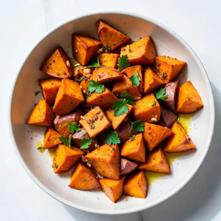 - 4 medium sweet potatoes, peeled and cubed - 4 cloves garlic, minced - 3 tablespoons olive oil - 1 teaspoon dried thyme - 1 teaspoon dried rosemary - 1 teaspoon paprika - Salt and pepper to taste - Fresh parsley for garnish Sweet potatoes are sweet and creamy when cooked. They add a nice texture. Garlic brings strong flavor and aroma. Fresh herbs like thyme and rosemary add depth. Olive oil helps everything cook evenly and adds richness. Paprika gives a nice color and mild spice. If you don’t have sweet potatoes, use regular potatoes. You can swap garlic for garlic powder. Use any cooking oil if you lack olive oil. Try mixed herbs instead of thyme and rosemary. For spice, chili powder works well, too. {{ingredient_image_1}} Start by preheating your oven to 425°F (220°C). This step is key. It helps the sweet potatoes cook evenly and become golden brown. A hot oven makes a big difference in getting that nice, crispy edge. Next, take 4 medium sweet potatoes. Peel them and cut them into cubes. The cubes should be about one inch in size. In a large mixing bowl, add the cubed sweet potatoes. Then, add 4 minced garlic cloves, 3 tablespoons of olive oil, 1 teaspoon of dried thyme, 1 teaspoon of dried rosemary, and 1 teaspoon of paprika. Finally, sprinkle salt and pepper to taste. Toss everything together well. Make sure every piece of sweet potato gets coated in the tasty mixture. Now, it’s time to roast! Spread the sweet potatoes in a single layer on a baking sheet lined with parchment paper. This helps with cleanup and keeps them from sticking. Place the baking sheet in the oven. Roast for 25 to 30 minutes. Stir the sweet potatoes halfway through. This ensures they cook evenly and get that nice golden color. When they are tender and browned, take them out. Let them cool slightly before serving. Enjoy the delicious flavor and aroma! To get the best roast, cut the sweet potatoes into even pieces. This helps them cook at the same rate. I recommend cubes about one inch wide. Make sure your oven is hot. Preheat it to 425°F (220°C). Spread the sweet potatoes in a single layer on the baking sheet. This allows them to roast, not steam. Stir them halfway through cooking. This step ensures even browning and tenderness. The key to flavor lies in the seasoning. Use fresh garlic for a strong taste. If you want a fun twist, try adding a bit of maple syrup. This adds sweetness and pairs well with garlic. Also, feel free to mix in different herbs. Fresh thyme or basil can brighten up the dish. A squeeze of lemon juice right before serving can enhance the flavors too. These roasted sweet potatoes are great on their own. But they shine as a side dish! Serve them next to grilled chicken or fish. They also pair well with a fresh salad. To make it more festive, add a drizzle of balsamic glaze. Garnish with fresh parsley for a pop of color. This simple touch makes the dish even more appealing. Pro Tips Choose the Right Sweet Potatoes: Opt for firm, unblemished sweet potatoes to ensure the best texture and flavor. Uniform Cubes: Cut the sweet potatoes into uniform cubes to ensure they cook evenly and at the same rate. Enhance Flavor: For an extra layer of flavor, try marinating the sweet potatoes in the olive oil and herbs for 30 minutes before roasting. Check for Doneness: Use a fork to test the sweet potatoes; they should be tender inside and have a crisp exterior when properly roasted. {{image_2}} You can change the flavor by using different herbs. Try basil or oregano for a fresh twist. Fresh herbs like thyme or rosemary add a nice touch too. You can even mix dried herbs for a bold taste. Just remember to adjust the amount to your liking. Looking for heat? Add a pinch of cayenne pepper or red pepper flakes. This gives your sweet potatoes a spicy kick. For a smoky flavor, try adding smoked paprika. It pairs well with the sweetness of the potatoes. You can also add a splash of hot sauce for a fun twist. Don't stop at sweet potatoes! You can mix in carrots, bell peppers, or zucchini. Cut them into similar sizes for even cooking. This adds color and nutrition to your dish. Roasting different veggies together brings out their natural sweetness. It's a tasty way to enjoy a variety of flavors on your plate. To store your garlic herb roasted sweet potatoes, let them cool first. Place the leftovers in an airtight container. Make sure to keep them in the fridge. They will stay fresh for about 3-5 days. Label the container with the date to help you remember. Reheating is simple and quick. Preheat your oven to 350°F (175°C). Spread the sweet potatoes on a baking sheet. Heat for about 10-15 minutes until they are warm. You can also use a microwave. Just place them in a microwave-safe dish and heat for 1-2 minutes. Stir halfway to make sure they heat evenly. You can freeze garlic herb roasted sweet potatoes, but they may change texture. Let them cool, then spread them on a baking sheet. Freeze until solid, then transfer to a freezer bag. They should last for about 1-2 months in the freezer. When you want to eat them, thaw overnight in the fridge. Reheat as mentioned before. Roast sweet potatoes for 25 to 30 minutes. Check for tenderness with a fork. They should be golden brown and soft inside. Stir them halfway through for even cooking. Yes, you can prep sweet potatoes ahead. Cut and season them, then store in the fridge. Roast them when you’re ready to eat. They taste best fresh, but you can keep them for a day or two. These sweet potatoes pair well with many dishes. Try serving them with grilled chicken or fish. They also go nicely with a fresh salad or roasted veggies. For a hearty meal, add a scoop of quinoa or rice. Roasting sweet potatoes is simple and fun. We covered the key ingredients, their notes, and proper alternatives. The step-by-step guide shows how to prepare and roast them perfectly. I shared tips for enhancing flavors and suggested serving ideas. You can also try fun variations with herbs and other veggies. Remember to store leftovers well and use the reheating and freezing tips. Enjoy your tasty sweet potatoes! They can be a great side for any meal.
