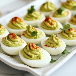 - 6 large eggs - 1 ripe avocado - 2 tablespoons Greek yogurt - 1 tablespoon lime juice - 1 teaspoon Dijon mustard - 1 clove garlic, minced - Salt and pepper to taste - Paprika, for garnish - Fresh cilantro or chives, finely chopped, for garnish Each ingredient in these avocado deviled eggs brings great benefits: - Eggs: They are packed with protein and healthy fats. Eggs support muscle growth and brain health. - Avocado: This fruit is rich in healthy fats and fiber. It helps with heart health and keeps you full. - Greek Yogurt: This yogurt adds creaminess and extra protein. It also contains probiotics for gut health. - Lime Juice: Packed with vitamin C, lime juice boosts your immune system and adds a zesty flavor. - Dijon Mustard: This adds a nice tang and flavor, plus it has antioxidants. - Garlic: Garlic has health benefits, including boosting immunity and lowering blood pressure. - Salt and Pepper: These enhance flavor without adding many calories. - Paprika: This spice adds color and a mild flavor. - Cilantro or Chives: Both herbs add freshness and extra nutrients like vitamins A and K. You can easily adjust this recipe for different diets: - For Vegan: Replace eggs with mashed chickpeas or tofu. Use vegan yogurt instead of Greek yogurt. - For Lactose-Free: Use lactose-free yogurt or a plant-based yogurt. - For Low-Carb: Skip the yogurt or use a low-carb alternative. - For Spicy: Add jalapeños or a dash of cayenne to the avocado mix. These simple swaps make this dish fit for everyone! {{ingredient_image_1}} To boil eggs, start by placing them in a pot. Cover the eggs with cold water. Use enough water to easily cover them by an inch. Turn on the heat to medium and bring it to a gentle boil. Once the water starts to boil, cover the pot. Turn off the heat and let the eggs sit for 12 minutes. This method gives you soft and creamy yolks. After waiting 12 minutes, it’s time to cool the eggs. Transfer them to a bowl filled with ice water. Let them sit for about 5 minutes. This process stops the cooking and makes peeling easier. When peeling, gently tap each egg on a hard surface. Roll it lightly to crack the shell. Peeling under running water can help get rid of any stubborn bits of shell. Once peeled, cut each egg in half lengthwise. Carefully scoop out the yolks and place them in a medium bowl. Add a ripe avocado to the yolks. Then, include 2 tablespoons of Greek yogurt and 1 tablespoon of lime juice. Mix in 1 teaspoon of Dijon mustard and 1 clove of minced garlic. Season with salt and pepper to taste. Use a fork to mash everything together until smooth. This filling is creamy, tasty, and packed with flavor. To get a creamy texture in your avocado deviled eggs, use a ripe avocado. A ripe avocado is soft and easy to mash. Mash it well with the other ingredients. Add Greek yogurt for creaminess, but don't add too much. The lime juice also helps keep it smooth, so use just the right amount. You can boost the flavor of your deviled eggs with a few simple tricks. Try adding more garlic for a stronger taste. Use fresh lime juice to brighten the flavor. A dash of hot sauce can add a nice kick. Experiment with spices like cumin or smoked paprika to create unique flavors. Avoid overcooking the eggs. This makes them tough and rubbery. Be careful when peeling the eggs; do this under running water to help. Don't skip the cooling step; it makes peeling much easier. Lastly, don't forget to taste your filling. Adjust salt and pepper to your liking before serving. Pro Tips Perfect Peel: To make peeling easier, add a teaspoon of baking soda to the water when boiling the eggs. This helps to loosen the shell. Avocado Freshness: To prevent the avocado from browning, add a bit more lime juice to the mixture or cover it tightly with plastic wrap until ready to serve. Texture Matters: For an extra creamy filling, use a food processor to blend the avocado and yolk mixture until smooth and fluffy. Serving Style: For a fun twist, serve the deviled eggs in an avocado half instead of on a platter for a beautiful presentation. {{image_2}} To add heat, use one jalapeño, diced small. Mix it into the avocado blend. You can also add a few dashes of hot sauce. This twist gives your deviled eggs a nice kick. Adjust the spice to your taste. Top with a slice of jalapeño for flair. For a Mediterranean twist, swap the Greek yogurt for hummus. Add chopped olives and sun-dried tomatoes. These ingredients bring bright flavors. You can also sprinkle feta cheese on top. Fresh herbs like dill or oregano enhance the taste. This version is great for summer gatherings. If you want a vegan option, mash chickpeas instead of egg yolks. Use a ripe avocado, lime juice, and garlic to mix. Add tahini for creaminess and flavor. This version is healthy and filling. Top with paprika and chopped parsley for a fresh look. Enjoy a tasty, plant-based snack! To store leftover avocado deviled eggs, place them in an airtight container. Cover them tightly to keep air out. This helps prevent browning from the avocado. They are best eaten within two days for freshness. If you have a lot, consider separating the filling and the whites. This keeps them fresh longer. Keep your eggs in the fridge until you are ready to use them. Store avocados at room temperature until ripe. Once ripe, put them in the fridge to slow down the ripening. Greek yogurt should stay sealed in the fridge. Check the expiration date to ensure quality. Always use fresh herbs right before serving for the best flavor. Freezing the egg mixture is not the best choice. Avocado can change texture when frozen. If you want to freeze, try just the yolk mixture. Place it in a freezer-safe bag and remove air. When ready to use, thaw it in the fridge overnight. Mix it with fresh egg whites when ready to serve. Yes, you can use any type of ripe avocado. Hass avocados are creamy and rich. They are a great choice for this recipe. If you find other varieties, like Fuerte or Bacon, they will work too. Just make sure they are ripe for the best flavor and texture. Avocado deviled eggs last about 2 days in the fridge. Store them in an airtight container. This keeps them fresh and tasty. After two days, the avocado may brown and the eggs can dry out. It is best to eat them soon after making. Avocado deviled eggs pair well with many dishes. You can serve them with fresh veggies like carrots and cucumbers. Crackers or toast also make a nice side. For a twist, add them to a salad or a charcuterie board. They add flavor and color to any meal. Avocado deviled eggs combine taste and health, making a great choice for snacks. We explored each ingredient, highlighting their health benefits and offering substitutes for special diets. I shared step-by-step instructions to boil and prepare them just right. Plus, I gave tips for the best texture and flavor enhancements. You can explore variations, like spicy or vegan options. Finally, I discussed storage best practices for freshness. Enjoy this tasty treat and make it your own!