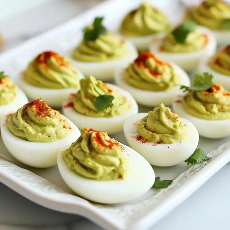 - 6 large eggs - 1 ripe avocado - 2 tablespoons Greek yogurt - 1 tablespoon lime juice - 1 teaspoon Dijon mustard - 1 clove garlic, minced - Salt and pepper to taste - Paprika, for garnish - Fresh cilantro or chives, finely chopped, for garnish Each ingredient in these avocado deviled eggs brings great benefits: - Eggs: They are packed with protein and healthy fats. Eggs support muscle growth and brain health. - Avocado: This fruit is rich in healthy fats and fiber. It helps with heart health and keeps you full. - Greek Yogurt: This yogurt adds creaminess and extra protein. It also contains probiotics for gut health. - Lime Juice: Packed with vitamin C, lime juice boosts your immune system and adds a zesty flavor. - Dijon Mustard: This adds a nice tang and flavor, plus it has antioxidants. - Garlic: Garlic has health benefits, including boosting immunity and lowering blood pressure. - Salt and Pepper: These enhance flavor without adding many calories. - Paprika: This spice adds color and a mild flavor. - Cilantro or Chives: Both herbs add freshness and extra nutrients like vitamins A and K. You can easily adjust this recipe for different diets: - For Vegan: Replace eggs with mashed chickpeas or tofu. Use vegan yogurt instead of Greek yogurt. - For Lactose-Free: Use lactose-free yogurt or a plant-based yogurt. - For Low-Carb: Skip the yogurt or use a low-carb alternative. - For Spicy: Add jalapeños or a dash of cayenne to the avocado mix. These simple swaps make this dish fit for everyone! {{ingredient_image_1}} To boil eggs, start by placing them in a pot. Cover the eggs with cold water. Use enough water to easily cover them by an inch. Turn on the heat to medium and bring it to a gentle boil. Once the water starts to boil, cover the pot. Turn off the heat and let the eggs sit for 12 minutes. This method gives you soft and creamy yolks. After waiting 12 minutes, it’s time to cool the eggs. Transfer them to a bowl filled with ice water. Let them sit for about 5 minutes. This process stops the cooking and makes peeling easier. When peeling, gently tap each egg on a hard surface. Roll it lightly to crack the shell. Peeling under running water can help get rid of any stubborn bits of shell. Once peeled, cut each egg in half lengthwise. Carefully scoop out the yolks and place them in a medium bowl. Add a ripe avocado to the yolks. Then, include 2 tablespoons of Greek yogurt and 1 tablespoon of lime juice. Mix in 1 teaspoon of Dijon mustard and 1 clove of minced garlic. Season with salt and pepper to taste. Use a fork to mash everything together until smooth. This filling is creamy, tasty, and packed with flavor. To get a creamy texture in your avocado deviled eggs, use a ripe avocado. A ripe avocado is soft and easy to mash. Mash it well with the other ingredients. Add Greek yogurt for creaminess, but don't add too much. The lime juice also helps keep it smooth, so use just the right amount. You can boost the flavor of your deviled eggs with a few simple tricks. Try adding more garlic for a stronger taste. Use fresh lime juice to brighten the flavor. A dash of hot sauce can add a nice kick. Experiment with spices like cumin or smoked paprika to create unique flavors. Avoid overcooking the eggs. This makes them tough and rubbery. Be careful when peeling the eggs; do this under running water to help. Don't skip the cooling step; it makes peeling much easier. Lastly, don't forget to taste your filling. Adjust salt and pepper to your liking before serving. Pro Tips Perfect Peel: To make peeling easier, add a teaspoon of baking soda to the water when boiling the eggs. This helps to loosen the shell. Avocado Freshness: To prevent the avocado from browning, add a bit more lime juice to the mixture or cover it tightly with plastic wrap until ready to serve. Texture Matters: For an extra creamy filling, use a food processor to blend the avocado and yolk mixture until smooth and fluffy. Serving Style: For a fun twist, serve the deviled eggs in an avocado half instead of on a platter for a beautiful presentation. {{image_2}} To add heat, use one jalapeño, diced small. Mix it into the avocado blend. You can also add a few dashes of hot sauce. This twist gives your deviled eggs a nice kick. Adjust the spice to your taste. Top with a slice of jalapeño for flair. For a Mediterranean twist, swap the Greek yogurt for hummus. Add chopped olives and sun-dried tomatoes. These ingredients bring bright flavors. You can also sprinkle feta cheese on top. Fresh herbs like dill or oregano enhance the taste. This version is great for summer gatherings. If you want a vegan option, mash chickpeas instead of egg yolks. Use a ripe avocado, lime juice, and garlic to mix. Add tahini for creaminess and flavor. This version is healthy and filling. Top with paprika and chopped parsley for a fresh look. Enjoy a tasty, plant-based snack! To store leftover avocado deviled eggs, place them in an airtight container. Cover them tightly to keep air out. This helps prevent browning from the avocado. They are best eaten within two days for freshness. If you have a lot, consider separating the filling and the whites. This keeps them fresh longer. Keep your eggs in the fridge until you are ready to use them. Store avocados at room temperature until ripe. Once ripe, put them in the fridge to slow down the ripening. Greek yogurt should stay sealed in the fridge. Check the expiration date to ensure quality. Always use fresh herbs right before serving for the best flavor. Freezing the egg mixture is not the best choice. Avocado can change texture when frozen. If you want to freeze, try just the yolk mixture. Place it in a freezer-safe bag and remove air. When ready to use, thaw it in the fridge overnight. Mix it with fresh egg whites when ready to serve. Yes, you can use any type of ripe avocado. Hass avocados are creamy and rich. They are a great choice for this recipe. If you find other varieties, like Fuerte or Bacon, they will work too. Just make sure they are ripe for the best flavor and texture. Avocado deviled eggs last about 2 days in the fridge. Store them in an airtight container. This keeps them fresh and tasty. After two days, the avocado may brown and the eggs can dry out. It is best to eat them soon after making. Avocado deviled eggs pair well with many dishes. You can serve them with fresh veggies like carrots and cucumbers. Crackers or toast also make a nice side. For a twist, add them to a salad or a charcuterie board. They add flavor and color to any meal. Avocado deviled eggs combine taste and health, making a great choice for snacks. We explored each ingredient, highlighting their health benefits and offering substitutes for special diets. I shared step-by-step instructions to boil and prepare them just right. Plus, I gave tips for the best texture and flavor enhancements. You can explore variations, like spicy or vegan options. Finally, I discussed storage best practices for freshness. Enjoy this tasty treat and make it your own!