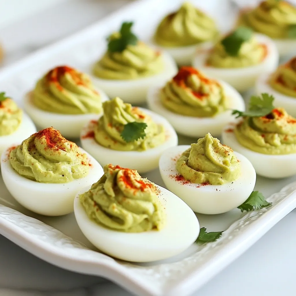 - 6 large eggs - 1 ripe avocado - 2 tablespoons Greek yogurt - 1 tablespoon lime juice - 1 teaspoon Dijon mustard - 1 clove garlic, minced - Salt and pepper to taste - Paprika, for garnish - Fresh cilantro or chives, finely chopped, for garnish Each ingredient in these avocado deviled eggs brings great benefits: - Eggs: They are packed with protein and healthy fats. Eggs support muscle growth and brain health. - Avocado: This fruit is rich in healthy fats and fiber. It helps with heart health and keeps you full. - Greek Yogurt: This yogurt adds creaminess and extra protein. It also contains probiotics for gut health. - Lime Juice: Packed with vitamin C, lime juice boosts your immune system and adds a zesty flavor. - Dijon Mustard: This adds a nice tang and flavor, plus it has antioxidants. - Garlic: Garlic has health benefits, including boosting immunity and lowering blood pressure. - Salt and Pepper: These enhance flavor without adding many calories. - Paprika: This spice adds color and a mild flavor. - Cilantro or Chives: Both herbs add freshness and extra nutrients like vitamins A and K. You can easily adjust this recipe for different diets: - For Vegan: Replace eggs with mashed chickpeas or tofu. Use vegan yogurt instead of Greek yogurt. - For Lactose-Free: Use lactose-free yogurt or a plant-based yogurt. - For Low-Carb: Skip the yogurt or use a low-carb alternative. - For Spicy: Add jalapeños or a dash of cayenne to the avocado mix. These simple swaps make this dish fit for everyone! {{ingredient_image_1}} To boil eggs, start by placing them in a pot. Cover the eggs with cold water. Use enough water to easily cover them by an inch. Turn on the heat to medium and bring it to a gentle boil. Once the water starts to boil, cover the pot. Turn off the heat and let the eggs sit for 12 minutes. This method gives you soft and creamy yolks. After waiting 12 minutes, it’s time to cool the eggs. Transfer them to a bowl filled with ice water. Let them sit for about 5 minutes. This process stops the cooking and makes peeling easier. When peeling, gently tap each egg on a hard surface. Roll it lightly to crack the shell. Peeling under running water can help get rid of any stubborn bits of shell. Once peeled, cut each egg in half lengthwise. Carefully scoop out the yolks and place them in a medium bowl. Add a ripe avocado to the yolks. Then, include 2 tablespoons of Greek yogurt and 1 tablespoon of lime juice. Mix in 1 teaspoon of Dijon mustard and 1 clove of minced garlic. Season with salt and pepper to taste. Use a fork to mash everything together until smooth. This filling is creamy, tasty, and packed with flavor. To get a creamy texture in your avocado deviled eggs, use a ripe avocado. A ripe avocado is soft and easy to mash. Mash it well with the other ingredients. Add Greek yogurt for creaminess, but don't add too much. The lime juice also helps keep it smooth, so use just the right amount. You can boost the flavor of your deviled eggs with a few simple tricks. Try adding more garlic for a stronger taste. Use fresh lime juice to brighten the flavor. A dash of hot sauce can add a nice kick. Experiment with spices like cumin or smoked paprika to create unique flavors. Avoid overcooking the eggs. This makes them tough and rubbery. Be careful when peeling the eggs; do this under running water to help. Don't skip the cooling step; it makes peeling much easier. Lastly, don't forget to taste your filling. Adjust salt and pepper to your liking before serving. Pro Tips Perfect Peel: To make peeling easier, add a teaspoon of baking soda to the water when boiling the eggs. This helps to loosen the shell. Avocado Freshness: To prevent the avocado from browning, add a bit more lime juice to the mixture or cover it tightly with plastic wrap until ready to serve. Texture Matters: For an extra creamy filling, use a food processor to blend the avocado and yolk mixture until smooth and fluffy. Serving Style: For a fun twist, serve the deviled eggs in an avocado half instead of on a platter for a beautiful presentation. {{image_2}} To add heat, use one jalapeño, diced small. Mix it into the avocado blend. You can also add a few dashes of hot sauce. This twist gives your deviled eggs a nice kick. Adjust the spice to your taste. Top with a slice of jalapeño for flair. For a Mediterranean twist, swap the Greek yogurt for hummus. Add chopped olives and sun-dried tomatoes. These ingredients bring bright flavors. You can also sprinkle feta cheese on top. Fresh herbs like dill or oregano enhance the taste. This version is great for summer gatherings. If you want a vegan option, mash chickpeas instead of egg yolks. Use a ripe avocado, lime juice, and garlic to mix. Add tahini for creaminess and flavor. This version is healthy and filling. Top with paprika and chopped parsley for a fresh look. Enjoy a tasty, plant-based snack! To store leftover avocado deviled eggs, place them in an airtight container. Cover them tightly to keep air out. This helps prevent browning from the avocado. They are best eaten within two days for freshness. If you have a lot, consider separating the filling and the whites. This keeps them fresh longer. Keep your eggs in the fridge until you are ready to use them. Store avocados at room temperature until ripe. Once ripe, put them in the fridge to slow down the ripening. Greek yogurt should stay sealed in the fridge. Check the expiration date to ensure quality. Always use fresh herbs right before serving for the best flavor. Freezing the egg mixture is not the best choice. Avocado can change texture when frozen. If you want to freeze, try just the yolk mixture. Place it in a freezer-safe bag and remove air. When ready to use, thaw it in the fridge overnight. Mix it with fresh egg whites when ready to serve. Yes, you can use any type of ripe avocado. Hass avocados are creamy and rich. They are a great choice for this recipe. If you find other varieties, like Fuerte or Bacon, they will work too. Just make sure they are ripe for the best flavor and texture. Avocado deviled eggs last about 2 days in the fridge. Store them in an airtight container. This keeps them fresh and tasty. After two days, the avocado may brown and the eggs can dry out. It is best to eat them soon after making. Avocado deviled eggs pair well with many dishes. You can serve them with fresh veggies like carrots and cucumbers. Crackers or toast also make a nice side. For a twist, add them to a salad or a charcuterie board. They add flavor and color to any meal. Avocado deviled eggs combine taste and health, making a great choice for snacks. We explored each ingredient, highlighting their health benefits and offering substitutes for special diets. I shared step-by-step instructions to boil and prepare them just right. Plus, I gave tips for the best texture and flavor enhancements. You can explore variations, like spicy or vegan options. Finally, I discussed storage best practices for freshness. Enjoy this tasty treat and make it your own!