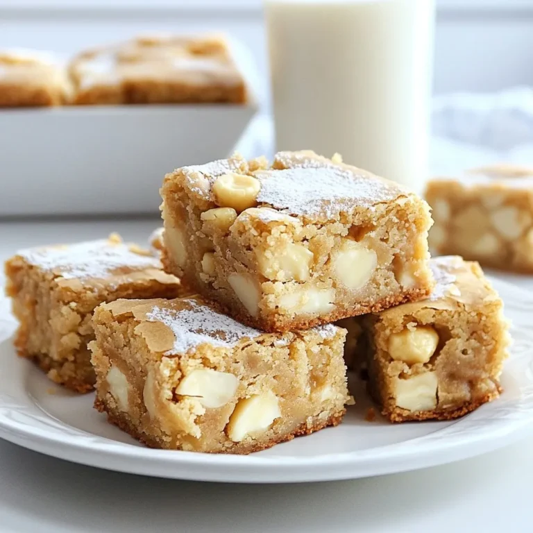 - 1 cup unsalted butter, melted - 1 cup brown sugar, packed - 1/2 cup granulated sugar - 2 large eggs - 2 teaspoons vanilla extract - 2 cups all-purpose flour - 1 teaspoon baking powder - 1/2 teaspoon salt - 1 cup white chocolate chips - 1 cup chopped macadamia nuts When you gather your ingredients, start with the butter. Melt it until it's smooth. This step helps blend the sugars better. Next, you’ll need brown sugar and granulated sugar. The brown sugar adds moisture and a rich flavor. The granulated sugar gives the blondies a nice sweetness. Crack in two large eggs. Make sure they are fresh. They bind all the ingredients together. Add in two teaspoons of vanilla extract for that warm, sweet scent. In a separate bowl, mix two cups of all-purpose flour. Add one teaspoon of baking powder. This gives your blondies a slight lift. Lastly, include half a teaspoon of salt. Salt enhances all the flavors. Now, let’s not forget the fun parts! Fold in one cup of white chocolate chips. They melt beautifully and add creaminess. Also, add one cup of chopped macadamia nuts. Their crunchiness pairs perfectly with the soft blondie base. With all these ingredients, you can create a truly delightful treat! {{ingredient_image_1}} - Preheat your oven to 350°F (175°C). - Grease or line a 9x13 inch baking pan with parchment paper. - In a large bowl, mix the melted butter, brown sugar, and granulated sugar. - Add the eggs, one at a time, mixing well each time. Stir in the vanilla extract. - In another bowl, whisk together the flour, baking powder, and salt. - Gradually combine the dry ingredients with the wet mixture, stirring until just mixed. - Gently fold in the white chocolate chips and chopped macadamia nuts. Make sure they spread evenly in the batter. - Pour the batter into the prepared pan and spread it out evenly. - Bake for 25-30 minutes. Check doneness with a toothpick; it should come out clean or with a few crumbs. - Let the blondies cool in the pan for about 10 minutes. - Transfer them to a wire rack and cool completely before cutting into squares. To make the perfect blondies, mixing is key. Avoid overmixing the batter. Overmixing can make them tough. Mix just until the dry ingredients disappear. You want a thick, smooth batter. Using room temperature ingredients helps a lot. Eggs and butter mix better when they are at room temperature. This ensures a nice, even blend. It also helps the batter rise well. To test for doneness, use a toothpick. Insert it into the center of the blondies. If it comes out clean or with a few moist crumbs, they are done. If there is wet batter, give them more time. Watch for signs of overbaking. The edges will look brown and dry. The center might puff up and crack. Aim for a soft, golden top to keep them chewy. For serving, use a rustic wooden board. Dust the blondies with powdered sugar for charm. Pair them with a chilled glass of milk. A scoop of vanilla ice cream makes it extra special. For photos, cut them into neat squares. Arrange them in a fun way. Natural light works best for capturing their golden color and texture. Pro Tips Use Room Temperature Ingredients: Ensure your eggs and butter are at room temperature for better mixing and a smoother batter. Don’t Overmix: Mix the dry ingredients with the wet just until combined to maintain the blondies' chewy texture. Check for Doneness: Start checking the blondies a few minutes before the suggested baking time to avoid overbaking. Let Them Cool: Allow the blondies to cool completely before cutting for cleaner, neater squares. {{image_2}} You can change the white chocolate to dark chocolate. This swap gives a richer taste. Dark chocolate adds depth and a slight bitterness. It balances well with the sweet blondie base. If you want to switch nuts, try pecans or walnuts. Pecans add a buttery flavor, while walnuts give a crunch. Both options work well with the sweet white chocolate. Adding spices can enhance your blondies. A pinch of cinnamon or nutmeg brings warmth. You might also try almond or coconut extract for a twist. These flavors can make your blondies unique. Dried fruits like cranberries or apricots work well too. They add a chewy texture and a burst of flavor. Mix them into the batter for extra sweetness and color. You can make these blondies gluten-free easily. Substitute all-purpose flour with a gluten-free blend. Look for a mix that contains xanthan gum for texture. This will help your blondies rise and hold together well. To keep your white chocolate macadamia blondies fresh, store them properly. Use an airtight container. This container will keep the blondies moist. You can also wrap them tightly in plastic wrap. Keep them in a cool, dry place. Avoid sunlight, as it can dry them out. If you like, you can layer them with parchment paper. This prevents sticking and keeps them nice. At room temperature, the blondies last about 5 days. They stay soft and tasty during this time. If you place them in the fridge, they can last up to 10 days. The cold can make them a little firm. Just let them sit out for a bit before enjoying. It brings back their softness. To freeze your blondies, first, let them cool completely. Cut them into squares for easy serving. Wrap each square in plastic wrap. Then, place the wrapped squares in a freezer bag. Make sure to remove as much air as possible. They will stay good in the freezer for about 3 months. When you want to enjoy them, take out a square. Let it thaw in the fridge overnight or on the counter for a few hours. Enjoy your delicious treat whenever you like! Blondies are sweet baked treats like brownies but without cocoa. They have a rich, buttery flavor. Blondies use brown sugar for a chewy texture and a hint of caramel. Unlike brownies, blondies are light in color and often include nuts or chips. They are a delightful twist on the classic dessert. Yes, you can swap out macadamia nuts for other nuts. Pecans and walnuts work well too. Almonds add a nice crunch and flavor. If you want a nut-free option, try adding chocolate chips or dried fruit. This keeps blondies tasty while meeting your needs. To check if blondies are done, insert a toothpick in the center. If it comes out clean or with a few moist crumbs, they are ready. Keep an eye on the edges; they should look golden brown. Avoid overbaking as this can make them dry and crumbly. You can make blondies ahead of time. Bake them, then let them cool completely. Store the blondies in an airtight container at room temperature for up to four days. For longer storage, freeze the blondies. Wrap them tightly in plastic wrap and foil, then freeze for up to three months. In this post, we explored how to make delicious blondies. We went through the ingredients, step-by-step instructions, and helpful tips. We also discussed variations to suit your taste and storage methods to keep your blondies fresh. In the end, you have a tasty treat that’s easy to make. Remember, the right mix of flavors and proper baking will lead to great results. Enjoy your baking adventure!