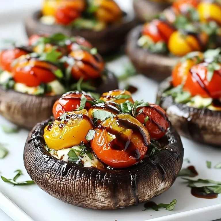 - 4 large portobello mushrooms, stems removed - 2 cups cherry tomatoes, halved - 8 ounces fresh mozzarella cheese, diced - 1/4 cup fresh basil leaves, chopped - 2 tablespoons balsamic glaze - 2 tablespoons olive oil - 1 teaspoon garlic powder - Salt and pepper to taste - 1/4 teaspoon red pepper flakes (optional) When choosing portobello mushrooms, look for ones that are firm and smooth. They should feel heavy for their size. Fresh cherry tomatoes should be bright and firm. Soft spots can mean they are past their best. For mozzarella, use fresh cheese for a creamy texture. If you can't find fresh basil, dried basil can work, but fresh gives better flavor. One serving of Caprese stuffed portobellos has about 230 calories. They are low in carbs and high in protein. Mushrooms are a good source of vitamins and minerals. Mozzarella adds calcium and protein. The dish is also rich in antioxidants from tomatoes and basil. To keep it healthy, use less balsamic glaze or olive oil. This dish is perfect for a light meal or appetizer. {{ingredient_image_1}} Start by setting your oven to 375°F (190°C). This temperature helps the mushrooms cook perfectly. Next, line a baking sheet with parchment paper. This step makes cleanup easy and keeps the mushrooms from sticking. Take 4 large portobello mushrooms and clean them with a damp cloth. This helps remove dirt and keeps them fresh. After cleaning, remove the stems. Place the mushrooms on the baking sheet with the gill-side facing up. This position allows the filling to stay inside. In a mixing bowl, combine 2 cups of halved cherry tomatoes, 8 ounces of diced fresh mozzarella cheese, and 1/4 cup of chopped fresh basil leaves. Add 2 tablespoons of balsamic glaze, 2 tablespoons of olive oil, 1 teaspoon of garlic powder, salt, and pepper to taste. If you like a bit of spice, add 1/4 teaspoon of red pepper flakes. Stir the mixture well until everything is coated nicely. Now, take the Caprese mixture and spoon it generously into each portobello cap. Press down gently to pack the filling, so it holds well during baking. This step ensures each bite is full of flavor. Place the baking sheet in your preheated oven. Bake the stuffed mushrooms for 20-25 minutes. You want the mushrooms to be tender, and the cheese should be bubbly and slightly golden. Once out of the oven, let them cool for a few minutes before serving. For a finishing touch, drizzle with extra balsamic glaze and garnish with more basil leaves. Enjoy your tasty creation! When picking portobello mushrooms, look for large and firm caps. The color should be dark brown and the gills should be clean. Avoid mushrooms with soft spots or wrinkles. Fresh mushrooms smell earthy, not sour. If you can, buy them from a local market. To keep your mushrooms from turning soggy, dry them well before cooking. Use a damp cloth to clean them, but don’t soak them in water. When you fill the mushrooms, pack the ingredients tightly. This helps prevent moisture from escaping during cooking. Baking them at the right temperature is key too. Caprese stuffed portobellos make a great main dish or a side. Serve them on a bed of fresh greens, like arugula or spinach. Drizzle extra balsamic glaze on top for added flavor. Pair these stuffed mushrooms with crusty bread or a light salad for a full meal. You can also add grilled chicken or shrimp for extra protein. Pro Tips Choose Fresh Ingredients: Use the freshest mozzarella and ripe cherry tomatoes for the best flavor. Experiment with Cheese: Try different types of cheese like goat cheese or feta for a unique twist on the classic Caprese flavor. Pre-Season Mushrooms: Brush the portobello caps with olive oil and season before adding the filling for extra flavor. Serve Immediately: Enjoy the stuffed mushrooms right after baking for the best texture and taste. {{image_2}} You can easily make this dish vegan. Swap the fresh mozzarella for vegan cheese. Look for brands that melt well. Use a dairy-free balsamic glaze too. This keeps the flavors bold and fresh. You won't miss the cheese at all. This recipe is already gluten-free! Portobello mushrooms are naturally gluten-free. Just check your balsamic glaze. Some brands add gluten. Always read the labels to ensure your meal is safe. Want to kick up the taste? Add pesto to the filling. It brings a nutty, rich flavor. You can also include fresh spinach for added nutrition. Spinach wilts down nicely when baked. For a spicy twist, toss in more red pepper flakes. Each addition makes this dish even more exciting. Store leftover stuffed mushrooms in an airtight container. Let them cool first. Place a paper towel in the container to absorb moisture. This keeps the mushrooms fresh and tasty. You can store them in the fridge for up to three days. To reheat, preheat your oven to 350°F (175°C). Place the mushrooms on a baking sheet. Cover them loosely with foil to prevent drying. Heat for about 10-15 minutes. This method keeps the cheese gooey and the mushrooms tender. You can also use a microwave. Heat for 1-2 minutes, but the oven gives better results. You can freeze stuffed mushrooms for later. Wrap each mushroom in plastic wrap tightly. Then, place them in a freezer bag. Remove as much air as possible. They can stay frozen for up to three months. When ready to eat, thaw them in the fridge overnight. Reheat them in the oven for the best texture. You can pair Caprese stuffed portobellos with a fresh salad. A simple arugula salad works well. You can also serve them with crusty bread or garlic bread. Pasta with a light sauce makes a great side too. Adding a glass of crisp white wine will enhance the meal. Caprese stuffed portobellos last up to three days when stored properly. Keep them in an airtight container. Make sure they cool to room temperature first. This helps preserve their flavor and texture. Yes, you can prepare them ahead of time. Stuff the mushrooms and store them in the fridge. They will stay fresh for a day or two. Just bake them right before serving for the best taste. Feel free to swap ingredients based on what you have. You can use larger tomatoes instead of cherry tomatoes. Any cheese, like feta or goat, can work too. If you need a vegan option, try plant-based cheese and olive oil instead of balsamic glaze. In this article, we explored the delicious world of Caprese Stuffed Portobellos. We discussed the ingredients, how to prepare them, and the baking steps. We also shared tips for choosing mushrooms and preventing sogginess. You can make variations to suit your taste, and we covered how to store any leftovers. Enjoy experimenting with this recipe. With a few simple steps, you can create a healthy and tasty dish that impresses everyone. Happy cooking!