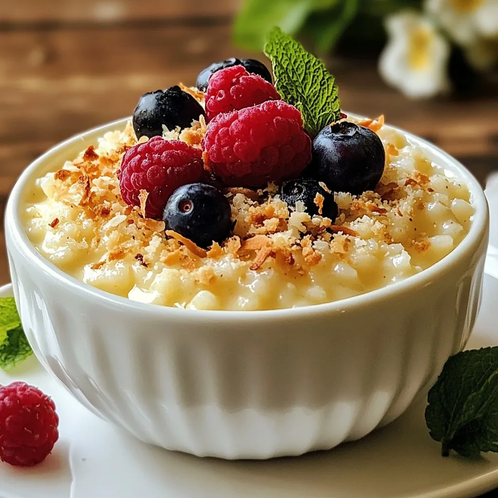 To create a rich and creamy vanilla bean rice pudding, gather these ingredients: - 1 cup Arborio rice - 4 cups whole milk - 1 cup coconut milk - 1/2 cup granulated sugar - 1/4 teaspoon salt - 1 vanilla bean (split lengthwise for seeds) - 1 teaspoon vanilla extract - 2 large egg yolks - 1/4 cup raisins (optional) - Fresh berries or toasted coconut for garnish You can swap some ingredients for different flavors or dietary needs. For milk, try almond or soy milk for a dairy-free option. You can use any short-grain rice if you cannot find Arborio. Instead of sugar, you might use honey or maple syrup. For a nut-free version, skip coconut milk and use just whole milk. If you prefer, leave out the raisins or use dried cranberries instead. These swaps will still give you a great taste. Garnishes add a nice touch to your rice pudding. Fresh berries like strawberries or blueberries add color and taste. Toasted coconut gives a crunchy and sweet layer. You can also sprinkle cinnamon or nutmeg on top for extra flavor. These garnishes make your dish look fancy and inviting! {{ingredient_image_1}} To make vanilla bean rice pudding, start by gathering your ingredients. You need Arborio rice, whole milk, coconut milk, sugar, salt, a vanilla bean, and egg yolks. The rice gives the pudding a nice creamy texture. 1. In a large saucepan, mix the Arborio rice, whole milk, coconut milk, granulated sugar, and salt together. Stir it well. 2. Next, split your vanilla bean lengthwise. Scrape out the seeds with a knife. Add both the seeds and the bean to the rice mixture. 3. Heat the mixture over medium heat. Stir it often until it reaches a gentle simmer. This should take about 5 minutes. 4. Once simmering, lower the heat. Cook for 25 to 30 minutes. Stir frequently until the rice is soft and creamy. 5. While the rice cooks, you can prepare the egg yolks. In a bowl, whisk the egg yolks until they are smooth. - Stir often to prevent sticking. This keeps your pudding creamy. - Use medium heat so the pudding cooks evenly. High heat can burn the milk. - If you like, add raisins for extra sweetness. They give a nice chewy texture. Tempering egg yolks keeps them from scrambling in the hot mixture. Here's how to do it: 1. Take a spoonful of the hot rice mixture. Slowly add it to your egg yolks while whisking constantly. 2. Repeat this step a few times. This warms up the yolks without cooking them. 3. Once mixed, pour the yolk mixture back into the saucepan. Stir continuously to combine it. 4. Cook for another 3 to 5 minutes to thicken the pudding. This process makes your rice pudding rich and smooth. Now, you are ready to enjoy your delicious vanilla bean rice pudding! To get the best texture for your rice pudding, use Arborio rice. This rice has a high starch content, which helps create a creamy base. Stir the mixture often while it cooks. This keeps the rice from sticking to the bottom. Cook it slowly over low heat to avoid burning. If the pudding is too thick, add a bit more milk. This will give it a smooth finish. To boost the flavor, try using fresh vanilla beans. They add a rich, warm taste that vanilla extract alone can’t match. You can also add a pinch of nutmeg or cinnamon for warmth. If you like a tropical twist, mix in some coconut flakes or use all coconut milk. Raisins add sweetness but skip them if you prefer a plain pudding. Fresh berries on top will brighten the dish and add a pop of flavor. One common mistake is cooking the pudding too fast. High heat can burn the rice and ruin the texture. Also, avoid skipping the tempering step for the egg yolks. This prevents them from scrambling when mixed into the hot pudding. Lastly, remember to discard the split vanilla bean before serving. Leaving it in can lead to bitter bites. Following these tips will help create a delightful rice pudding every time. Pro Tips Use Fresh Ingredients: Always opt for fresh vanilla beans for the best flavor. The aroma and taste will elevate your pudding to a whole new level! Perfect Consistency: Stir frequently while cooking to prevent the rice from sticking to the bottom of the pan and ensure a creamy texture. Chill for Best Flavor: Allow the rice pudding to cool and chill in the refrigerator for a few hours before serving. This enhances the flavors and gives it a delightful texture. Customizable Toppings: Feel free to get creative with your toppings! Try different fruits, nuts, or even a drizzle of honey for added sweetness. {{image_2}} You can make this dessert without dairy. Use almond milk or oat milk instead of whole milk. Coconut milk is already in the recipe, so you can keep that for creaminess. This option is great for those who are lactose intolerant or vegan. You still get a rich taste without dairy. Want to try something new? Add cocoa powder for chocolate rice pudding. Just mix in two tablespoons when you cook the rice. For a matcha twist, add one teaspoon of matcha powder. This gives a nice green color and earthy taste. You can also try spices like cinnamon or cardamom for warmth. Seasonal fruits can elevate your rice pudding. In summer, add fresh berries like strawberries or blueberries. In fall, stir in diced apples and a pinch of cinnamon. For winter, try dried fruits like apricots or figs. This way, you make your dish fresh and fun all year! To keep your vanilla bean rice pudding fresh, place it in a clean container. Make sure the lid is tight. If you let it cool first, it won't steam up. Store it in the fridge for up to three days. The pudding may thicken as it chills. When you’re ready to enjoy your rice pudding again, remove it from the fridge. Place it in a saucepan over low heat. Stir in a splash of milk to loosen it up. Heat slowly, stirring often, until warm. You can also use a microwave. Heat in short bursts, stirring in between. You can freeze rice pudding if you want to save some for later. Pour it into a freezer-safe container, leaving space at the top for expansion. It will last up to three months in the freezer. To reheat, let it thaw in the fridge overnight. Then, follow the reheating instructions to enjoy your delicious treat again. Yes, you can make vanilla bean rice pudding in advance. This dessert tastes even better the next day. Just let it cool and store it in the fridge. Keep it in an airtight container to keep it fresh. When you’re ready to serve, you can enjoy it cold or warm it up. If it gets too thick, add a little milk to loosen it. I recommend using Arborio rice for rice pudding. Arborio rice is a short-grain rice. It absorbs liquid well and gives the pudding a creamy texture. Other types of rice, like Jasmine or Basmati, do not work as well. They cook up too dry and lose that rich creaminess you want in a pudding. Rice pudding is done when the rice is tender and the mixture is creamy. You should stir it often while cooking. This helps it thicken nicely. If you taste the rice and it’s soft, it’s ready. You can also check the consistency. It should coat the back of a spoon but still be pourable. This blog post covered how to make rice pudding from start to finish. We explored the key ingredients, ways to switch them out, and optional garnishes. I shared step-by-step cooking instructions, useful tips for perfect texture, and common mistakes to avoid. You learned about fun variations and how to store your pudding properly. In short, now you have all the tools to create a fantastic rice pudding. Enjoy your cooking and celebrate your tasty results!