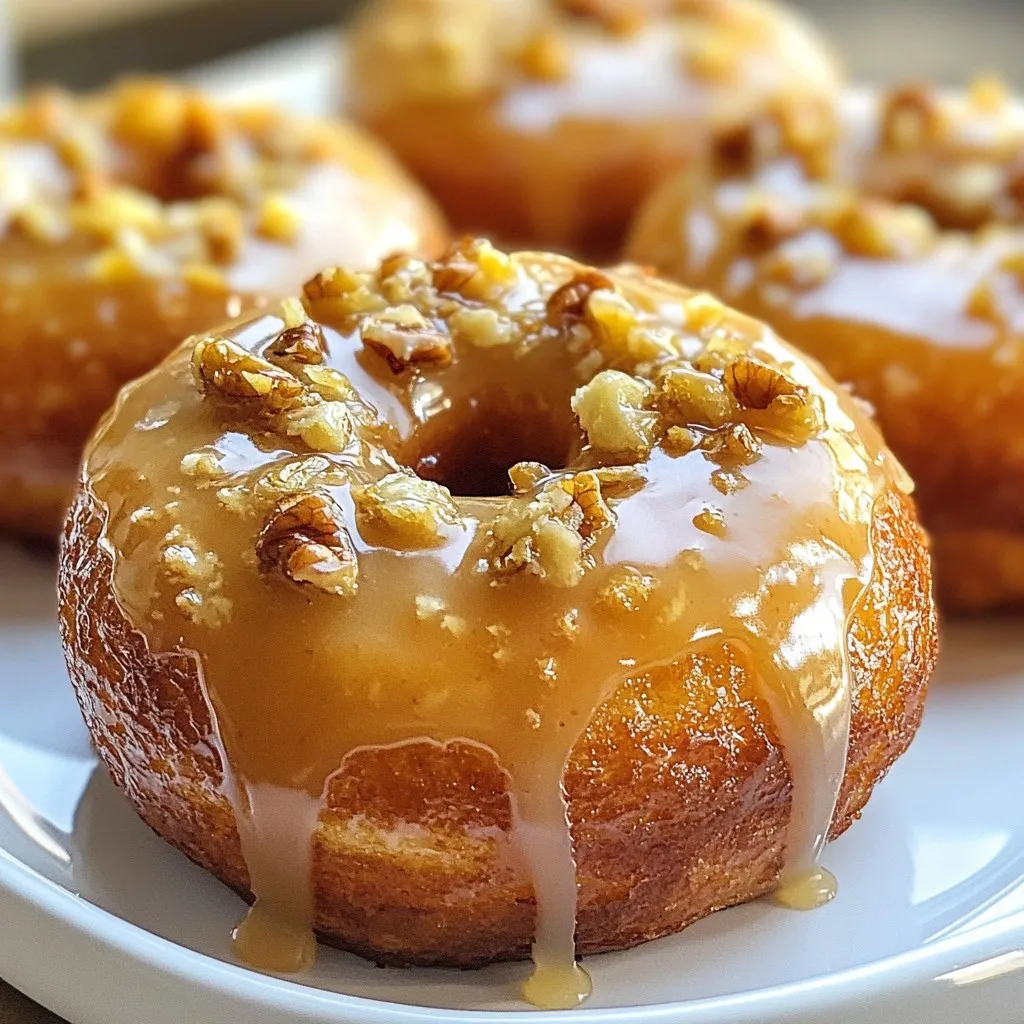 - 1 cup all-purpose flour - 1/2 cup brown sugar - 1/2 cup granulated sugar - 1 teaspoon baking powder - 1/2 teaspoon baking soda - 1/2 teaspoon ground cinnamon - 1/4 teaspoon nutmeg - 1/4 teaspoon salt - 1 large egg - 1/2 cup buttermilk - 1/4 cup unsweetened applesauce - 1 teaspoon vanilla extract - 1 cup grated carrots (about 2 medium carrots) - 1/4 cup chopped walnuts (optional) - 1/4 cup maple syrup - 1 cup powdered sugar I love using fresh, quality ingredients for my Maple Glazed Carrot Cake Donuts. The dry ingredients form the base of the batter. I prefer all-purpose flour for a light texture. Brown and granulated sugars add sweetness and depth. Baking powder and baking soda help the donuts rise. Cinnamon and nutmeg provide warmth. A pinch of salt balances the flavors. For the wet ingredients, I use a large egg for richness. Buttermilk gives a nice tang and keeps the donuts moist. Unsweetened applesauce adds natural sweetness and moisture. Vanilla extract enhances the flavor. Grated carrots bring a fresh taste and natural sweetness. If you like a little crunch, add chopped walnuts. For the glaze, maple syrup adds a sweet and rich flavor. Powdered sugar gives the glaze a smooth finish. This simple glaze makes the donuts shine and taste great! {{ingredient_image_1}} 1. Preheat your oven to 350°F (175°C). This helps cook the donuts evenly. 2. Grease your donut pan. Use non-stick spray or light oil. This prevents sticking. 3. In a large bowl, mix the dry ingredients. Combine flour, brown sugar, granulated sugar, baking powder, baking soda, cinnamon, nutmeg, and salt well. 1. In a separate bowl, beat the egg. Then, add buttermilk, applesauce, and vanilla. Mix until smooth. 2. Gradually stir the wet mixture into the dry mix. Combine until just blended. Do not overmix; this keeps donuts fluffy. 3. Fold in the grated carrots and walnuts if you want. They add flavor and crunch. 4. Spoon the batter into the donut pan. Fill each cavity about two-thirds full. 5. Bake for 10 to 12 minutes. Check with a toothpick; it should come out clean. 1. Let the donuts cool in the pan for about 5 minutes. Then, transfer them to a wire rack. They need to cool completely. 2. For the glaze, whisk together the maple syrup and powdered sugar in a medium bowl. 3. Adjust the glaze. Use more syrup for a thinner glaze or more sugar for a thicker one. 4. Once the donuts are cool, dip the tops into the glaze. Let excess glaze drip off. 5. Place the glazed donuts back on the wire rack to set. You can sprinkle extra walnuts on top for a nice touch. To get the best texture, do not overmix your batter. Overmixing makes donuts tough. Stir the wet and dry ingredients just until they mix. This keeps your donuts soft and fluffy. Measuring flour correctly is also key. Use a spoon to scoop flour into your measuring cup. Then level it off with a knife. This method prevents too much flour, which can ruin your donuts. Adjust the glaze consistency to suit your taste. For a thicker glaze, add more powdered sugar. If you want it thinner, add more maple syrup. Dip the top of the donut into the glaze for even coverage. Allow excess glaze to drip off before setting them on the rack. This gives a beautiful finish. Spice variations can add a fun twist. Consider adding ginger or cloves for a warm flavor. You can also mix in nuts like pecans or almonds for crunch. Top with extra chopped walnuts for a lovely finish. Other toppings like shredded coconut or a sprinkle of cinnamon sugar also work well. Pro Tips Use Fresh Carrots: Grating fresh carrots ensures maximum moisture and flavor in your donuts. Don't Overmix: To keep your donuts light and airy, mix the batter until just combined. Cool Completely: Make sure your donuts are completely cooled before glazing to prevent the glaze from melting. Glaze Variations: Experiment with different flavors by adding spices or extracts to your glaze for a unique twist. {{image_2}} You can play around with flavors to make these donuts your own. Try a spiced pumpkin donut base for a fall twist. Replace some of the flour with pumpkin puree. This adds moisture and flavor. Another fun option is adding chocolate chips. Just fold in 1/2 cup of mini chocolate chips before you fill the pan. The sweet chocolate pairs great with the carrot and spices. If you need gluten-free options, use a gluten-free flour blend. This keeps the texture light and fluffy. For a vegan version, swap the egg for a flax egg. Mix one tablespoon of ground flaxseed with three tablespoons of water. Let it sit for five minutes to thicken. Also, use almond milk instead of buttermilk and maple syrup for sweetness. Adding seasonal fruits can brighten these donuts. Try mixing in some diced apples or pears. They add a fresh taste and extra moisture. For holidays, consider using festive spices. Add a pinch of ground ginger or allspice to the mix. These spices create a warm, cozy flavor that fits any celebration. To keep your maple glazed carrot cake donuts fresh, place them in an airtight container. This helps lock in moisture and flavor. Store the container at room temperature. Avoid putting them in the fridge, as that can dry them out. If you have extra donuts, you can layer them with parchment paper to prevent sticking. If you want to freeze your donuts, let them cool completely first. Wrap each donut tightly in plastic wrap. Then, place them in a freezer-safe bag. This keeps them fresh for up to three months. When you are ready to enjoy, take one out and let it thaw at room temperature. To warm them up, pop them in the microwave for about 10 seconds. These tasty donuts stay fresh for about four days when stored properly. You will know they are spoiled if they feel hard or smell off. Always check for any mold before eating. By following these tips, you can enjoy your delicious maple glazed carrot cake donuts at their best! These donuts stand out because of their unique mix of flavors. The blend of spices, like cinnamon and nutmeg, gives them warmth. The grated carrots add moisture and sweetness. The maple glaze on top adds a rich, sweet finish. You can also add walnuts for crunch and flavor. This combination makes them a treat for any time of day. Yes, you can make these donuts in advance. Just store them in an airtight container. They stay fresh for about three days. For longer storage, you can freeze them. Wrap each donut in plastic wrap, then put them in a freezer bag. This way, you can enjoy them later. Just thaw them overnight in the fridge before serving. To help your donuts rise, measure your ingredients carefully. Too much flour can make them dense. Make sure your baking powder and baking soda are fresh. These leavening agents help the donuts rise. Also, don’t overmix your batter. Mix until just combined to keep them light and fluffy. These carrot donuts combine simple ingredients with clear steps for great results. You learned how to mix dry and wet items, bake, and glaze them perfectly. Keeping the right texture and adjusting flavors keeps these treats fun and tasty. Try the variations for seasonal flair or dietary needs. Store or freeze them to enjoy later. Follow these tips for donuts that shine in any setting. Enjoy your baking adventure!