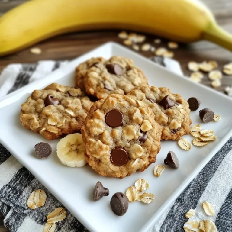 To make Chocolate Chip Banana Oatmeal Cookies, you need a few simple items. Here’s what you will need: - 1 cup mashed ripe bananas (about 2-3 bananas) - 1/2 cup coconut oil, melted (or unsalted butter) - 1/2 cup brown sugar, packed - 1/4 cup granulated sugar - 1 large egg - 1 teaspoon vanilla extract - 1 cup rolled oats - 1 cup flour (all-purpose or whole wheat) - 1 teaspoon baking soda - 1/2 teaspoon salt - 1 cup semi-sweet chocolate chips - 1/2 cup chopped walnuts (optional) You can change some ingredients based on what you have. If you don’t have coconut oil, use unsalted butter. You can also use almond flour instead of regular flour for a nutty taste. If you want to cut sugar, try using maple syrup or honey. For a vegan option, replace the egg with flaxseed meal mixed with water. These cookies have some great health perks. Bananas are full of potassium, which helps your heart. They add natural sweetness and moisture. Oats are rich in fiber, which is good for digestion. They can help you feel full longer. Walnuts, if you use them, add healthy fats and protein. They also have omega-3s, which are good for your brain. Overall, these cookies are a tasty treat that also has some good nutrition. {{ingredient_image_1}} To start, gather all your ingredients. You will need: - 1 cup mashed ripe bananas (about 2-3 bananas) - 1/2 cup coconut oil, melted (or unsalted butter) - 1/2 cup brown sugar, packed - 1/4 cup granulated sugar - 1 large egg - 1 teaspoon vanilla extract - 1 cup rolled oats - 1 cup flour (all-purpose or whole wheat) - 1 teaspoon baking soda - 1/2 teaspoon salt - 1 cup semi-sweet chocolate chips - 1/2 cup chopped walnuts (optional) First, mash your bananas in a big bowl. Use a fork for this. Aim for a smooth texture. Next, add melted coconut oil, brown sugar, and granulated sugar. Mix until creamy. Then, beat in the egg and vanilla extract. Stir until everything blends well. In another bowl, combine the rolled oats, flour, baking soda, and salt. Mix these dry ingredients together. Slowly add this mix to the banana mix. Stir gently until just combined. Don't overmix; a few lumps are okay. Finally, fold in the chocolate chips and walnuts if you choose to use them. Now it's time to bake. Preheat your oven to 350°F (175°C). Line a baking sheet with parchment paper. This will help the cookies not stick. Spoon out the dough onto the sheet. Space them about 2 inches apart. This gives them room to spread. Bake for 10-12 minutes. Look for lightly golden edges. This means they are ready. Once done, take them out and let them cool on the baking sheet for 5 minutes. Then, move them to a wire rack to cool completely. For the best texture, aim for soft and chewy cookies. Use ripe bananas; they add moisture. Don’t overbake them. They will firm up as they cool. If you want a crisp edge, bake a little longer. If you like a doughier cookie, reduce the baking time by a minute. Remember, every oven is different. Keep an eye on your cookies. For extra chewiness, add a bit more brown sugar. Enjoy the process, and soon you will have delicious chocolate chip banana oatmeal cookies! Store your leftover cookies in an airtight container. They stay fresh for about five days. If you want them to last longer, you can refrigerate them. Just remember to let them sit at room temperature for a few minutes before eating. This helps bring back their soft texture. Freezing cookie dough is easy. Scoop your dough into balls and place them on a baking sheet. Freeze them for about an hour. Once they are solid, transfer the dough balls into a freezer-safe bag. Label the bag with the date and type of cookie. They last for up to three months. When ready to bake, just pop them in the oven straight from the freezer. You may need to add a minute or two to the baking time. You can make these cookies even more special. Here are some fun add-ins to try: - Chopped nuts: Walnuts add crunch and flavor. - Dried fruits: Raisins or cranberries give a sweet twist. - Spices: A pinch of cinnamon or nutmeg can warm up the flavor. - Nut butter: A scoop of peanut or almond butter can add richness. Experiment with these ideas to find your favorite mix! Pro Tips Use Ripe Bananas: The riper the bananas, the sweeter and more flavorful your cookies will be. Look for bananas with plenty of brown spots for the best results. Chill the Dough: For thicker cookies, chill the dough for about 30 minutes before baking. This helps prevent them from spreading too much in the oven. Experiment with Mix-Ins: Feel free to customize your cookies by adding different nuts, dried fruits, or even a sprinkle of cinnamon for extra flavor. Storage Tips: Store cookies in an airtight container at room temperature for up to a week or freeze them for longer shelf life. Just make sure to separate layers with parchment paper. {{image_2}} You can make these cookies even better by adding fun mix-ins. Try adding chopped nuts like walnuts or pecans. They add a nice crunch and flavor. Dried fruits like raisins or cranberries work well too. These fruits add sweetness and chewiness. You can also use peanut butter chips or white chocolate chips for a twist. Get creative and add what you like! If you want gluten-free cookies, it's easy to switch the flour. Use gluten-free flour instead of regular flour. Make sure your oats are certified gluten-free too. This way, you keep the great taste without the gluten. The cookies will still be soft and chewy, just like the classic recipe. You can make these cookies vegan with a few simple swaps. First, replace the egg with a flax egg. Mix one tablespoon of ground flaxseed with three tablespoons of water. Let it sit for a few minutes to thicken. Use coconut oil, as it is vegan friendly. Be sure to choose vegan chocolate chips, too. These changes let everyone enjoy this tasty treat! To keep your Chocolate Chip Banana Oatmeal Cookies fresh, store them in an airtight container. This helps keep moisture in and air out. You can place parchment paper between layers to prevent sticking. Keep the container at room temperature for the best taste. If you live in a warm area, consider the fridge to avoid melting chocolate chips. When stored properly, these cookies can last up to one week at room temperature. If you refrigerate them, they can last about two weeks. The flavor and texture may change over time, but they will still be tasty. For long-term storage, freeze the cookies. They can last for about three months in the freezer. If your cookies become stale, don't worry! You can easily bring them back to life. Preheat your oven to 300°F (150°C). Place the cookies on a baking sheet and warm them for about 5 minutes. This softens them and revives their yummy taste. Another option is to put a slice of bread in the container with the cookies. The bread will absorb moisture and help the cookies stay soft. Yes, you can use frozen bananas. Just make sure to thaw them first. Once thawed, they become mushy. This texture works well in the cookies. If you have frozen ripe bananas, they are perfect for this recipe. To make these cookies softer, try adding more mashed bananas. You can also reduce the baking time slightly. Bake them until just golden on the edges. This keeps them chewy and moist inside. You can use unsalted butter instead of coconut oil. Melt the butter and mix it in the same way. Other options include vegetable oil or even applesauce for a lighter touch. Each will change the flavor a bit, so choose what you like best. To stop the cookies from spreading, chill the dough for about 30 minutes before baking. This firms up the fat and helps keep the cookies thick. Also, make sure not to overmix the dough when adding the dry ingredients. This blog post walked you through creating delicious cookies. You learned about key ingredients and their health benefits. We covered how to prepare the dough, bake it just right, and achieve that perfect cookie texture. Don't forget the tips on storage and freezing. You also discovered fun variations, like gluten-free and vegan options. Use these ideas to make your cookies unique and tasty. Enjoy your baking journey, and remember that practice leads to perfect cookies!