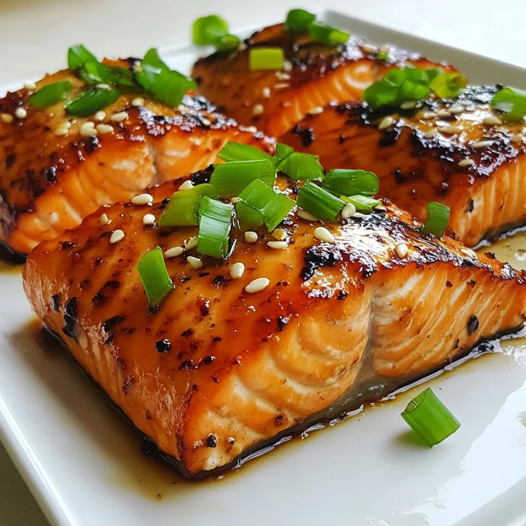 - 4 salmon fillets (about 6 ounces each) - 1/4 cup soy sauce - 2 tablespoons fresh ginger, grated - 2 tablespoons honey - 2 cloves garlic, minced - 1 tablespoon sesame oil - 1 tablespoon rice vinegar - 1/4 teaspoon black pepper - 1 tablespoon green onions, sliced - Sesame seeds If you lack soy sauce, try tamari for a gluten-free option. For honey, maple syrup works well too. You can swap sesame oil with olive oil if needed. Fresh ginger can be replaced with ground ginger, but use less. Rice vinegar can be changed to apple cider vinegar if you prefer. {{ingredient_image_1}} Start by making the marinade. In a small bowl, whisk together: - 1/4 cup soy sauce - 2 tablespoons fresh ginger, grated - 2 tablespoons honey - 2 cloves garlic, minced - 1 tablespoon sesame oil - 1 tablespoon rice vinegar - 1/4 teaspoon black pepper This mix gives the salmon a sweet and savory flavor. Make sure it’s well combined. Next, place the salmon fillets in a shallow dish. Pour the ginger soy marinade over the salmon. Make sure each fillet is coated well. Cover the dish and refrigerate for at least 30 minutes. This allows the flavors to soak in. Now it's time to cook the salmon. You can grill or bake it. For Grilling: 1. Preheat your grill to 400°F (200°C). 2. Lightly oil the grates to prevent sticking. 3. Remove the salmon from the marinade, but keep the marinade for later. 4. Grill the salmon for about 4-6 minutes on each side. Brush with the reserved marinade while cooking. For Baking: 1. Preheat your oven to 400°F (200°C). 2. Line a baking sheet with parchment paper. 3. Place the salmon on the sheet and brush with the reserved marinade. 4. Bake for 12-15 minutes. The salmon is done when it flakes easily with a fork. Both methods work well, but grilling adds a smoky flavor. Once the salmon is cooked, remove it from the heat. Let it rest for a couple of minutes. To serve, transfer the salmon fillets to plates. Drizzle any glaze left on the baking tray or grill over the salmon. This adds extra flavor. For a beautiful finish, garnish with sliced green onions and sesame seeds. Enjoy your delicious ginger soy glazed salmon! For perfect salmon, start with fresh fillets. Look for bright color and firm texture. The right thickness is key; aim for about an inch. This helps the salmon cook evenly. When cooking, avoid overcooking. Check for doneness when it flakes easily with a fork. This gives you moist, tender salmon every time. Marinate your salmon for at least 30 minutes. This allows the flavors to soak in well. You can marinate it longer, up to 2 hours, for a stronger taste. Just don’t go too long, as the soy sauce can make the fish too salty. For best results, keep it in the fridge while marinating. Cook your salmon at 400°F (200°C). If grilling, place it on the grill for about 4 to 6 minutes per side. For baking, it takes 12 to 15 minutes. Always brush with the reserved marinade while cooking. This adds extra flavor and keeps it moist. Let the salmon rest for a couple of minutes after cooking. This helps the juices settle, making every bite delicious. Pro Tips Marinate Longer for Deeper Flavor: If time allows, marinating the salmon for 1-2 hours (or even overnight) will intensify the flavor of the glaze and make the fish more tender. Use Fresh Ingredients: Using fresh ginger and garlic will enhance the overall flavor profile of the dish, giving it a more vibrant taste compared to dried or powdered versions. Check for Doneness: Salmon is perfectly cooked when it flakes easily with a fork and has an internal temperature of 145°F (63°C). Keep an eye on it to avoid overcooking. Experiment with Garnishes: While green onions and sesame seeds are traditional, feel free to add other toppings like sliced radishes, avocado, or a sprinkle of chili flakes for added flavor and texture. {{image_2}} You can swap salmon for other proteins. Tofu works great for a plant-based dish. Use firm tofu and press it to remove extra water. Cut it into slices and follow the same marinade steps. Chicken is another option. Use boneless chicken thighs or breasts. Marinate them just like the salmon. Adjust cooking times as chicken needs more time to cook. Feel free to add flavors to your marinade. A pinch of red pepper flakes gives a nice kick. You can also add a splash of lime juice for a citrus twist. Try sesame seeds in the marinade for extra crunch. Fresh herbs like cilantro or basil can bring freshness. Experiment and find your perfect blend! Serve your ginger soy glazed protein with delicious sides. Steamed rice is a classic choice. It soaks up the glaze nicely. Roasted vegetables add color and nutrients. Broccoli, green beans, or bok choy pair well. A simple salad with mixed greens and a light dressing is refreshing, too. Don’t forget to garnish with green onions and sesame seeds for a nice touch! Store leftover ginger soy glazed salmon in an airtight container. Make sure it cools first. Place it in the fridge. It stays fresh for up to three days. For best taste, eat it within this time. If you plan to keep it longer, consider freezing it. To reheat salmon, use the oven for the best results. Preheat your oven to 275°F (135°C). Place the salmon in a baking dish. Add a splash of water or broth to keep it moist. Heat for about 15 minutes or until warm. You can also use a microwave. Heat on low power for one minute at a time. Check often to avoid overcooking. To freeze, wrap each salmon fillet tightly in plastic wrap. Then, place them in a freezer-safe bag. Remove as much air as possible. Label the bag with the date. Frozen salmon lasts up to three months. When ready to eat, thaw it in the fridge overnight before reheating. The best way to marinate salmon is to use a mix of flavors. I recommend combining soy sauce, ginger, honey, garlic, sesame oil, rice vinegar, and black pepper. This mix gives a nice balance of sweet and salty. Place the salmon in a shallow dish and pour the marinade over it. Make sure the salmon gets coated well. Cover it and let it sit in the fridge for at least 30 minutes. This time allows the flavors to soak into the fish. Yes, you can grill salmon without skin. Skinless fillets cook well on the grill. Just be careful when flipping them. Use a spatula to support the fish. This helps keep it from falling apart. To prevent sticking, oil the grill grates lightly before adding the salmon. Grilling without skin lets you enjoy the full flavor of the marinade. Ginger Soy Glazed Salmon pairs well with many sides. Try serving it with steamed rice or quinoa for a filling meal. You can also add some sautéed greens, like spinach or bok choy. For a fresh touch, a side salad with a light dressing works great too. Want some crunch? Add roasted veggies or a simple cucumber salad. These sides complement the salmon and balance the flavors nicely. In this article, I covered how to make ginger soy glazed salmon. We discussed essential ingredients and optional garnishes. You learned key cooking methods and tips for perfect salmon. I also shared ideas for variations, storage, and answered common questions. This dish is simple and flexible. You can impress your family with fresh flavors. Remember, the right marinade and cooking method make all the difference. Enjoy your meal!