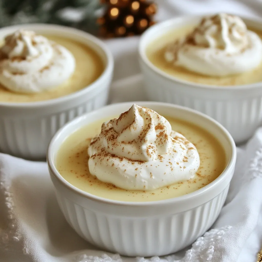 To make eggnog mousse, you will need: - 1 cup heavy whipping cream - 3 large egg yolks - 1/3 cup granulated sugar - 1/2 cup whole milk - 1 teaspoon pure vanilla extract - 1/2 teaspoon ground nutmeg - 1/2 teaspoon ground cinnamon - 1 tablespoon gelatin powder - 3 tablespoons cold water - Whipped cream and additional nutmeg for garnish These ingredients come together to create a light, creamy texture that melts in your mouth. You can swap some ingredients if you need. Here are some ideas: - Heavy whipping cream: Use coconut cream for a dairy-free option. - Granulated sugar: Try brown sugar for a deeper flavor. - Whole milk: Almond milk works as a lighter alternative. - Gelatin powder: Agar-agar is a good plant-based substitute. These swaps can change the taste and texture, but they keep the spirit of the dish. Choosing the best ingredients makes a big difference. Here are some tips: - Whipping cream: Look for heavy cream with a high fat content (36% or more) for the best whip. - Egg yolks: Choose fresh, organic eggs. They have better flavor and color. - Milk: Full-fat whole milk provides the creaminess we want in the mousse. - Spices: Use fresh ground nutmeg and cinnamon for a stronger taste. Quality ingredients lead to a better eggnog mousse. Always taste your ingredients to ensure they fit your standards. {{ingredient_image_1}} Making eggnog mousse is simple and fun. You will start by blooming gelatin. Then, you'll mix eggs, sugar, and spices. Finally, you'll fold in whipped cream for a light texture. Follow these steps for a creamy holiday treat. 1. Bloom the gelatin: In a small bowl, mix one tablespoon of gelatin powder with three tablespoons of cold water. Let it sit for five minutes. This step helps the mousse set. 2. Prepare the egg mixture: In a medium saucepan, whisk together three large egg yolks and one-third cup of granulated sugar. Whisk until creamy and well combined. 3. Add milk and spices: Pour in half a cup of whole milk, one teaspoon of pure vanilla extract, half a teaspoon of ground nutmeg, and half a teaspoon of ground cinnamon. Mix well. Heat this mixture over medium heat while stirring constantly. Cook for about five to seven minutes. Make sure it thickens but does not boil. 4. Dissolve the gelatin: Remove the saucepan from heat. Stir in the bloomed gelatin until it dissolves completely. Let the mixture cool to room temperature. Stir occasionally to prevent a skin from forming. 5. Whip the cream: In a large mixing bowl, pour in one cup of heavy whipping cream. Whip until stiff peaks form. This step adds air and lightness to your mousse. 6. Combine mixtures: Gently fold one-third of the whipped cream into the cooled eggnog mixture. This makes it lighter. Gradually fold in the rest of the whipped cream. Be gentle to keep the mixture airy. 7. Spoon into dishes: Use a spoon to fill individual serving dishes or one large bowl with the mousse. Refrigerate the mousse for at least two hours. This gives it time to set. If you can wait, letting it sit longer enhances the flavors. Once set, serve with a dollop of whipped cream and a sprinkle of nutmeg on top for a festive touch. Enjoy your creamy eggnog mousse! To make great whipped cream, start with cold cream. Use heavy whipping cream for the best results. Pour the cream into a large bowl. Make sure your bowl and beaters are also cold. This helps the cream whip up faster. Beat on medium speed until you see soft peaks. Then, increase the speed to high. Stop when you see stiff peaks. If you whip too long, it turns to butter. One common mistake is not blooming the gelatin. Always mix gelatin with cold water first. Let it sit for five minutes to soften. This step is key to a smooth mousse. Another mistake is overcooking the egg yolk mixture. Stir it constantly and remove it from heat before it boils. If you let it boil, the texture will change. Lastly, fold the whipped cream gently. This keeps the mousse light and airy. To boost the flavor, consider adding a splash of bourbon or rum. These spirits add warmth and depth to the mousse. You can also try different spices. Try adding a hint of clove or ginger for a twist. For a sweeter taste, mix in some maple syrup. This gives a nice fall flavor. Lastly, always use fresh nutmeg. It makes a big difference in taste. Pro Tips Chill Your Bowl: Before whipping the cream, chill your mixing bowl and beaters in the refrigerator for 10-15 minutes. This helps the cream whip up faster and achieve better volume. Use Fresh Spices: For the best flavor, use freshly grated nutmeg instead of pre-ground. It adds a more vibrant and aromatic touch to your mousse. Don’t Rush the Cooling: Allow the eggnog mixture to cool completely before folding in the whipped cream. This ensures that the whipped cream maintains its volume and light texture. Garnishing Ideas: For a festive touch, consider adding a sprinkle of cinnamon or a few pomegranate seeds along with the nutmeg when garnishing each serving. {{image_2}} You can change up the eggnog mousse for fun. Try adding a splash of rum or brandy. This gives a nice warmth. You can also swap in peppermint extract for a fresh twist. A pinch of cocoa powder can add a rich chocolate flavor. You can mix in crushed gingerbread cookies for a spicy touch. Get creative with your flavors! If you want a dairy-free treat, you can still enjoy eggnog mousse. Use coconut cream instead of heavy whipping cream. It gives a rich texture and adds a hint of coconut flavor. For the milk, choose almond milk or oat milk. Just make sure they are unsweetened for the best taste. You can still add the same warm spices for that holiday feel. Eggnog mousse shines when served right. Use pretty glasses or bowls for a festive look. Top each serving with whipped cream and a sprinkle of nutmeg. You can pair it with spiced cookies or gingerbread. It also tastes great with a cup of hot cocoa. For extra fun, add a cinnamon stick for stirring. Enjoy this creamy treat at your next holiday gathering! Store any leftover eggnog mousse in the fridge. Use an airtight container to keep it fresh. This mousse will last up to three days in the fridge. Just remember to cover it well. If you leave it uncovered, it might dry out. You can freeze eggnog mousse for longer storage. Use a freezer-safe container to avoid freezer burn. It can last up to two months in the freezer. To thaw, place it in the fridge overnight. Avoid microwaving, as it can change the texture. Choose glass or plastic containers with tight-fitting lids. These containers keep air out and help maintain texture. If you want, use small jars for single servings. They make it easy to grab a treat. Always label your containers with the date to track freshness. Eggnog mousse is a light and creamy dessert that captures the festive spirit of eggnog. It combines rich flavors of egg yolks, cream, and spices like nutmeg and cinnamon. This dessert is airy, smooth, and perfect for holiday gatherings. You whip heavy cream and fold it into a mixture of egg yolks and milk. The result is a delightful treat that is both festive and satisfying. Yes, you can make eggnog mousse ahead of time. In fact, it tastes better when chilled for a few hours. Prepare the mousse and refrigerate it for at least 2 hours, or until set. This makes it a great option for busy holiday schedules. You can make it a day in advance and impress your guests with minimal stress. Eggnog mousse contains dairy and eggs, so it may not suit everyone. It is not vegan or lactose-free. However, you can adapt it for some dietary needs. Consider using dairy-free cream and egg substitutes. Just keep in mind that this may change the texture and flavor. Always check ingredient labels to ensure they meet your needs. You learned about making eggnog mousse, from choosing the best ingredients to serving tips. Quality ingredients make a big difference in taste. Follow the steps for a creamy dessert that impresses everyone. Remember to avoid common mistakes to get the perfect whipped cream. Store leftovers properly, and feel free to explore variations. This treat is great for any occasion. Enjoy crafting this easy yet delicious dessert that everyone will love. Now it’s time to whip up your own eggnog mousse!