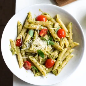 To make this dish, gather these key ingredients: - 300g pasta (penne or fettuccine) - 2 chicken breasts, diced - 1 cup heavy cream - 1/2 cup basil pesto (store-bought or homemade) - 1 cup cherry tomatoes, halved - 1/2 cup grated Parmesan cheese - 2 tablespoons olive oil - 2 cloves garlic, minced - Salt and pepper to taste - Fresh basil leaves for garnish These ingredients blend well to create a creamy and tasty meal. You can add your own twist to this recipe. Some great options include: - Spinach or kale for added greens - Mushrooms for an earthy flavor - Red pepper flakes for a spicy kick - Lemon zest for brightness Feel free to mix and match to suit your taste! If you’re missing an ingredient, don’t worry. Here are some substitutions: - Use chicken thighs instead of breasts for more flavor. - Swap heavy cream with half-and-half for a lighter sauce. - Try nutritional yeast in place of Parmesan for a vegan option. - Use any pasta you have on hand, like spaghetti or rotini. These swaps keep the dish delicious while catering to what you have available. {{ingredient_image_1}} To start, grab a large pot. Fill it with water and add salt. Bring the pot to a boil. Next, add 300g of pasta. You can use penne or fettuccine. Cook the pasta according to the package instructions. You want it to be al dente, which means firm but not hard. This usually takes about 8-10 minutes. Once done, drain the pasta in a colander. Save a cup of pasta water for later. This will help with the sauce. Now, let’s move on to the chicken. Take a large skillet and heat 2 tablespoons of olive oil over medium heat. Add 2 diced chicken breasts to the skillet. Season the chicken with salt and pepper. Cook the chicken for about 5-7 minutes. Stir it often so it browns evenly. When the chicken is golden brown and cooked through, remove it from the skillet and set it aside. In the same skillet, add 2 minced garlic cloves. Sauté the garlic for 1 minute until it smells great. Then, pour in 1 cup of heavy cream. Bring it to a simmer, which is a gentle boil. Now, stir in 1/2 cup of basil pesto. Allow it to cook for another 2-3 minutes. This lets the flavors mix well. It’s time to bring it all together! Add the cooked pasta and chicken back into the skillet. Gently toss everything together. If the sauce feels too thick, add some of that reserved pasta water. Do this a little at a time until you reach the right creaminess. Next, add 1/2 cup of grated Parmesan cheese and 1 cup of halved cherry tomatoes. Cook for another 2 minutes, just until the tomatoes are warm. Taste and adjust the seasoning with more salt and pepper if needed. When serving, plate the creamy chicken pesto pasta. Garnish it with fresh basil leaves and extra Parmesan cheese if you like. Enjoy your dish! To make the sauce creamy, use heavy cream. It gives a rich flavor. Stir in pesto slowly to mix well. This keeps the sauce smooth. You can add more cream if you like it creamier. Always taste the sauce and adjust seasoning as needed. Cook pasta until it's al dente. This means it should be firm but not hard. Follow the package time for best results. Always use plenty of salted water. It helps flavor the pasta. Don't forget to save some pasta water for the sauce. It can help thin the sauce if needed. Cut chicken into small, even pieces for quick cooking. Heat olive oil in your skillet before adding the chicken. Season with salt and pepper for great taste. Cook until the chicken is golden brown. This should take about 5 to 7 minutes. Make sure the chicken is fully cooked. Use a meat thermometer if you want. It should read 165°F (75°C) inside. Pro Tips Use Fresh Pesto: Freshly made basil pesto enhances the flavor significantly compared to store-bought options. If time allows, consider making your own for a vibrant, fresh taste. Perfectly Cooked Chicken: To ensure your chicken stays juicy, avoid overcooking it. Use a meat thermometer to check for an internal temperature of 165°F (75°C). Adjusting Sauce Thickness: If your sauce is too thick, gradually add reserved pasta water to achieve your desired consistency. Start with a little and increase as needed. Garnish for Flavor: Adding fresh basil leaves not only adds color but also a burst of flavor. Consider pairing with a sprinkle of lemon zest for a refreshing finish. {{image_2}} You can swap chicken for tofu for a tasty vegetarian dish. Use firm tofu, as it holds up well. Start by pressing the tofu to remove extra water. Cut it into cubes and sauté it in olive oil until golden brown. Add salt and pepper for flavor. Then, follow the same steps to create the creamy sauce. Toss in the cooked pasta and tofu, and enjoy a rich meal without meat. Boost your meal by adding veggies. Spinach, zucchini, or bell peppers work great. Sauté the veggies with the chicken or tofu. Add them before mixing in the pasta. This not only adds color but also gives a health kick. You can also use frozen peas or broccoli for an easy option. They cook quickly and add great flavor. If you want a gluten-free option, choose gluten-free pasta. Many types are available, like rice or quinoa pasta. Cook these according to package instructions. The creamy sauce works well with any pasta type. Just make sure to check for gluten-free pesto too. This way, everyone can enjoy the creamy chicken pesto pasta! To store leftovers, let the creamy chicken pesto pasta cool down first. Once cooled, place it in an airtight container. Keep it in the fridge. It will last for about 3 to 4 days. Always label your container with the date to track freshness. When you’re ready to enjoy your leftovers, reheat them gently. You can use a microwave or a skillet. If using a microwave, cover the dish to keep moisture in. Heat in short bursts, stirring in between. If using a skillet, add a splash of water or cream to keep it creamy. Heat on low to medium heat, stirring often until warmed through. If you want to freeze the pasta, do so right after cooking. Use a freezer-safe container and portion it out. It can last up to 2 months in the freezer. When you’re ready to eat, thaw it overnight in the fridge. Reheat it slowly on the stove, adding a bit of cream or water to enhance the texture. Yes, you can use homemade pesto! It adds a fresh and bright taste. Making your own is easy. Just blend fresh basil, garlic, nuts, cheese, and olive oil. Adjust the ingredients based on what you like. Homemade pesto offers a unique touch to your creamy chicken pesto pasta. You can serve this dish with various sides. A simple green salad pairs well. Garlic bread is another great choice. You could also serve it with steamed veggies for extra nutrition. If you want a light drink, try sparkling water or a crisp white wine. To make it less creamy, reduce the amount of heavy cream. You can also add more pasta or veggies to balance it out. Another option is to use half-and-half instead of heavy cream. This way, you keep flavor but lower the creaminess in your creamy chicken pesto pasta. Creamy chicken pesto pasta is a simple and tasty dish. We covered the key ingredients, cooking steps, and helpful tips. You can adjust the recipe with optional ingredients or variations like going vegetarian or gluten-free. In summary, this dish is versatile and fun to make. With the right tricks, you can impress anyone. Enjoy cooking and keep experimenting!