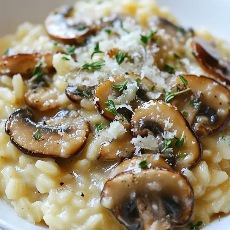 - 1 cup Arborio rice - 2 cups mixed mushrooms (shiitake, cremini, portobello), sliced - 1 small onion, finely chopped - 3 cloves garlic, minced - 1/2 cup heavy cream - 1/4 cup grated Parmesan cheese - 2 tablespoons olive oil - 1 tablespoon butter - 1 teaspoon fresh thyme, chopped - Salt and pepper to taste - Fresh parsley for garnish Choosing the best mushrooms When selecting mushrooms, look for firm, plump caps. They should be dry and free of dark spots. Fresh shiitake, cremini, and portobello mushrooms add rich flavor. Selecting quality Arborio rice For creamy risotto, choose high-quality Arborio rice. This rice has a high starch content. It helps create that smooth, creamy texture we all love. Fresh herbs vs. dried herbs Fresh thyme gives a vibrant flavor. If you use dried thyme, remember it is more potent. Use one-third of the amount you would use for fresh. Fresh herbs bring brightness to the dish. {{ingredient_image_1}} To start, we need to heat the vegetable broth. Pour four cups of broth into a pot. Set it on medium heat. We want it warm, not boiling. Keeping it warm helps the rice cook evenly. If the broth is too cold, the risotto will not cook well. Next, we prepare the base. In a large skillet, heat two tablespoons of olive oil and one tablespoon of butter. The mix adds great flavor. Once the oil is hot, add one small finely chopped onion. Sauté the onion until it becomes soft. This takes about three to four minutes. Then, add three cloves of minced garlic. Stir it in for about a minute. Now it’s time to add our mushrooms. Use two cups of mixed mushrooms, like shiitake, cremini, and portobello. Cook them for five to seven minutes. You want them tender and lightly browned. This step gives the risotto amazing flavor. Now for the risotto! First, add one cup of Arborio rice to the skillet. Stir it well. Make sure the rice gets coated with the oil and mushroom mix. Toast the rice for about two minutes. This helps bring out its nutty flavor. Start adding the warm broth one ladle at a time. Stir constantly as you add each ladle. Let the rice absorb most of the liquid before adding more. This process takes about 18 to 20 minutes. Keep stirring until the rice becomes creamy and al dente. When the rice is cooked, stir in half a cup of heavy cream and a quarter cup of grated Parmesan cheese. This makes the risotto rich and creamy. Season with fresh thyme, salt, and pepper to taste. Let it sit for two to three minutes before serving. Enjoy! To make a great risotto, you must stir constantly. This helps the rice release its starch. The starch is what makes the dish creamy. If you stop stirring, the rice could stick and burn. Keep the heat steady and your attention sharp. Adjusting the liquid is key for the creaminess you want. Start with one ladle of broth at a time. Wait until the rice absorbs most of it before adding more. This slow process builds the right texture. You want the rice to be al dente when ready. To boost flavor, add fresh herbs and spices. Thyme works well, but feel free to try others. Chopped parsley also adds a fresh taste. These herbs bring depth to your risotto. Using wine can add another layer of flavor. A splash of white wine before adding broth works wonders. It gives a nice acidity and richness. Just let it cook off before adding the broth. For risotto, a wide skillet is best. This shape helps the rice cook evenly. A heavy-bottom pan also prevents sticking. A wooden spoon is my go-to tool. It stirs well without scratching your pan. You might also want a ladle for adding broth. Having these tools makes the process easier. Pro Tips Use Fresh Mushrooms: Fresh mushrooms will enhance the flavor and texture of your risotto, making it more delicious. Consistent Stirring: Stirring the risotto continuously helps release the starch from the Arborio rice, resulting in a creamy consistency. Warm Broth: Always use warm broth when adding to the rice; this helps maintain the cooking temperature and ensures even cooking. Resting Time: Allowing the risotto to rest for a few minutes before serving helps the flavors meld together beautifully. {{image_2}} You can easily adapt creamy mushroom risotto for different diets. For a vegan version, swap the heavy cream and Parmesan cheese with plant-based options. Use coconut cream or cashew cream for richness. Nutritional yeast can add a cheesy flavor without dairy. If gluten is a concern, rest easy. Arborio rice is gluten-free. Just ensure that your vegetable broth is also gluten-free. Many brands offer safe options. To make risotto exciting, try adding proteins. Chicken or shrimp can elevate the dish. Simply cook them before adding the rice, then stir them back in at the end. For a vegetarian option, use tofu. It absorbs flavors well and adds protein. Another fun twist is changing the mushrooms. Instead of mixed mushrooms, try wild mushrooms like chanterelles or morels. Each type brings a unique taste and texture to the dish. Seasonal vegetables can make your risotto fresh and vibrant. In spring, add peas or asparagus. Summer is perfect for zucchini or fresh corn. In fall, consider butternut squash or pumpkin. These ingredients not only add flavor but also color. Herbs also play a big role in seasonal cooking. Use fresh basil in summer or sage in fall. Thyme is great year-round, but fresh herbs can really enhance your dish based on the season. To keep leftover risotto fresh, store it in the fridge. Place it in an airtight container. Make sure the lid seals tightly. This helps prevent moisture loss and keeps it tasty. Risotto can stay good for up to three days. When you are ready to eat, gently reheat the risotto. Place it in a pan over low heat. Add a splash of broth or water while stirring. This keeps the risotto creamy. If you find it too thick, just add more liquid. If you have extra risotto, you can freeze it. Scoop portions into freezer-safe bags. Press out as much air as you can before sealing. This helps avoid freezer burn. To thaw, move it to the fridge overnight. Then, reheat it on the stove with a bit of broth for creaminess. To make creamy risotto, you need to follow a few key steps. First, use Arborio rice. This type of rice has high starch content, which helps create creaminess. - Heat vegetable broth and keep it warm. - Sauté onions and garlic in olive oil and butter until soft. - Add sliced mushrooms and cook until they are tender. - Stir in Arborio rice and toast it for a couple of minutes. - Gradually add warm broth, one ladle at a time, stirring often. - Wait for the rice to absorb most of the liquid before adding more. - When the rice is nearly done, mix in heavy cream and Parmesan cheese. This method ensures the rice becomes creamy and delicious. You can try other rice types, but it's risky. Arborio rice is best for risotto. It absorbs liquid well and releases starch, giving that creamy texture. Other rice types may not have the same starch levels. They might cook differently, making your dish less creamy. It’s best to stick with Arborio for the best results. Creamy mushroom risotto pairs well with many sides. Here are some great options: - A fresh green salad with a light vinaigrette. - Grilled vegetables for a nice contrast. - Garlic bread for a crunchy touch. - A glass of white wine enhances the flavors. These sides complement the rich and comforting nature of the risotto. This blog post guided you through making creamy mushroom risotto. You learned about key ingredients, tips for fresh selections, and step-by-step cooking instructions. We discussed ways to enhance flavor and adapt the recipe for different diets. Storage tips ensure your risotto stays fresh longer. Risotto can seem tricky, but with practice and the right techniques, you’ll master it. Enjoy experimenting and discovering your unique variations that suit your taste!
