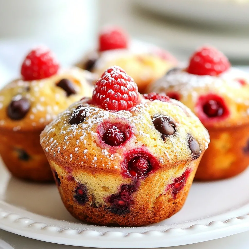 To make delicious Raspberry Chocolate Chip Muffins, you will need these key ingredients: - 1 cup all-purpose flour - 1/2 cup whole wheat flour - 1 cup fresh or frozen raspberries - 1/2 cup semi-sweet chocolate chips - 1/2 cup granulated sugar - 1/4 cup brown sugar, packed - 1 teaspoon baking powder - 1/2 teaspoon baking soda - 1/4 teaspoon salt - 1/2 cup unsweetened applesauce - 1/4 cup vegetable oil - 2 large eggs - 1 teaspoon vanilla extract - Optional: powdered sugar for dusting Each ingredient plays an important role. The all-purpose flour gives the muffins structure. Whole wheat flour adds a nice nutty flavor and boosts fiber. Raspberries bring a fresh, tart taste. Semi-sweet chocolate chips add sweetness and richness. Sugar helps with browning and flavor. Applesauce keeps the muffins moist and reduces fat. Vegetable oil makes them tender. Eggs provide stability and help the muffins rise. Vanilla gives a lovely aroma. You can dust with powdered sugar for a sweet finish, but it's optional. Gather these ingredients to create a treat everyone will love! {{ingredient_image_1}} First, set your oven to 375°F (190°C). This helps muffins rise well. Next, line a 12-cup muffin tin with paper liners. You can also spray it with non-stick cooking spray. This keeps the muffins from sticking. In a mixing bowl, add these dry ingredients: - 1 cup all-purpose flour - 1/2 cup whole wheat flour - 1 teaspoon baking powder - 1/2 teaspoon baking soda - 1/4 teaspoon salt Whisk the dry ingredients together until they blend well. This step is key for even muffins. In another bowl, mix the wet ingredients: - 1/2 cup granulated sugar - 1/4 cup brown sugar, packed - 1/2 cup unsweetened applesauce - 1/4 cup vegetable oil - 2 large eggs - 1 teaspoon vanilla extract Whisk these ingredients until smooth. This makes the muffins moist and flavorful. Now, slowly add the dry mix to the wet mix. Stir gently until just combined. It’s fine to have a few lumps. Overmixing can make muffins tough. Gently fold in these delicious add-ins: - 1 cup fresh raspberries (or frozen, thawed) - 1/2 cup semi-sweet chocolate chips Make sure they are evenly spread in the batter. This way, every bite is tasty. Spoon the batter into the muffin cups, filling each about 3/4 full. Bake for 18-20 minutes. Check if they are done by inserting a toothpick. If it comes out clean, they are ready! Let the muffins cool in the pan for 5 minutes. Then, move them to a wire rack to cool completely. If you like, dust with powdered sugar for a sweet touch. To get soft and fluffy muffins, follow a few simple steps. First, do not overmix the batter. Mixing too much makes muffins tough. Stir gently until the dry and wet ingredients blend. You should see some lumps; that’s okay! Also, use room temperature eggs and applesauce. This helps the batter mix better and rise nicely. If you have no all-purpose flour, you can use only whole wheat flour. The muffins will be denser but still tasty. For a dairy-free option, swap eggs with flax eggs. Just mix one tablespoon of ground flaxseed with three tablespoons of water for each egg. You can also use coconut oil instead of vegetable oil. This adds a nice flavor! Want to kick up the flavor? Try adding lemon zest for a fresh taste. Chopped nuts can add crunch, too. You might also mix in a dash of cinnamon for warmth. If you love coconut, add shredded coconut to the batter. These small tweaks can make your muffins shine in a new way! Pro Tips Use Fresh Raspberries: For the best flavor and texture, opt for fresh raspberries whenever possible. They provide a burst of juicy goodness in each muffin. Don’t Overmix: When combining the wet and dry ingredients, mix just until combined. Overmixing can lead to dense muffins. Cool Before Dusting: Allow the muffins to cool completely before dusting with powdered sugar. This prevents the sugar from melting into the muffins. Experiment with Mix-ins: Try adding nuts or different types of chocolate chips for a unique twist on the classic raspberry chocolate chip flavor. {{image_2}} You can switch out the raspberries for other fruits. Blueberries work well. Cherries add a nice twist too. Try diced strawberries for a sweeter bite. Apples or bananas can also work if you slice them small. Just remember to adjust the sugar based on the fruit's sweetness. To make these muffins vegan, swap eggs for flax eggs. Mix one tablespoon of flaxseed meal with three tablespoons of water. Let it sit until it thickens. For gluten-free muffins, use a gluten-free flour blend. Be sure to check the baking powder too, as some contain gluten. You can play with the type of chocolate you use. Dark chocolate chips give a richer taste. White chocolate adds a sweet touch that pairs well with fruit. You can also use chocolate chunks for a more intense chocolate flavor. Mix and match for your favorite combo! To keep your Raspberry Chocolate Chip Muffins fresh, store them in an airtight container. This helps prevent them from drying out. Place parchment paper between layers if stacking. Keep them in a cool, dry place for up to three days. If you want to enjoy them longer, freezing is a great option. Freezing muffins is easy and smart. Let your muffins cool completely. Wrap each muffin in plastic wrap, then place them in a freezer bag. Make sure to remove as much air as possible. They can last up to three months in the freezer. When you're ready to eat them, just thaw at room temperature. To reheat muffins, use an oven for the best results. Preheat your oven to 350°F (175°C). Place the muffins on a baking sheet and heat for about 10 minutes. You can also microwave them for about 20 seconds if you want a quick snack. Enjoy your warm, gooey chocolate muffins! Yes, you can use frozen raspberries. Just make sure to thaw them first. Frozen raspberries add a nice burst of flavor. They may also make the batter a bit wetter, but that's okay. You can adjust the flour slightly if you notice it is too runny. To make the muffins healthier, you can use less sugar. You can also swap out the all-purpose flour for whole wheat flour. Using mashed bananas instead of applesauce is another great option. You can add nuts or seeds for extra protein and healthy fats. The best way to check is to use a toothpick. Insert it into the center of a muffin. If it comes out clean, the muffins are done. If it has wet batter, let them bake a few more minutes. You can also lightly press the top; it should spring back. These muffins last about 3 to 4 days at room temperature. Store them in an airtight container to keep them fresh. If you want them to last longer, you can freeze them. Just wrap each muffin well to prevent freezer burn. Yes, you can make the batter ahead. Just cover it and store it in the fridge for up to 24 hours. When ready to bake, stir it gently before pouring it into the muffin cups. This helps keep the muffins light and fluffy. These Raspberry Chocolate Chip Muffins are easy and fun to make. We covered all the ingredients you need, from flours to fresh berries and chocolate. The step-by-step guide takes you through every part, ensuring tasty results. You can even customize them with different fruits or make them vegan. Bake with confidence, knowing you have tips for texture and storage. Enjoy these muffins fresh or freeze them for later. Now, it's time to create your perfect batch of muffins!