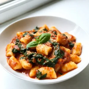 - 1 pound potato gnocchi - 2 tablespoons olive oil - 3 cloves garlic, minced - 1 can (14 ounces) crushed tomatoes - 1 cup heavy cream (or coconut cream) - 3 cups fresh spinach, chopped - 1 teaspoon dried basil - 1 teaspoon dried oregano - Salt and pepper to taste - ¼ cup grated Parmesan cheese (optional) - Fresh basil leaves for garnish The main ingredients form the base of this creamy tomato spinach gnocchi. The potato gnocchi provides a soft and chewy texture. Olive oil adds richness and flavor, while garlic gives a nice aroma. The crushed tomatoes create a tangy sauce, and cream makes it rich and creamy. For additional flavor, I add fresh spinach, which wilts down nicely. Dried basil and oregano bring in herb notes that enhance the dish. Salt and pepper balance the flavors, while Parmesan cheese gives an extra layer of taste. Fresh basil leaves make a lovely garnish. They add a pop of color and a fresh taste. This mix of ingredients creates a delightful dinner that you'll love to share. {{ingredient_image_1}} First, bring a large pot of salted water to a boil. This is key for cooking gnocchi properly. Add 1 pound of potato gnocchi to the boiling water. Cook them until they float to the top. This usually takes about 2-3 minutes. Once they float, drain the gnocchi and set them aside. Next, heat 2 tablespoons of olive oil in a large skillet over medium heat. Add 3 cloves of minced garlic and sauté them for about 1 minute. You want them fragrant but not burned. Now, pour in 1 can of crushed tomatoes. Add 1 teaspoon of dried basil and 1 teaspoon of dried oregano for flavor. Let this mixture simmer for about 5 minutes. This helps the flavors blend nicely. Now, reduce the heat to low. Add 1 cup of heavy cream to the sauce and stir until fully combined. This makes the sauce creamy and rich. Season it with salt and pepper to taste. Next, add 3 cups of chopped fresh spinach and stir just until it wilts, which takes about 2 minutes. Finally, gently fold in the cooked gnocchi. Make sure each piece is coated in that creamy sauce. If you like, sprinkle in ¼ cup of grated Parmesan cheese and mix until it melts. Let it sit for a minute before serving. Enjoy your creamy delight! To make your sauce creamier, use heavy cream or coconut cream. These options add a rich texture. You can also blend the crushed tomatoes for a smoother feel. When seasoning, taste as you go. Add salt and pepper slowly. This way, you create a well-balanced flavor. For gnocchi, boiling is best. Always cook them in salted water. This adds flavor. Watch for the gnocchi to float, which means they are ready. A common mistake is overcooking. Once they float, remove them right away. When serving, use shallow bowls for a beautiful look. Garnish with fresh basil leaves. A sprinkle of Parmesan cheese adds a nice touch. For sides, try garlic bread or a simple green salad. These pair well with the creamy dish. Pro Tips Use Fresh Ingredients: Fresh spinach and high-quality tomatoes will significantly enhance the flavor of your dish. Adjust Creaminess: For a lighter version, reduce the amount of cream or use a plant-based alternative like coconut cream. Customize Your Herbs: Feel free to add fresh herbs like basil or parsley for an extra burst of flavor. Perfect Gnocchi Texture: Ensure you don’t overcook the gnocchi; they should be tender yet slightly firm to the bite for the best texture. {{image_2}} You can easily make this dish fit your diet. For a dairy-free option, swap heavy cream for coconut cream. It adds a nice, rich flavor without the dairy. If you need gluten-free gnocchi, look for brands made from rice or corn. Many grocery stores offer good choices. Feel free to add protein to your dish. Chicken or shrimp works well here. Just cook them in the skillet before adding garlic. They will soak up all the flavors. You can also customize with different veggies. Try bell peppers, zucchini, or mushrooms. They add color and taste. To make this dish even more exciting, play with herbs and spices. Fresh basil or thyme can brighten the flavors. You might also enjoy adding red pepper flakes for a kick. For a unique twist, try using sun-dried tomatoes. They add a deep, sweet flavor that pairs well with the creamy sauce. To keep your creamy tomato spinach gnocchi fresh, place it in an airtight container. Glass or plastic containers work well. This dish lasts for about 3 to 5 days in the fridge. Make sure it cools down before storing it. If you want to freeze gnocchi, do it before adding cream. Freeze the cooked gnocchi on a baking sheet first. Once frozen, transfer it to a zip-top bag. It stays good for up to 3 months. To reheat, cook it directly from frozen in a skillet with a bit of oil. Add the creamy sauce and heat until warm. Use your leftovers in fun ways! Try adding them to a soup to make it heartier. Another idea is to make a pasta bake. Just mix the gnocchi with some cheese and breadcrumbs. Bake it until golden and bubbly for a new meal. You can tell gnocchi is cooked when it floats to the top of the water. This usually takes about two to four minutes. The gnocchi will be soft but still firm. If you want, taste one to see if it has the right texture. Yes, you can make this dish ahead of time! Cook the gnocchi and prepare the sauce. Just keep them separate. When you are ready to eat, combine them in a skillet over low heat. This saves time on busy nights. If you don’t have spinach, try kale or Swiss chard. Both greens work well in this recipe. You can also use arugula for a peppery flavor. Just chop them up and add them to the sauce. Cook until they wilt, just like the spinach. This dish combines potato gnocchi with creamy tomato sauce and fresh spinach. We discussed key ingredients like garlic and herbs. You can customize it to fit your diet, adding proteins or different veggies. Proper storage keeps leftovers tasty for later meals. Remember, cooking is fun, and this gnocchi recipe shines with simplicity. Enjoy experimenting with flavors and techniques. You now have all the tools to create a delicious meal that friends and family will love. Happy cooking!