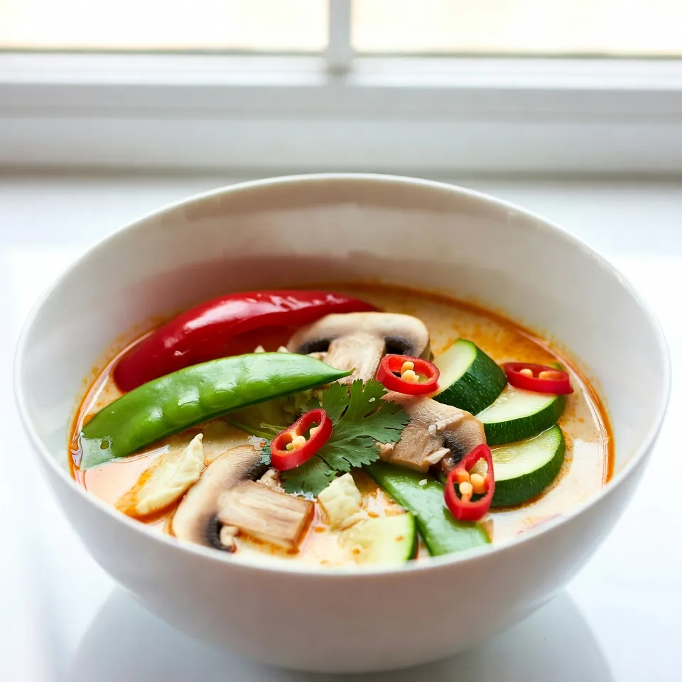 To make Spicy Thai Coconut Soup, you need fresh and flavorful ingredients. Here’s what you will need: - 1 can (14 oz) coconut milk - 4 cups vegetable broth - 1 tablespoon red curry paste - 1 tablespoon grated fresh ginger - 2 cloves garlic, minced - 1 stalk lemongrass, chopped (or 1 teaspoon lemongrass paste) - 1 cup mushrooms, sliced - 1 red bell pepper, sliced - 1 cup snap peas, trimmed - 1 small zucchini, sliced - 2 tablespoons lime juice - 1 tablespoon soy sauce - 1 teaspoon brown sugar - 1/2 teaspoon salt - Fresh cilantro for garnish - Sliced red chili for garnish (optional) Each ingredient plays a key role in creating the soup's rich flavor. The coconut milk gives it creaminess. The vegetable broth forms the base. Red curry paste adds heat and depth. Fresh ginger and garlic bring warmth. Lemongrass adds a citrusy note. Use a mix of vegetables for color and texture. Mushrooms add earthiness. Red bell pepper gives sweetness. Snap peas add crunch. Zucchini keeps it light. For seasoning, lime juice adds brightness. Soy sauce gives umami. Brown sugar balances the spice. Salt enhances all the flavors. Garnishes are important too! Fresh cilantro adds freshness. Sliced red chili can kick it up a notch. Gather these ingredients, and you’ll be ready to create a tasty, comforting soup. Enjoy the process of cooking and savor the flavors as they come together! {{ingredient_image_1}} 1. Heat a large pot over medium heat. Add a tablespoon of oil. 2. Sauté the grated ginger and minced garlic for about 1 minute. The smell will be amazing. 3. Stir in 1 tablespoon of red curry paste and chopped lemongrass. Cook for another minute. This helps release the flavors. 4. Pour in 4 cups of vegetable broth. Bring it to a gentle simmer. 1. Add the sliced mushrooms, red bell pepper, snap peas, and zucchini to the pot. Cook for 5-7 minutes. The veggies should be tender. 2. Lower the heat and stir in 1 can of coconut milk, 2 tablespoons of lime juice, 1 tablespoon of soy sauce, 1 teaspoon of brown sugar, and 1/2 teaspoon of salt. Heat it through, but do not let it boil. 3. Taste your soup and adjust the seasoning to your liking. Add more lime juice for tang or brown sugar for sweetness. 1. Serve the soup hot. Garnish with fresh cilantro and sliced red chili for a spicy kick. 2. You can enjoy this soup with rice or crusty bread. It pairs well with a light salad too. To enhance flavors, always sauté fresh ginger and garlic first. This step releases their oils and makes the soup smell amazing. Use medium heat to avoid burning them. After that, stir in red curry paste and lemongrass for one more minute. This really wakes up the spices. When simmering, keep the heat low. A gentle simmer allows the flavors to blend well. If it boils too hard, you may lose some taste. Stir often to keep the soup from sticking to the pot. If you can’t find fresh ingredients, don’t worry! You can use lemongrass paste instead of fresh lemongrass. It saves time and still tastes great. For the vegetables, you can swap in what you have on hand. Carrots or broccoli work well. For a vegan option, use vegetable broth and skip the soy sauce if needed. Gluten-free soy sauce is also available. You can use tamari as a great substitute. To store leftovers, let the soup cool first. Then, put it in an airtight container. It stays fresh in the fridge for about three days. If you want to keep it longer, freeze it for up to three months. When reheating, do it on low heat. This helps keep the flavors intact. Stir often and add a splash of water or broth if it seems thick. Enjoying your soup again will be just as good as the first time! Pro Tips Use Fresh Ingredients: For the best flavor, opt for fresh vegetables and herbs. Fresh cilantro, lime juice, and ginger will elevate your soup significantly. Adjust Spice Level: If you prefer a milder soup, start with half the amount of red curry paste and gradually add more to taste as it cooks. Make it Heartier: Add protein like tofu, shrimp, or chicken for a more substantial meal. Just ensure to adjust the cooking time accordingly. Experiment with Garnishes: Besides cilantro and chili, try adding crushed peanuts or sesame seeds for a delightful crunch and extra flavor. {{image_2}} You can change the spice level in your soup easily. Try adding different types of chilies. For a mild kick, use jalapeños. If you want more heat, use bird's eye chilies. They add a vibrant flavor that matches the coconut well. You can also mix in spicy sauces. Sriracha or chili garlic sauce can give your soup an extra punch. Just add a little at a time. Taste as you go to find your perfect heat level. You can easily make this soup vegetarian or vegan. Swap the vegetable broth for a homemade version using your favorite veggies. For added texture, try adding tofu or tempeh. They soak up the rich flavors of the soup. You can also use more vegetables. Broccoli, carrots, or spinach can add more color and nutrients. These swaps keep the dish fresh and tasty. Thai cuisine varies by region. Each region has its own special flavors and ingredients. For example, in the north, you might find more herbs and spices like cilantro and mint. In the south, you may see more coconut and seafood. Exploring these regional recipes can inspire you to try new things. Local ingredients also add unique tastes to your soup. Use what you can find fresh in your area for the best flavors. To store Spicy Thai Coconut Soup well, use airtight containers. Glass jars work great, but plastic containers are also fine. Make sure to let the soup cool down first. This prevents steam from building up, which can lead to sogginess. Keeping soup fresh is key. Place a piece of plastic wrap directly on the soup before sealing. This helps keep moisture in and air out. Freezing soup is an easy way to save it for later. To freeze, pour the cooled soup into freezer-safe bags. Lay the bags flat in the freezer. This saves space and makes thawing easier. When you want to eat it, take a bag out and let it thaw in the fridge overnight. To reheat, pour the soup into a pot and heat gently on the stove. Stir often and heat until hot. Do not boil, as this can change the texture. In the fridge, Spicy Thai Coconut Soup lasts about four days. Always check for signs of spoilage. If the soup smells off or has a strange color, it's best to throw it away. Keep an eye out for mold, too. Fresh soup is always best, but storing it correctly helps it last longer. Can I make this soup ahead of time? Yes, you can make this soup ahead. Cook it and let it cool. Store it in the fridge for up to three days. Reheat it gently when you're ready to serve. What can I use instead of coconut milk? If you don't have coconut milk, try almond milk or cashew cream. These options keep the dish creamy but add different flavors. How can I make it less spicy? To tone down the heat, use less red curry paste. You can also leave out the sliced red chili on top. Adding more coconut milk can help, too. What to serve with Spicy Thai Coconut Soup? This soup pairs well with jasmine rice or rice noodles. You can also serve it with a fresh salad or spring rolls for a full meal. How do I adjust the recipe for larger servings? To make more soup, simply double all the ingredients. Keep the same cooking times. Taste the soup as it cooks, and adjust seasonings as needed. Substitute for red curry paste? If you don't have red curry paste, use green curry paste. It will give a different taste but still be tasty. You can also blend chili powder with a bit of ginger and garlic. Can I use frozen vegetables in this recipe? Yes, you can use frozen vegetables. They are convenient and will work well in the soup. Just add them to the pot with the broth and let them cook until tender. In this blog post, we explored how to make Spicy Thai Coconut Soup. I detailed the key ingredients like coconut milk, fresh ginger, and vegetables. Next, we covered step-by-step instructions for preparation and cooking, along with tips on storage and variations. Remember, this soup is versatile. You can switch ingredients or adjust spice levels. Experiment with flavors to find what you love best. Enjoy this comforting dish, and don’t hesitate to share your own twists on the recipe!