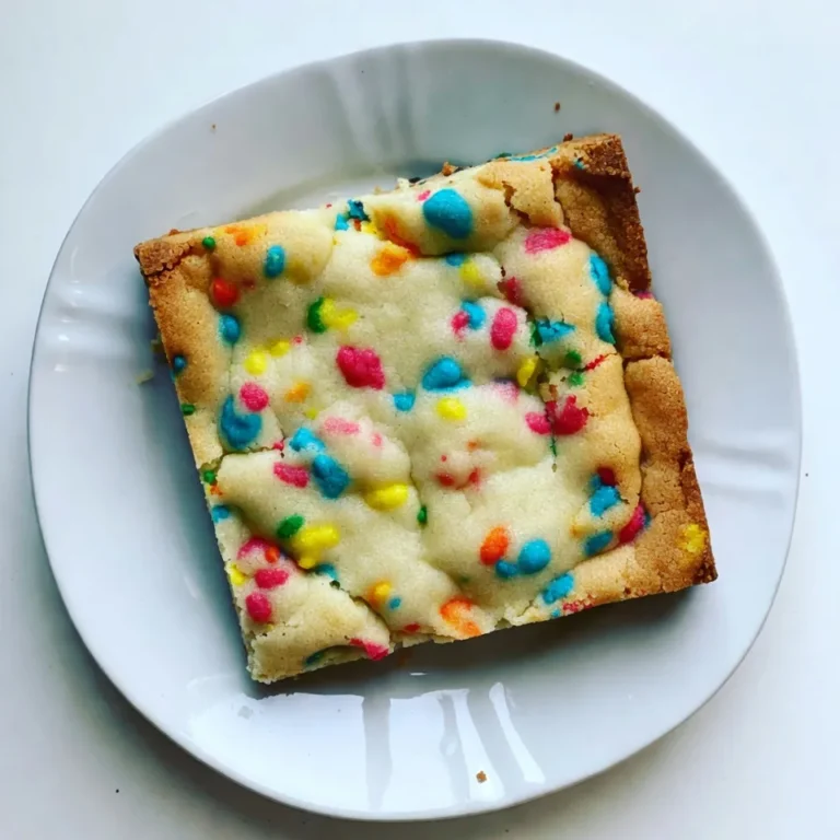 - 2 ¾ cups all-purpose flour - 1 teaspoon baking powder - ½ teaspoon baking soda - ½ teaspoon salt - 1 cup unsalted butter, softened - 1 cup granulated sugar - ½ cup brown sugar, packed - 2 large eggs - 2 teaspoons vanilla extract - ½ cup rainbow sprinkles (plus more for topping) - 1 cup white chocolate chips (optional) When I make Funfetti Sugar Cookie Bars, I start with fresh, high-quality ingredients. The flour forms the base, giving the bars their structure. Baking powder and baking soda help them rise and stay soft. Salt balances the sweetness and enhances flavor. Using unsalted butter is key. It should be soft but not melted, so it creams well with the sugars. Granulated and brown sugars add sweetness and moisture. Brown sugar brings a slight caramel flavor. Eggs provide moisture and help bind everything. Vanilla extract adds a warm, inviting aroma. Rainbow sprinkles give the bars a fun, festive look and a bit of crunch. You can add white chocolate chips for extra sweetness, but it's optional. Feel free to get creative! Different types of sprinkles or chocolate can change the flavor and look. {{ingredient_image_1}} 1. Preheat oven and prepare baking pan Set your oven to 350°F (175°C). Grab a 9x13 inch baking pan. Line it with parchment paper. Leave some paper hanging over the sides for easy lifting later. 2. Mix dry ingredients In a medium bowl, whisk together 2 ¾ cups of all-purpose flour, 1 teaspoon of baking powder, ½ teaspoon of baking soda, and ½ teaspoon of salt. This mix is key for the bars' texture. 3. Cream butter and sugars In a large bowl, use an electric mixer to beat 1 cup of softened butter with 1 cup of granulated sugar and ½ cup of packed brown sugar. Mix until light and fluffy, about 2-3 minutes. 4. Add eggs and vanilla Beat in 2 large eggs, one at a time. Then add 2 teaspoons of vanilla extract. Mix well after each addition to build flavor. 5. Mix dry and wet ingredients Gradually add the dry mixture to the wet ingredients. Mix until just combined. Avoid overmixing, as this can make the bars tough. 6. Fold in sprinkles and chocolate chips Gently fold in ½ cup of rainbow sprinkles and 1 cup of white chocolate chips if you want them. This adds fun and sweetness to your bars. 7. Spread dough in pan Spread the dough evenly into your prepared pan. Make sure to smooth the top with a spatula. 8. Bake time and doneness check Bake for 20-25 minutes. The edges should be golden. Insert a toothpick in the center; it should come out clean. 9. Cooling and slicing instructions Let the bars cool in the pan for 10-15 minutes. Lift them out using the parchment paper. Cool completely on a wire rack. Once cool, slice them into bars. Enjoy! - Avoid overmixing the batter: Mix just until combined for soft bars. If you mix too much, the bars can turn tough. This step helps keep them light and chewy. - Ensure proper baking temperature: Always preheat your oven to 350°F (175°C). An oven that is too hot can burn the edges. Use an oven thermometer for accuracy if you have one. - Arranging bars on a platter: Once your bars cool, cut them into squares. Place them on a bright platter. This adds color and makes them fun to serve. - Adding extra sprinkles or toppings: Top your bars with more rainbow sprinkles. You can also drizzle melted chocolate on top for a special touch. This makes them look even more festive and inviting! Pro Tips Use Room Temperature Ingredients: Make sure your butter and eggs are at room temperature for better mixing and a smoother dough. Don’t Overmix: Mix the dry ingredients into the wet just until combined to keep your bars from becoming tough. Check for Doneness: Keep an eye on the edges; they should be golden brown and a toothpick should come out clean from the center. Cool Completely: Allow the bars to cool completely on a wire rack before slicing to ensure clean cuts and prevent them from crumbling. {{image_2}} You can switch up the sprinkles you use. Try using chocolate sprinkles for a rich taste. You could also use pastel or seasonal sprinkles for special occasions. This adds a fun twist to your dessert. Substituting chocolate chips is another great option. You can use milk chocolate, dark chocolate, or even peanut butter chips. Each choice brings a new layer of flavor to your cookie bars. Don't be afraid to mix and match to find your favorite combo! If you need a gluten-free option, you can use gluten-free flour. Look for a blend that works well in baking. This allows everyone to enjoy these treats without worry. For a vegan version, replace the butter with a plant-based alternative. Use flax eggs or applesauce instead of regular eggs. These swaps keep the dessert delicious while meeting dietary needs. Enjoy the same great taste in a friendly way! To keep your Funfetti Sugar Cookie Bars fresh, follow these tips: - Short-term storage: Place the bars in an airtight container. They stay tasty for up to a week at room temperature. If you want them to last longer, keep them in the fridge. This can add a nice chill to the bars. - Long-term freezing instructions: For longer storage, slice the bars and wrap each piece tightly in plastic wrap. Then, put them in a freezer-safe bag. They can stay in the freezer for up to three months. When you're ready to enjoy, just thaw them at room temperature. When you want to serve your Funfetti Sugar Cookie Bars warm, here are easy steps: - Warm-up tips for serving: Preheat your oven to 300°F (150°C). Place the bars on a baking sheet. Heat for about 5-10 minutes until warm. You can also microwave a single bar for about 15-20 seconds. Enjoy them warm for a soft, gooey treat! How do I make Funfetti Sugar Cookie Bars from scratch? To make these cookie bars, gather your ingredients. You need flour, baking powder, baking soda, salt, butter, granulated sugar, brown sugar, eggs, vanilla extract, sprinkles, and white chocolate chips. Start by preheating your oven to 350°F (175°C). Prepare a 9x13 inch pan with parchment paper. Mix the dry ingredients in one bowl. In another bowl, cream the butter and sugars. Add eggs and vanilla, then mix in the dry ingredients. Fold in the sprinkles and chocolate. Spread the dough in the pan and bake for 20-25 minutes. Can I make these cookie bars ahead of time? Yes, you can make these cookie bars ahead. Bake them and let them cool completely. Once cool, slice them into bars. Store them in an airtight container at room temperature for up to a week. You can also freeze them. Wrap the bars tightly and place them in a freezer bag. They last for up to three months in the freezer. What can I use instead of white chocolate chips? If you don’t have white chocolate chips, use milk chocolate or dark chocolate chips. You can also try butterscotch or peanut butter chips. For a fruity twist, consider using dried fruit or chopped nuts. All these options will add delicious flavor to your cookie bars. Why are my cookie bars too dry? If your cookie bars turn out dry, it’s likely due to overmixing or too much flour. Make sure you measure flour correctly. Use the spoon and level method to avoid packing it too tightly. Also, do not mix the batter too long once you add the dry ingredients. What to do if my cookie bars are too soft? If your cookie bars are too soft, they may need more time in the oven. Check them after 20 minutes. If the edges are golden and a toothpick comes out clean, they are done. If they are still soft in the middle, bake for a few more minutes. Make sure to allow them to cool properly in the pan before slicing. You now have a clear path to making amazing Funfetti Sugar Cookie Bars. We covered key ingredients, step-by-step instructions, and handy tips for success. Remember to avoid overmixing and stick to the right baking temp. You can try new flavors or adjust for dietary needs, too. Store them for later or enjoy warm right away. With these tips, you’re ready to impress family and friends. Dive into the fun and share these sweet treats!