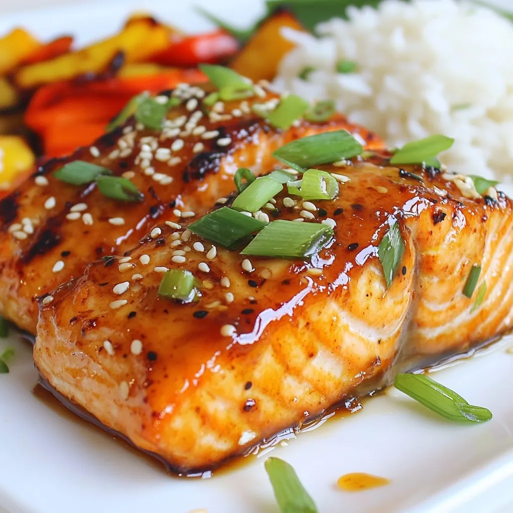 - 4 salmon fillets (about 6 oz each) - 1/4 cup honey - 1/4 cup soy sauce (low-sodium preferred) - 3 cloves garlic, minced - 1 tablespoon fresh ginger, grated - 1 tablespoon rice vinegar - 1 tablespoon sesame oil - 2 green onions, sliced (for garnish) - Sesame seeds (for garnish) - You can swap honey with maple syrup or agave nectar for a different sweetness. - For soy sauce, tamari or coconut aminos are good gluten-free options. Gather these ingredients before you start cooking. Having everything ready makes the process smooth. Each ingredient adds its own charm to the dish. The honey gives sweetness, while soy sauce adds depth. Garlic and ginger bring a fresh kick. Use low-sodium soy sauce to keep it healthier. If you need a change, try different sweeteners or soy substitutes. These changes keep the meal exciting and fun. Enjoy your cooking! {{ingredient_image_1}} To start, you need to prepare the marinade. In a medium bowl, whisk together: - 1/4 cup honey - 1/4 cup soy sauce - 3 cloves garlic, minced - 1 tablespoon fresh ginger, grated - 1 tablespoon rice vinegar - 1 tablespoon sesame oil Mix until all ingredients blend well. This marinade adds great flavor. Now, place your salmon fillets in a shallow dish. Pour the marinade over the fillets. Make sure they are well coated. Cover the dish and let it marinate in the fridge for at least 30 minutes. For deeper flavor, you can marinate for up to 2 hours. Next, preheat your oven to 400°F (200°C). This temperature helps the salmon cook evenly. Line a baking sheet with parchment paper or lightly grease it. After marinating, remove the salmon from the dish. Place it skin-side down on the baking sheet. Don't forget to reserve the marinade for later! Bake the salmon for about 12-15 minutes. It should flake easily with a fork. The internal temperature should reach 145°F (63°C). While the salmon bakes, take the reserved marinade and pour it into a small saucepan. Bring it to a boil over medium heat. Reduce the heat and let it simmer for about 5 minutes. This thickens the sauce nicely. Once the salmon is done, take it out of the oven. Brush the thickened marinade over the fillets for added glaze. For a beautiful presentation, top with sliced green onions and a sprinkle of sesame seeds. Serve on a white plate with rice and veggies for a vibrant look. - Suggested spices and herbs: Try adding black pepper, paprika, or fresh cilantro to your marinade. These spices and herbs add depth and a touch of warmth. You can also use dried thyme or oregano for a subtle flavor boost. - Pairing ideas with sides: Serve your salmon with steamed rice, roasted vegetables, or a fresh salad. Brown rice adds a nutty flavor, while sweet potatoes can balance the glaze's sweetness. - How to avoid overcooking salmon: Keep an eye on the salmon as it cooks. Bake it for 12-15 minutes at 400°F. When the fish flakes easily, it's done. Use a fork to check this. - Alternative cooking methods (grilling or pan-searing): If you prefer grilling, cook salmon over medium heat for about 6-8 minutes per side. For pan-searing, heat oil in a skillet over medium heat. Cook skin-side down first for 4-5 minutes, then flip and cook for another 3-4 minutes. - Low-calorie substitutions: Swap honey for agave syrup or maple syrup for a lighter glaze. You can also use a reduced-sodium soy sauce. - Nutritional benefits of ingredients: Salmon is rich in omega-3 fatty acids, which are great for heart health. Garlic may boost your immune system, while ginger helps with digestion. Honey adds natural sweetness and may provide antioxidants. Pro Tips Marinate Longer for Flavor: For a richer flavor, let the salmon marinate for up to 2 hours, allowing the honey and garlic to penetrate deeper into the fish. Use Fresh Ingredients: Fresh garlic and ginger will enhance the taste of the glaze. Avoid using jarred versions for the best results. Check for Doneness: Use a fork to gently flake the salmon; if it separates easily, it’s done. Aim for an internal temperature of 145°F (63°C). Garnish for Presentation: A sprinkle of sesame seeds and sliced green onions not only adds flavor but also enhances the visual appeal of your dish. {{image_2}} You can change the marinade to suit your taste. For a tropical twist, add some citrus juice or pineapple chunks. This gives the salmon a bright, fresh flavor. You can also try a spicy variation. Mix in sriracha or chili flakes for some heat. This adds a fun kick to the dish. You can serve the salmon in many ways. Try it over quinoa or a fresh salad. This keeps your meal light and healthy. Another fun idea is to make sushi rolls. Just flake the salmon and wrap it in sushi rice and seaweed. This makes a tasty snack or lunch. You can also explore global flavors with this recipe. Add some Asian-inspired ingredients like sesame seeds or green onions for more depth. For a Mediterranean twist, use olive oil and fresh herbs like parsley or basil. These changes keep the dish exciting and new every time you make it. To keep your honey garlic glazed salmon fresh, use an airtight container. This helps seal in moisture. Place the salmon in the container and cover it tightly. Store it in the fridge for up to three days. If you have extra sauce, keep that in a separate container. If you want to save salmon for later, freezing is a good choice. Wrap each fillet in plastic wrap. Then, place them in a freezer bag. Remove as much air as you can. This helps prevent freezer burn. For best texture, freeze salmon for no more than three months. When you’re ready to eat, thaw it in the fridge overnight or use the defrost setting on your microwave. When reheating, the oven is best for keeping flavor and moisture. Preheat your oven to 300°F (150°C). Place the salmon in a baking dish, cover it with foil, and heat for about 10-15 minutes. If using a microwave, heat on medium power for one minute at a time. Check to avoid overcooking. For extra moisture, drizzle a little olive oil or add a splash of water before heating. Marinate salmon for at least 30 minutes. This time helps the fish absorb the flavors. For a richer taste, you can marinate it for up to 2 hours. Do not exceed this time to avoid a mushy texture. A longer marination can make the fish too salty due to the soy sauce. Always refrigerate the salmon while it marinates to keep it fresh. Honey garlic glazed salmon pairs well with many sides. Here are some ideas: - Steamed rice - Roasted vegetables - Quinoa - A fresh green salad - Mashed potatoes For drinks, try a light white wine or a refreshing iced tea. These choices balance the sweet and savory flavors of the salmon. Yes, you can use frozen salmon. Just make sure to thaw it properly first. For best results, thaw the salmon in the fridge overnight. If you're short on time, you can use the cold-water method. Place the sealed salmon in a bowl of cold water for about an hour. After thawing, pat it dry before marinating. This step helps the marinade stick better. This blog post covered the key ingredients and steps to make Honey Garlic Glazed Salmon. You learned about marinating, baking tips, and how to enhance flavor. We shared ideas for different serving styles and variations too. Store your leftovers well and enjoy them later. Cooking can be simple and fun. Experiment with flavors and make it your own. With these tips, you can create delicious meals that impress!