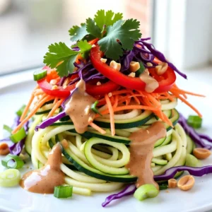 - 2 medium zucchini - 1 red bell pepper - 1 cup shredded carrots - 1 cup purple cabbage - 1/2 cup fresh cilantro, chopped - 1/4 cup green onions, chopped - 1/4 cup crushed peanuts - 1 tablespoon sesame oil In this salad, zucchini makes the perfect base. You spiralize it into zoodles, which are fun and healthy. The red bell pepper adds a sweet crunch. Shredded carrots bring color and mild flavor. Purple cabbage gives a nice crunch and a pop of color. Fresh cilantro adds brightness and a hint of earthiness. The green onions lend a sharp bite, while crushed peanuts provide a satisfying crunch. Finally, sesame oil brings a rich, nutty flavor that ties it all together. - 1/4 cup peanut butter - 2 tablespoons soy sauce or tamari - 1 tablespoon honey or agave syrup - 1 tablespoon lime juice - 1 teaspoon sriracha - 1 clove garlic, minced - Water (to thin dressing) The dressing is the star of this salad. Peanut butter gives it creaminess and rich taste. Soy sauce or tamari adds umami. Honey or agave syrup balances the flavors with sweetness. Lime juice gives a tangy kick, while sriracha adds heat. Minced garlic adds depth. If the dressing is too thick, just add a little water until smooth. This dressing elevates the zoodles and veggies, making each bite delicious. {{ingredient_image_1}} To start, you will need to spiralize the zucchini. Use a spiralizer to turn the zucchini into zoodles. If you don’t have a spiralizer, a vegetable peeler works too. Just make thin ribbons. Once you have your zoodles, place them in a colander. Sprinkle a little salt on top. This helps draw out moisture. Let them sit for about 10 minutes. After that, rinse and pat dry to keep the zoodles crisp. Next, we make the dressing. Grab a medium bowl and add the peanut butter. Then, add the soy sauce, honey or agave syrup, lime juice, sriracha, and minced garlic. Whisk these ingredients together until smooth. If the dressing is thick, don’t worry! Add water, one teaspoon at a time, until it’s just right. The dressing should be creamy but pourable. Now it’s time to combine the salad. In a large bowl, add the spiralized zucchini, red bell pepper, shredded carrots, purple cabbage, cilantro, and green onions. Mix everything well. This step adds color and crunch to your salad. Pour the peanut dressing over the mixed veggies. Gently toss everything together. Make sure all the veggies get coated in the dressing. This adds flavor to every bite. To serve the salad, transfer it to a serving bowl or individual plates. Top with crushed peanuts for extra crunch and flavor. If you love heat, drizzle more sriracha on top before serving. This adds a fun kick! Enjoy your fresh and tasty dish! - Preventing excess moisture: After spiralizing the zucchini, place the zoodles in a colander. Sprinkle a little salt over them and let them sit for about 10 minutes. This draws out moisture and keeps your salad crisp. - Choosing the right zucchini: Look for firm, medium-sized zucchini. They should feel heavy for their size. Avoid large zucchini as they can be watery and seedy. - Adjusting sriracha for spice level: If you like it spicy, add more sriracha to the dressing. Start with one teaspoon and taste. You can always add more for heat! - Alternative sweeteners: If honey isn't your thing, try agave syrup or maple syrup. These options give a nice sweetness while keeping it vegan. - Adding herbs or spices: Fresh herbs like basil or mint can boost the flavor. A sprinkle of sesame seeds can also add a nice crunch. - Serving suggestions with protein: For a more filling meal, top your salad with grilled chicken, shrimp, or tofu. These proteins pair well with the spicy peanut dressing and add extra nutrition. Pro Tips Use Fresh Ingredients: Fresh vegetables enhance the flavor and crunch of your salad, making it more vibrant and enjoyable. Adjust the Spice Level: Feel free to modify the amount of sriracha in the dressing to suit your personal spice preference. Make Ahead: You can prepare the salad and dressing in advance. Just keep them separate until ready to serve to maintain freshness. Add Protein: For a more filling meal, consider adding grilled chicken, tofu, or chickpeas to the salad. {{image_2}} To make this salad vegan, swap honey for agave syrup. This keeps it sweet and plant-based. You can also add more plant-based proteins. Try chickpeas or edamame for a protein boost. These options add texture and flavor without any animal products. If you want to add protein, tofu, shrimp, or chicken work well. For tofu, press it for 15 minutes to remove extra moisture. Then, cube it and pan-fry until golden. For shrimp, sauté in a little oil until pink. Chicken can be grilled or roasted, then sliced. All these proteins bring their own taste and pair nicely with the salad. Seasonal vegetables can enhance this dish’s freshness. In spring, think about adding snap peas or radishes. In summer, try corn or cherry tomatoes. Adjust the dressing by adding fresh herbs like basil in the warmer months. This keeps the salad lively and exciting all year round. After making your Spicy Thai Peanut Zoodle Salad, store leftovers in an airtight container. This keeps your salad fresh and crunchy. Place it in the fridge within two hours to avoid spoilage. The salad stays tasty for up to three days. However, the zoodles may get soggy over time. To keep them crisp, consider storing the dressing separately. To make meal prep easy, you can prepare the zoodles and veggies ahead of time. Spiralize the zucchini, slice the bell pepper, and shred the carrots. Store them in the fridge in separate containers. When you're ready to eat, just mix everything together and add the dressing. For reheating, avoid microwaving the zoodles. Instead, enjoy the salad cold for a refreshing meal. You can freeze zoodles, but be aware they may lose their texture. To freeze, place zoodles in a single layer on a baking sheet. Freeze until solid, then transfer to a freezer bag. For the dressing, it's best to freeze it separately. This keeps the flavors fresh. When you're ready to use, thaw both in the fridge overnight, then mix them together for a quick meal. Zoodles are noodles made from zucchini. To make zoodles, I use a spiralizer. This tool turns zucchini into long, thin strands. If you don’t have one, a vegetable peeler works too. Just slice the zucchini into thin ribbons. Zoodles are a great low-carb option for pasta dishes. They soak up flavors well and add a nice crunch. Yes, you can choose other nut butters. Almond butter or cashew butter both work well. Each nut butter adds a unique flavor. Almond butter is milder, while cashew butter is creamy and rich. Keep in mind that the taste of the dressing will change slightly with each nut butter. To make this salad gluten-free, use tamari instead of soy sauce. Tamari is a gluten-free soy sauce alternative. Always check labels on any sauces you use. Additionally, make sure all other ingredients are gluten-free. Fresh veggies and nuts typically are, but it’s good to double-check. This salad pairs well with many dishes. You can serve it as a main dish or a side. For a main, add grilled chicken or shrimp. For a side, try it with spring rolls or grilled veggies. Its fresh and crunchy taste complements many flavors. This blog explored a fresh and tasty Spicy Thai Peanut Zoodle Salad. We discussed the key ingredients like zucchini, bell pepper, and carrots. I shared step-by-step instructions to prepare zoodles and the spicy peanut dressing. Easy tips helped you perfect each component. Plus, I gave variations for vegan or protein-rich options and storage advice for meal prep. In closing, this dish is versatile, fun, and packed with flavor. Enjoy your zoodle journey!