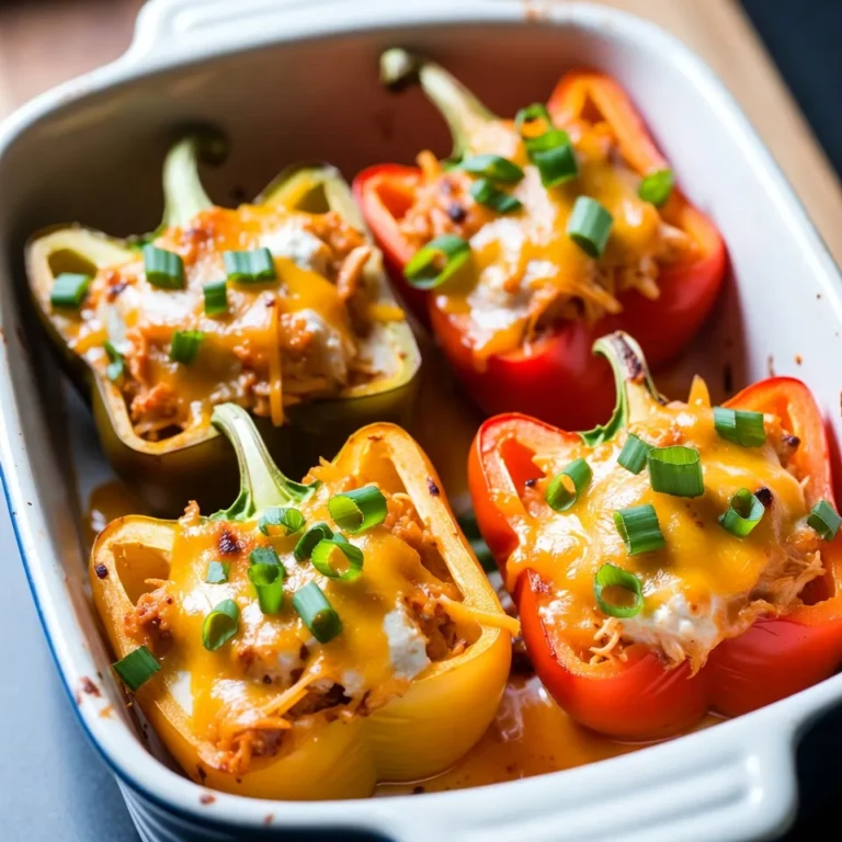- 4 large bell peppers (red, yellow, or green) - 2 cups cooked chicken, shredded - 1/2 cup hot sauce (like Frank’s RedHot) - 1/2 cup cream cheese, softened - 1 cup shredded cheddar cheese - 1/2 cup ranch dressing - 1/4 cup chopped green onions - Salt and pepper to taste - Olive oil spray If you can't find bell peppers, try using zucchini or squash. These options work well too. For the chicken, use rotisserie chicken for quick prep. You can swap the ranch dressing for blue cheese dressing for a bolder flavor. Cream cheese can be replaced with Greek yogurt for a lighter option. Adjust hot sauce to suit your spice level. When picking bell peppers, look for ones that are firm and shiny. Make sure they have no soft spots or wrinkles. Choose peppers with bright colors for a sweeter taste. If you want a milder flavor, pick green peppers. Red, yellow, or orange peppers are sweeter and more colorful. Always check for freshness to ensure the best taste in your dish. {{ingredient_image_1}} Start by preheating your oven to 375°F (190°C). Next, take four large bell peppers. You can use red, yellow, or green, depending on your taste. Cut the tops off and remove the seeds and membranes. This step is key; it makes room for the filling. Lightly spray the outside of the peppers with olive oil. This helps them roast nicely. Stand the peppers upright in a baking dish. In a large mixing bowl, combine the shredded chicken and 1/2 cup of hot sauce. I prefer Frank’s RedHot for its great flavor. Next, add 1/2 cup of softened cream cheese. This makes the filling rich and creamy. Now, mix in 1 cup of shredded cheddar cheese, 1/2 cup of ranch dressing, and half of the chopped green onions. Stir everything until it’s smooth and well mixed. Don't forget to season with salt and pepper to taste. Now it’s time to fill the peppers. Generously stuff each pepper with the buffalo chicken mixture. Press down gently so you can fit as much filling as possible. Top each pepper with the remaining cheddar cheese for a nice cheesy crust. Cover your baking dish with aluminum foil and bake in the oven for 25 minutes. After that, remove the foil. Bake for another 10 to 15 minutes until the cheese is bubbly, and the peppers are tender. Once done, let them cool for a few minutes. Garnish with the rest of the green onions before serving. Enjoy! To keep your peppers firm, use fresh ones. Choose peppers that feel heavy and have smooth skin. Before baking, lightly coat them with olive oil spray. This helps seal in moisture. Another trick is to bake them upright, so they stay juicy without getting soggy. For tender shredded chicken, cook it in water or broth. This makes it juicy. After cooking, let it cool for a few minutes. Use two forks to shred the chicken. This method gives you nice, even pieces. You can also use a stand mixer with a paddle attachment. This saves time and effort. Buffalo chicken can pack a punch. To make it milder, use less hot sauce. Mixing in more cream cheese helps tone down the heat, too. If you like it spicy, add more hot sauce or red pepper flakes. Always taste as you go. This way, you can find your perfect level of spice. Pro Tips Choose the Right Peppers: Opt for large, firm bell peppers to ensure they hold the filling well and provide a good balance of flavor. Mix Ingredients Thoroughly: Make sure to blend the chicken, sauce, and cheeses well for a creamy consistency that will fill the peppers nicely. Experiment with Heat: Adjust the amount of hot sauce to suit your taste. For a milder version, use less hot sauce or add a touch of honey to balance the heat. Let Them Rest: Allow the stuffed peppers to cool for a few minutes after baking. This helps the flavors meld together and makes them easier to eat. {{image_2}} You can make these stuffed peppers vegetarian. Use cooked quinoa or lentils instead of chicken. Add beans for protein and fiber. Mix them with cream cheese, ranch, and hot sauce. This gives you a creamy and spicy filling. You’ll still enjoy that great flavor. You can switch up the sauce for new tastes. Try barbecue sauce for a sweet twist. A garlic sauce can add a nice kick too. If you like it spicy, go for a hotter sauce. Each change will give you a different flavor. Experiment to find what you love best. Adding more veggies is a great way to boost nutrition. Dice zucchini, mushrooms, or spinach. You can mix these into the chicken filling. Not only do they add flavor, but they also add color. More veggies make the meal healthier and more fun to eat. After enjoying your buffalo chicken stuffed peppers, you’ll want to store leftovers properly. Place them in an airtight container. This keeps them fresh and prevents strong odors in your fridge. You can store the peppers for up to three days. Make sure they cool to room temperature before sealing. When you’re ready to enjoy leftovers, reheating is simple. Preheat your oven to 350°F (175°C). Place the stuffed peppers in a baking dish. Cover them with foil to keep moisture in. Heat for about 20 minutes or until warm. You can also use a microwave. Just heat on high for about two to three minutes. Check to ensure they’re heated evenly. Freezing is a great option if you have extra stuffed peppers. Start by letting them cool completely. Wrap each pepper tightly in plastic wrap. Then, place them in a freezer bag. This helps prevent freezer burn. You can freeze them for up to three months. When you’re ready to eat, thaw in the fridge overnight. Reheat them in the oven or microwave as mentioned before. Enjoy your meal anytime! No, I do not recommend using raw chicken. The filling needs cooked chicken to mix well with the other ingredients. Using raw chicken can lead to uneven cooking and unsafe food. Cooked chicken also adds flavor and makes the dish creamy. The hot sauce and cream cheese work best with shredded, cooked chicken. Stuffed peppers last about 3 to 5 days in the fridge. Store them in an airtight container for the best results. Before serving, check for any off smells or signs of spoilage. If they look fine, heat them up in the microwave or oven. They taste great even after a few days. Buffalo Chicken Stuffed Peppers go well with many sides. Here are a few ideas: - Fresh salad with mixed greens - Crispy coleslaw - Sweet potato fries - Garlic bread - Corn on the cob These sides add color and balance to the meal. Enjoy mixing and matching to find your favorite pairings! In this blog post, we covered how to make delicious Buffalo Chicken Stuffed Peppers. We explored key ingredients, substitutions, and pepper selection tips. I provided step-by-step instructions for preparing the filling and baking the peppers. You learned tricks to avoid soggy peppers and adjust spice levels. We also discussed vegetarian options and storage tips. Buffalo Chicken Stuffed Peppers are versatile and fun to make. Try your own twists or share leftovers. Enjoy cooking!