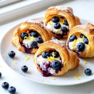 When making Lemon Blueberry Cheesecake Crescent Bites, the right ingredients make all the difference. Here’s what you’ll need: - 1 can (8 oz) refrigerated crescent roll dough - 8 oz cream cheese, softened - 1/4 cup powdered sugar - 1 tablespoon lemon juice - Zest of 1 lemon - 1 teaspoon vanilla extract - 1 cup fresh blueberries - 1 egg, beaten (for egg wash) - Additional powdered sugar for dusting Each item plays a key role in creating these bites. The crescent roll dough gives a flaky base. Cream cheese adds a rich, smooth filling. Sweeteners, like powdered sugar, balance the tartness of the lemon. Fresh blueberries burst with flavor, enhancing every bite. The egg wash helps achieve that perfect golden color. Dusting with powdered sugar adds a lovely finish. Feel free to explore fresh ingredients. Seasonal blueberries work well. Always use quality cream cheese for the best texture. Enjoy your cooking adventure! {{ingredient_image_1}} 1. Preheat your oven to 375°F (190°C). This temperature helps the bites bake evenly. 2. Line a baking sheet with parchment paper. This keeps the bites from sticking. 3. Make the cream cheese filling. In a bowl, mix 8 oz of softened cream cheese, 1/4 cup powdered sugar, 1 tablespoon lemon juice, lemon zest, and 1 teaspoon vanilla extract. Beat until smooth. 4. Unroll the crescent roll dough. Separate it into triangles. Each triangle will hold the filling. 5. Spoon the cream cheese mixture onto the wide end of each crescent triangle. Use about a tablespoon for each. 6. Add a few fresh blueberries on top of the cream cheese. This adds flavor and color. 7. Roll the dough from the wide end to the narrow tip. Pinch the edges to seal in the filling. This keeps the creamy goodness inside. 1. Place the rolled crescent bites on the prepared baking sheet. 2. Brush the tops with the beaten egg. This gives them a golden finish as they bake. 3. Bake in the preheated oven for 12-15 minutes. Watch for a nice golden brown color. 4. Once baked, cool slightly before dusting with powdered sugar. This adds a sweet touch. 5. Serve warm or at room temperature. Enjoy these delightful bites right away for the best taste! To make the best cheesecake filling, start with softened cream cheese. This helps create a smooth texture. Use a hand mixer for an even creaminess. Mix in powdered sugar slowly to avoid clumps. Add lemon juice and zest for a bright taste. If you want extra flavor, try a pinch of cinnamon or nutmeg. These spices add warmth and depth. You can also mix in a touch of almond extract for a nutty twist. Crescent roll dough can be tricky. To avoid tears, handle it gently. Make sure your hands are dry. If the dough sticks, use a bit of flour on your work surface. When rolling, start from the wide end. This helps keep the filling inside. Pinch the edges well to seal them. If you notice any openings, press them closed. This way, your filling won’t escape while baking. For easy rolling, try chilling the dough slightly. Cold dough is less sticky and easier to work with. These tips will help you create perfect Lemon Blueberry Cheesecake Crescent Bites every time! Pro Tips Chill the Filling: For a firmer filling, chill the cream cheese mixture for about 30 minutes before spooning it onto the crescent dough. Use Fresh Blueberries: Fresh blueberries will give the best flavor and texture. If using frozen, ensure they are fully thawed and drained to avoid excess moisture. Seal Well: Pinch the edges of the crescent dough firmly to prevent the filling from leaking out during baking. Experiment with Flavors: Feel free to add other fruits like raspberries or strawberries, or even a bit of almond extract for a different twist! {{image_2}} You can change the fruit in this recipe. Instead of blueberries, try raspberries or strawberries. Both fruits give a tasty twist. You can also use mixed berries for fun. Each fruit brings its own flavor and color. Adding different extracts or spices can enhance the bites. Try almond extract for a nutty taste. A pinch of cinnamon can add warmth. These small changes can make each batch unique and exciting. If you need gluten-free options, look for gluten-free crescent roll dough. Many brands now offer this. It allows everyone to enjoy these treats without worry. For those following a vegan diet, you can swap cream cheese for vegan cream cheese. Many brands taste great and work well in recipes. Just check the packaging for best results. To keep your Lemon Blueberry Cheesecake Crescent Bites fresh, store them in the fridge. Place them in an airtight container. This helps maintain the creamy filling and flaky dough. They will stay good for about 3 to 4 days. If you want to keep them longer, freezing is great too. Wrap each bite tightly in plastic wrap. Then, put them in a freezer-safe bag. They can last up to 2 months in the freezer. Just be sure to label the bag with the date. When you are ready to enjoy your bites again, reheating is key. An oven is the best option. Preheat your oven to 350°F (175°C). Place the bites on a baking sheet for about 10 minutes. This method will help maintain their texture. If you are in a hurry, you can use a microwave. Heat each bite for about 15 to 20 seconds. Check to make sure they are warm, but do not overheat them. After reheating, serve with a light dusting of powdered sugar for a lovely finish. Enjoy them warm or at room temperature! Can I make these ahead of time? Yes, you can make these bites ahead. Prepare the filling and roll the crescents. Store them in the fridge for up to a day. When ready, just bake them as directed. This saves time and lets you enjoy fresh bites later. What can I substitute for cream cheese? You can use mascarpone cheese or Greek yogurt as a substitute. Both will give a creamy feel. If you want a non-dairy option, try using cashew cream. Blend soaked cashews with lemon juice for a similar taste. What should I do if my crescent rolls are too doughy? If they are too doughy, try baking them a little longer. Keep an eye on them to avoid burning. If it happens often, check your oven’s temperature. An oven thermometer can help to ensure accurate heat. How do I prevent the filling from oozing out during baking? To stop the filling from oozing, pinch the edges tightly. This seals the dough. Also, don’t overfill the crescents. Use about a tablespoon of filling for each roll. This keeps your bites neat and tasty. In this blog post, I shared a simple recipe for crescent roll cheesecake bites. We covered key ingredients, like cream cheese, blueberries, and crescent dough. Then, I walked you through step-by-step instructions for perfect preparation, baking, and serving. I offered tips for a creamy filling, easy dough handling, and tasty variations. Finally, we discussed proper storage methods and answered common questions. Enjoy making these bites at home and get creative with flavors. You’ll love sharing these treats with friends and family. Happy baking!