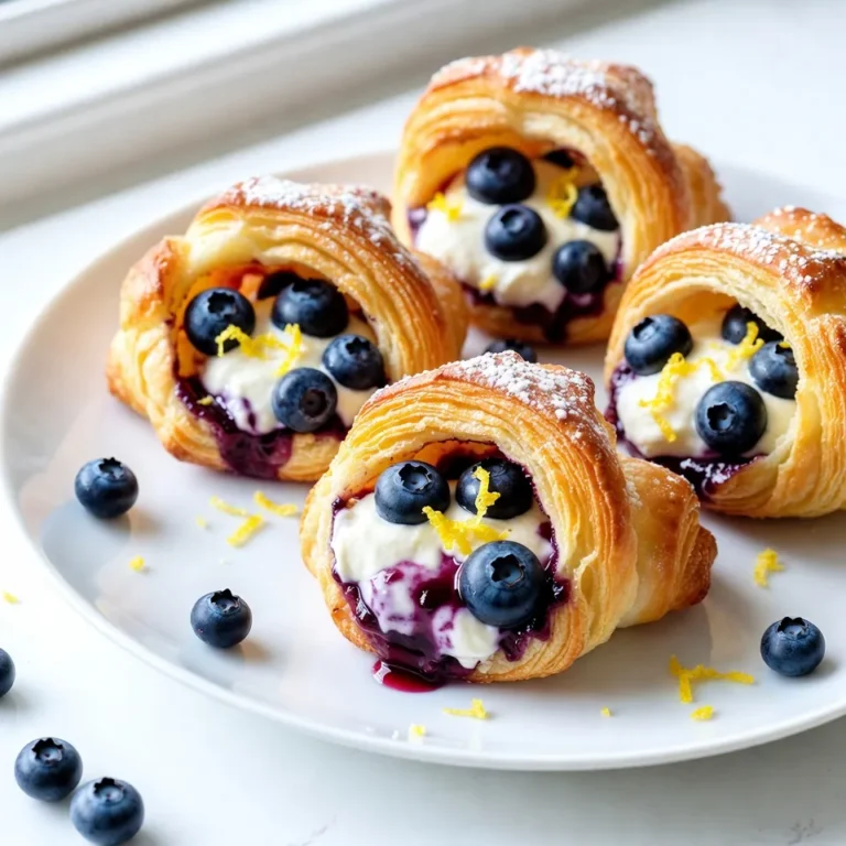 When making Lemon Blueberry Cheesecake Crescent Bites, the right ingredients make all the difference. Here’s what you’ll need: - 1 can (8 oz) refrigerated crescent roll dough - 8 oz cream cheese, softened - 1/4 cup powdered sugar - 1 tablespoon lemon juice - Zest of 1 lemon - 1 teaspoon vanilla extract - 1 cup fresh blueberries - 1 egg, beaten (for egg wash) - Additional powdered sugar for dusting Each item plays a key role in creating these bites. The crescent roll dough gives a flaky base. Cream cheese adds a rich, smooth filling. Sweeteners, like powdered sugar, balance the tartness of the lemon. Fresh blueberries burst with flavor, enhancing every bite. The egg wash helps achieve that perfect golden color. Dusting with powdered sugar adds a lovely finish. Feel free to explore fresh ingredients. Seasonal blueberries work well. Always use quality cream cheese for the best texture. Enjoy your cooking adventure! {{ingredient_image_1}} 1. Preheat your oven to 375°F (190°C). This temperature helps the bites bake evenly. 2. Line a baking sheet with parchment paper. This keeps the bites from sticking. 3. Make the cream cheese filling. In a bowl, mix 8 oz of softened cream cheese, 1/4 cup powdered sugar, 1 tablespoon lemon juice, lemon zest, and 1 teaspoon vanilla extract. Beat until smooth. 4. Unroll the crescent roll dough. Separate it into triangles. Each triangle will hold the filling. 5. Spoon the cream cheese mixture onto the wide end of each crescent triangle. Use about a tablespoon for each. 6. Add a few fresh blueberries on top of the cream cheese. This adds flavor and color. 7. Roll the dough from the wide end to the narrow tip. Pinch the edges to seal in the filling. This keeps the creamy goodness inside. 1. Place the rolled crescent bites on the prepared baking sheet. 2. Brush the tops with the beaten egg. This gives them a golden finish as they bake. 3. Bake in the preheated oven for 12-15 minutes. Watch for a nice golden brown color. 4. Once baked, cool slightly before dusting with powdered sugar. This adds a sweet touch. 5. Serve warm or at room temperature. Enjoy these delightful bites right away for the best taste! To make the best cheesecake filling, start with softened cream cheese. This helps create a smooth texture. Use a hand mixer for an even creaminess. Mix in powdered sugar slowly to avoid clumps. Add lemon juice and zest for a bright taste. If you want extra flavor, try a pinch of cinnamon or nutmeg. These spices add warmth and depth. You can also mix in a touch of almond extract for a nutty twist. Crescent roll dough can be tricky. To avoid tears, handle it gently. Make sure your hands are dry. If the dough sticks, use a bit of flour on your work surface. When rolling, start from the wide end. This helps keep the filling inside. Pinch the edges well to seal them. If you notice any openings, press them closed. This way, your filling won’t escape while baking. For easy rolling, try chilling the dough slightly. Cold dough is less sticky and easier to work with. These tips will help you create perfect Lemon Blueberry Cheesecake Crescent Bites every time! Pro Tips Chill the Filling: For a firmer filling, chill the cream cheese mixture for about 30 minutes before spooning it onto the crescent dough. Use Fresh Blueberries: Fresh blueberries will give the best flavor and texture. If using frozen, ensure they are fully thawed and drained to avoid excess moisture. Seal Well: Pinch the edges of the crescent dough firmly to prevent the filling from leaking out during baking. Experiment with Flavors: Feel free to add other fruits like raspberries or strawberries, or even a bit of almond extract for a different twist! {{image_2}} You can change the fruit in this recipe. Instead of blueberries, try raspberries or strawberries. Both fruits give a tasty twist. You can also use mixed berries for fun. Each fruit brings its own flavor and color. Adding different extracts or spices can enhance the bites. Try almond extract for a nutty taste. A pinch of cinnamon can add warmth. These small changes can make each batch unique and exciting. If you need gluten-free options, look for gluten-free crescent roll dough. Many brands now offer this. It allows everyone to enjoy these treats without worry. For those following a vegan diet, you can swap cream cheese for vegan cream cheese. Many brands taste great and work well in recipes. Just check the packaging for best results. To keep your Lemon Blueberry Cheesecake Crescent Bites fresh, store them in the fridge. Place them in an airtight container. This helps maintain the creamy filling and flaky dough. They will stay good for about 3 to 4 days. If you want to keep them longer, freezing is great too. Wrap each bite tightly in plastic wrap. Then, put them in a freezer-safe bag. They can last up to 2 months in the freezer. Just be sure to label the bag with the date. When you are ready to enjoy your bites again, reheating is key. An oven is the best option. Preheat your oven to 350°F (175°C). Place the bites on a baking sheet for about 10 minutes. This method will help maintain their texture. If you are in a hurry, you can use a microwave. Heat each bite for about 15 to 20 seconds. Check to make sure they are warm, but do not overheat them. After reheating, serve with a light dusting of powdered sugar for a lovely finish. Enjoy them warm or at room temperature! Can I make these ahead of time? Yes, you can make these bites ahead. Prepare the filling and roll the crescents. Store them in the fridge for up to a day. When ready, just bake them as directed. This saves time and lets you enjoy fresh bites later. What can I substitute for cream cheese? You can use mascarpone cheese or Greek yogurt as a substitute. Both will give a creamy feel. If you want a non-dairy option, try using cashew cream. Blend soaked cashews with lemon juice for a similar taste. What should I do if my crescent rolls are too doughy? If they are too doughy, try baking them a little longer. Keep an eye on them to avoid burning. If it happens often, check your oven’s temperature. An oven thermometer can help to ensure accurate heat. How do I prevent the filling from oozing out during baking? To stop the filling from oozing, pinch the edges tightly. This seals the dough. Also, don’t overfill the crescents. Use about a tablespoon of filling for each roll. This keeps your bites neat and tasty. In this blog post, I shared a simple recipe for crescent roll cheesecake bites. We covered key ingredients, like cream cheese, blueberries, and crescent dough. Then, I walked you through step-by-step instructions for perfect preparation, baking, and serving. I offered tips for a creamy filling, easy dough handling, and tasty variations. Finally, we discussed proper storage methods and answered common questions. Enjoy making these bites at home and get creative with flavors. You’ll love sharing these treats with friends and family. Happy baking!
