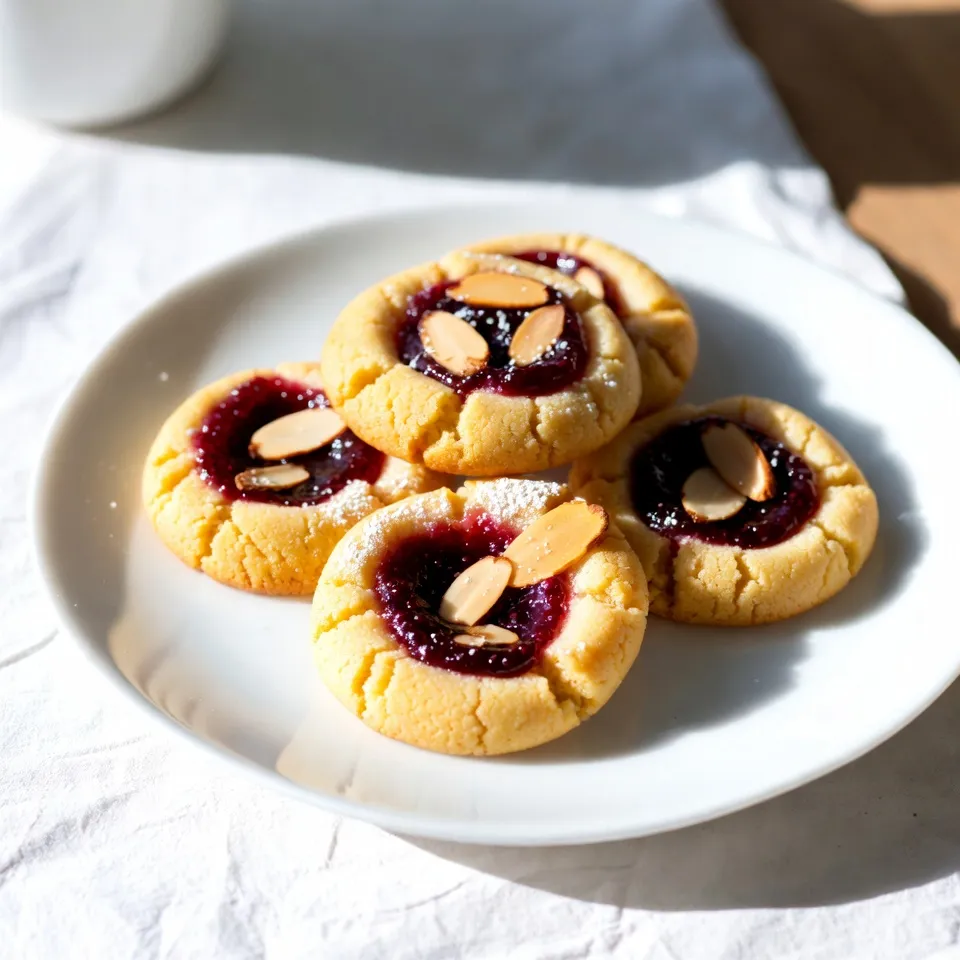 - 1 cup unsalted butter, softened - 1 cup granulated sugar - 1 large egg - 2 teaspoons almond extract - 2 cups all-purpose flour - ½ teaspoon salt - ½ teaspoon baking powder - ½ cup raspberry jam - ¼ cup sliced almonds (toasted) To make the best Raspberry Almond Thumbprint Cookies, gather these simple ingredients. The butter needs to be soft. It helps the dough mix well. The sugar adds sweetness. Using a large egg gives the cookies a nice texture. Almond extract brings a lovely flavor. Flour forms the base of the dough. Salt and baking powder help with the rise. Raspberry jam gives the cookies a sweet touch. Lastly, toasted almonds add a nice crunch. - Mixing bowls - Measuring cups and spoons - Baking sheets - Parchment paper - Electric mixer or whisk - Spoon for shaping cookies - Cooling racks Having the right tools makes baking easier. Mixing bowls hold your ingredients while you mix. Measuring cups and spoons help you get the right amounts. Baking sheets are for placing your cookies. Parchment paper keeps them from sticking. An electric mixer or whisk will blend your batter well. A spoon helps shape the cookies. Cooling racks let your cookies cool quickly. {{ingredient_image_1}} - Preheat your oven to 350°F (175°C) and line two baking sheets with parchment paper. This helps the cookies not stick. - In a large mixing bowl, cream together 1 cup of softened butter and 1 cup of granulated sugar. Mix until it becomes light and fluffy, about 2-3 minutes. This step adds air to the dough, making your cookies soft. - Next, add 1 large egg and 2 teaspoons of almond extract to the butter and sugar mix. Beat until everything is fully combined. The almond extract gives a nice flavor. - In a separate bowl, whisk together 2 cups of all-purpose flour, ½ teaspoon of salt, and ½ teaspoon of baking powder. Mixing these dry ingredients separately helps them blend well into the dough later. - Now, use a tablespoon to scoop out the dough. Roll it into balls about 1 inch wide. Place these balls on your prepared baking sheets, keeping them about 2 inches apart. - Take your thumb or the end of a wooden spoon and make an indent in the center of each ball. This is where the jam will go. - Fill each indent with ½ cup of raspberry jam. Be generous! Then, sprinkle the tops with ¼ cup of toasted sliced almonds for a nice crunch. - Bake in the preheated oven for 12-15 minutes. Look for lightly golden edges. - Once baked, remove the cookies from the oven. Let them cool on the sheets for 5 minutes. Then, transfer them to wire racks to cool completely. To get the perfect texture, follow these steps: - Use softened butter: This helps create a light and fluffy dough. - Do not overmix: Mix until just combined for tender cookies. To check for doneness, look for these signs: - Golden edges: The edges should be lightly golden. - Slightly firm centers: The centers should feel set but soft. For serving suggestions, try this: - Decorative plate: Arrange the cookies on a nice plate. Dust with powdered sugar for a pretty touch. - Pair with tea: Serve cookies with a warm cup of tea for a cozy snack. For creative decoration, consider these ideas: - Drizzle with chocolate: Melt chocolate and drizzle over cookies for added sweetness. - Add fresh fruit: Garnish with fresh raspberries or mint leaves for color. To ensure your cookies turn out well, avoid these errors: - Overmixing dough: This can make cookies tough. Mix just until combined. - Filling indents too much: Overfilling with jam can cause the cookies to overflow while baking. Aim for a small scoop in each indent. Pro Tips Chill the Dough: For better shaping and a softer texture, chill the cookie dough in the refrigerator for at least 30 minutes before baking. Perfect Jam Filling: Use a high-quality raspberry jam for a more intense flavor, and heat it slightly for easier filling. Toast the Almonds: Toast the sliced almonds in a dry skillet over medium heat for 3-5 minutes, stirring frequently, to enhance their nutty flavor. Storage Tips: Store the cookies in an airtight container at room temperature for up to a week for maximum freshness. {{image_2}} You can change the jam in these cookies. Instead of raspberry jam, try apricot or strawberry. Each jam gives a unique taste. For a twist, you can use different extracts. Vanilla or lemon extract can add nice flavors too. Experiment with these swaps for new favorites! If you need gluten-free cookies, use gluten-free flour. This simple change keeps the cookies tasty. For vegan options, replace the egg with a flax egg. Mix one tablespoon of flaxseed meal with three tablespoons of water and let it sit. This will help bind the dough without eggs. To make your cookies even sweeter, try adding a glaze. A simple icing made of powdered sugar and water works great. You can also sprinkle chocolate chips or nuts on top. These additions make your cookies look and taste even better. Enjoy getting creative with your designs! To keep your Raspberry Almond Thumbprint Cookies fresh, use an airtight container. Glass or plastic containers with tight lids work best. These help limit air and moisture. Store them in a cool, dry place. Aim for a temperature between 65°F and 75°F. High humidity can make cookies soft and sticky. You can freeze these cookies for later enjoyment. First, let the baked cookies cool completely. Then, place them in a single layer on a baking sheet. Freeze them for about an hour until firm. After that, transfer the cookies to a freezer-safe bag or container. Be sure to remove as much air as you can. When you're ready to enjoy them, thaw the cookies at room temperature. This keeps them soft and tasty. These cookies stay fresh for about a week at room temperature. If stored correctly, they can last up to three months in the freezer. Look for signs of spoilage, such as a dry or hard texture. If the cookies smell off or develop mold, it’s best to toss them. Enjoy your sweet treats while they are at their best! To make these cookies gluten-free, swap the all-purpose flour for a gluten-free flour blend. Look for blends that contain xanthan gum to help with texture. You may want to test a small batch first. This ensures they hold up well and taste great. Yes, you can use frozen raspberries. Simply thaw them and mash them a bit. You may want to add some sugar to sweeten them up. This will give you a fresh flavor in each cookie. Thumbprint cookies come from Europe. They date back to the 19th century. Some say they started in Sweden, while others think Poland has a claim. The name comes from the way you press your thumb into the dough to create a little well for jam. Yes, you can make these cookies in advance. You can shape the dough into balls, then freeze them. Just bake them when you’re ready. This way, you can enjoy fresh cookies anytime! You can tell the cookies are done when the edges turn light golden brown. The centers may look soft, but they will firm up as they cool. If you want to be sure, you can use a toothpick to check the edges. If it comes out clean, the cookies are ready! Raspberry Almond Thumbprint Cookies blend rich flavor and easy steps. You need simple ingredients and tools to make them. Remember to follow key tips for texture and presentation. Feel free to try different flavors and storage methods. You can customize these cookies to suit your taste. With practice, you’ll create a delightful treat that others will love. Enjoy your baking and the tasty results!