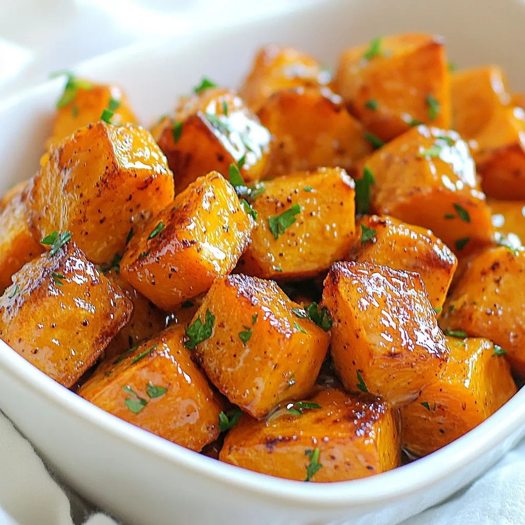 To make honey garlic roasted sweet potatoes, gather these items: - 4 medium sweet potatoes, peeled and cubed - 3 tablespoons olive oil - 4 tablespoons honey - 4 cloves garlic, minced - 1 teaspoon ground cinnamon - 1/2 teaspoon paprika - Salt and black pepper to taste - Fresh parsley, chopped (for garnish) These ingredients create a rich flavor. The sweet potatoes shine with honey and garlic. You can swap some ingredients if needed. Here are a few ideas: - Use coconut oil instead of olive oil for a different taste. - Maple syrup can replace honey for a vegan option. - Any root vegetable works well if you don't have sweet potatoes. - Try garlic powder if you don’t have fresh garlic. These swaps keep the dish tasty and fun. This recipe serves four people. Each serving has about: - Calories: 230 - Protein: 3g - Fat: 7g - Carbohydrates: 42g - Fiber: 5g - Sugar: 10g This dish is healthy and sweet. It’s a good source of vitamins and minerals. Enjoy these sweet potatoes as a side or snack! {{ingredient_image_1}} Start by peeling four medium sweet potatoes. Cubing them makes cooking easy and fun. Aim for bite-sized pieces for even roasting. The sweet potatoes should be about the same size. This helps them cook at the same rate. Next, grab a large bowl. Add the cubed sweet potatoes, three tablespoons of olive oil, and four tablespoons of honey. Then, mix in four minced garlic cloves, one teaspoon of ground cinnamon, and half a teaspoon of paprika. Don't forget to sprinkle salt and black pepper to taste. Toss everything well. Each sweet potato piece should be coated in the yummy mix. Now, preheat your oven to 400°F (200°C). Line a large baking sheet with parchment paper. This makes cleanup a breeze. Spread the coated sweet potatoes in a single layer on the sheet. Roast them for 25-30 minutes, stirring halfway through. This ensures even cooking and caramelization. The sweet potatoes are done when they are tender and golden. Once out, let them cool a bit before serving. Garnish with fresh parsley for a pop of color. To get that sweet, golden brown color, start by cutting your sweet potatoes into even cubes. This helps them cook at the same rate. Use enough olive oil to coat them well. The oil helps with caramelization and keeps them from sticking. Roast at 400°F (200°C) for 25-30 minutes. Stir them halfway through to ensure even browning. If they look too pale, let them roast a bit longer. To boost the flavor, try adding fresh herbs like rosemary or thyme. You can also sprinkle some chili flakes for heat. If you want a tangy twist, add a splash of lime juice just before serving. Adding nuts like pecans or walnuts gives a nice crunch. Pair the dish with a drizzle of balsamic glaze for extra depth. One mistake is overcrowding the pan. It leads to steaming, not roasting. Ensure the sweet potatoes are in a single layer. Another pitfall is using too little oil. Without enough oil, they won’t caramelize properly. Also, don’t skip stirring halfway through. This step is crucial for even cooking. Finally, don’t rush the cooling process. Letting them cool a bit enhances the flavors. Pro Tips Uniform Cubes: Cut the sweet potatoes into similar-sized cubes to ensure even cooking and caramelization. Honey Alternatives: Experiment with maple syrup or agave nectar for a different flavor profile. Extra Crispiness: For an extra crispy exterior, toss the sweet potatoes in cornstarch before adding the oil and seasonings. Storage Tips: Store leftovers in an airtight container in the refrigerator for up to 3 days and reheat in the oven for best results. {{image_2}} To add a fresh twist, try using herbs. Chopped rosemary or thyme brings a great taste. Mix the herbs into your sweet potato mix before roasting. The herbs will add depth and aroma. You can even sprinkle some on top after baking for extra flavor. If you like heat, add chili flakes. Just a pinch can change the dish. Mix them in with the olive oil and honey. This spicy kick pairs well with the sweet flavor of the potatoes. You can adjust the heat based on your taste. For crunch, add nuts like pecans or walnuts. Chop them up and toss them in. They will give texture to the soft sweet potatoes. Add them halfway through roasting to keep them crunchy. This adds a nutty flavor that complements the honey and garlic. To keep your honey garlic roasted sweet potatoes fresh, store them in an airtight container. Let them cool completely before sealing. This helps prevent moisture build-up. Place the container in the fridge. They can stay good for about 3 to 5 days. When you want to reheat your sweet potatoes, use the oven for the best results. Preheat your oven to 350°F (175°C). Spread the sweet potatoes on a baking sheet. Bake for about 10 to 15 minutes, stirring once. This helps to keep them crispy and delicious. You can also use a microwave if you are in a hurry. Heat for 1 to 2 minutes, but this may make them soft. You can freeze your honey garlic roasted sweet potatoes if you want to save some for later. First, let them cool completely. Then, place them in a freezer-safe bag. Remove as much air as possible before sealing. They will keep well for about 2 to 3 months. To use, thaw them in the fridge overnight and reheat before serving. Yes, you can use different potatoes. White or yellow potatoes work well. They may taste different but will still be tasty. Just make sure to cut them into even pieces. This helps them cook evenly. Leftovers can last for about three to five days. Store them in an airtight container in your fridge. Reheat them in the oven or microwave. They taste great even after a couple of days. Yes, this dish is great for meal prep. You can make a big batch ahead of time. Just store the sweet potatoes in the fridge. They reheat well. This makes them perfect for busy days. Absolutely! To make it vegan, just replace honey with maple syrup. This gives a similar sweet flavor. The rest of the recipe stays the same. You can enjoy this dish while keeping it plant-based. These sweet potatoes pair well with many dishes. You can serve them with grilled chicken or fish. They also taste great with salad or roasted veggies. Add them to a grain bowl for extra flavor and texture. This post covered the key steps to making honey garlic roasted sweet potatoes. We explored the ingredients, how to prepare and roast them, and shared helpful tips. I also shared tasty variations and storage tips. Remember to avoid common mistakes for the best results. With this recipe, you can create a dish that is easy and delicious. Enjoy your cooking!