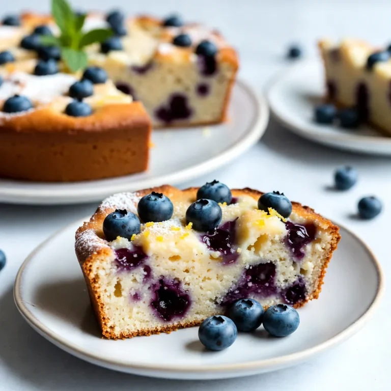 - 1 cup ricotta cheese - 1 cup granulated sugar - 1/2 cup unsalted butter, softened - 3 large eggs - Zest of 1 lemon - 1/4 cup freshly squeezed lemon juice - 2 cups all-purpose flour - 1 teaspoon baking powder - 1/2 teaspoon baking soda - 1/4 teaspoon salt - 1 cup fresh blueberries (plus extra for garnish) - 1 teaspoon vanilla extract These ingredients create a moist and flavorful cake. The ricotta cheese adds creaminess. The lemon gives it a bright taste. Fresh blueberries offer bursts of sweetness. - Powdered sugar for dusting - Lemon glaze made from powdered sugar and lemon juice - Fresh mint leaves for garnish These optional additions can elevate your cake's flavor and look. A dusting of powdered sugar makes it pretty. A lemon glaze adds sweetness and tang. - Use almond flour for a gluten-free version. - Swap granulated sugar with coconut sugar for a lower glycemic index. - Replace eggs with flaxseed meal mixed with water for vegan needs. These substitutes help you enjoy the cake, no matter your diet. Make sure to adjust baking times for different ingredients. {{ingredient_image_1}} To make this cake, start by preheating your oven to 350°F (175°C). Grease a 9-inch round cake pan with butter or line it with parchment paper. This step helps you remove the cake easily later. In a large bowl, mix together 1 cup of ricotta cheese, 1/2 cup of softened unsalted butter, and 1 cup of granulated sugar. Use an electric mixer for about 2-3 minutes until the mixture is fluffy. Next, add 3 large eggs, one at a time. Mix well after each egg. Then, stir in the zest of 1 lemon, 1/4 cup of fresh lemon juice, and 1 teaspoon of vanilla extract. This will give your cake a bright flavor. In another bowl, whisk together 2 cups of all-purpose flour, 1 teaspoon of baking powder, 1/2 teaspoon of baking soda, and 1/4 teaspoon of salt. Gradually add this dry mix to the ricotta mixture. Mix just until it is combined; don't overmix. Finally, fold in 1 cup of fresh blueberries, keeping some aside for decoration. Pour the batter into your prepared cake pan. Use a spatula to smooth the top. Place the pan in the preheated oven. Bake for 35-40 minutes. To check if it’s done, insert a toothpick into the center. If it comes out clean, your cake is ready. If not, give it a few more minutes. Once the cake is baked, let it cool in the pan for 10 minutes. This helps it set. Then, transfer it to a wire rack to cool completely. For serving, you can dust the top with powdered sugar or drizzle a lemon glaze for extra flavor. Serve slices on individual plates, adding a few fresh blueberries and a sprig of mint for a nice touch. Enjoy this delightful treat! To make your cake fluffy, start with room temperature ingredients. This helps them mix better. Cream the ricotta cheese and butter well. You want a smooth and light mix. Add eggs one by one, mixing after each. This keeps the air in and makes it rise. Lastly, be gentle when adding flour. Overmixing can make the cake dense. Ensure your oven is at the right temperature. Preheat it fully before baking. Use an oven thermometer if needed. Grease your cake pan well to avoid sticking. If you have dark pans, reduce the heat by 25°F. This prevents burning. Rotate the cake halfway through baking for an even rise. To keep your cake fresh, wait until it cools completely. Wrap it in plastic wrap tightly. Store it in the fridge for up to a week. If you want to keep it longer, freeze slices. Use an airtight container or wrap each slice well. When you’re ready to eat, let it thaw in the fridge overnight. Pro Tips Use Room Temperature Ingredients: Ensure your ricotta cheese and eggs are at room temperature before mixing. This helps achieve a smoother batter and better rise. Choose the Right Blueberries: Opt for fresh, plump blueberries for the best flavor and texture. If using frozen, do not thaw them to prevent the batter from turning blue. Check for Doneness: Insert a toothpick into the center of the cake; it should come out clean. If it has wet batter on it, bake for a few more minutes. Let it Cool: Allow your cake to cool completely before slicing. This helps maintain its structure and prevents it from crumbling. {{image_2}} You can swap blueberries for many fruits. Try raspberries or strawberries. Both add fun flavors. Cherries work well too. Just make sure to adjust the sugar. Sweet fruits may need less sugar. This keeps the cake balanced and tasty. To make this cake gluten-free, use a gluten-free flour blend. Ensure it has a good mix of starches and proteins. You can also add a bit of almond flour for extra flavor. Check that all other ingredients are gluten-free too. This way, everyone can enjoy your cake. Add a pinch of cinnamon for warmth. It pairs well with lemon. You can also mix in some almond extract. Just a teaspoon adds a nice twist. If you like a bit of zing, try adding more lemon zest. This makes the cake even more refreshing. Experimenting is fun and can lead to new favorites! To keep your cake fresh, wrap it well. Use plastic wrap or foil. You can also place it in an airtight container. Store it at room temperature for up to three days. If you live in a warm area, keep it in the fridge. This keeps it moist and safe to eat. You can freeze this cake for later. First, let it cool completely. Then, wrap it tightly in plastic wrap. After that, place it in a freezer bag. You can freeze it for up to three months. When you need it, just take it out and let it thaw in the fridge overnight. When you want to enjoy the cake again, reheat it gently. Preheat your oven to 350°F (175°C). Place slices on a baking sheet. Heat for about 10 minutes or until warm. You can also use the microwave for a quick warm-up. Heat for 15-20 seconds, checking often to avoid drying it out. Enjoy your cake just like the first day! Yes, you can use frozen blueberries. They work well in this cake. Just toss them in flour before adding to the batter. This helps them stay whole during baking. Remember, frozen blueberries may make the batter a bit wetter. So, check your baking time for doneness. You can test if the cake is done using a toothpick. Insert the toothpick in the center of the cake. If it comes out clean or with a few crumbs, the cake is ready. It should also spring back when lightly pressed. If it sinks, it needs more time. Serve the cake warm or at room temperature. Slice it into wedges for easy sharing. You can add fresh blueberries on top for a colorful touch. A dusting of powdered sugar or a drizzle of lemon glaze can add extra flair. Pair it with whipped cream for a treat. The original recipe uses all-purpose flour, which is not gluten-free. However, you can make it gluten-free. Substitute the flour with a gluten-free blend. Make sure the blend contains xanthan gum for the right texture. Always check the labels for any hidden gluten. This blog post covers everything you need for Blueberry Lemon Ricotta Cake. We discussed key ingredients, steps for preparation, and baking tips. I shared ideas for variations and how to store any leftovers. Enjoy making this cake, and don’t hesitate to try new flavors. With some practice, you’ll bake a fluffy, tasty treat every time. Happy baking!
