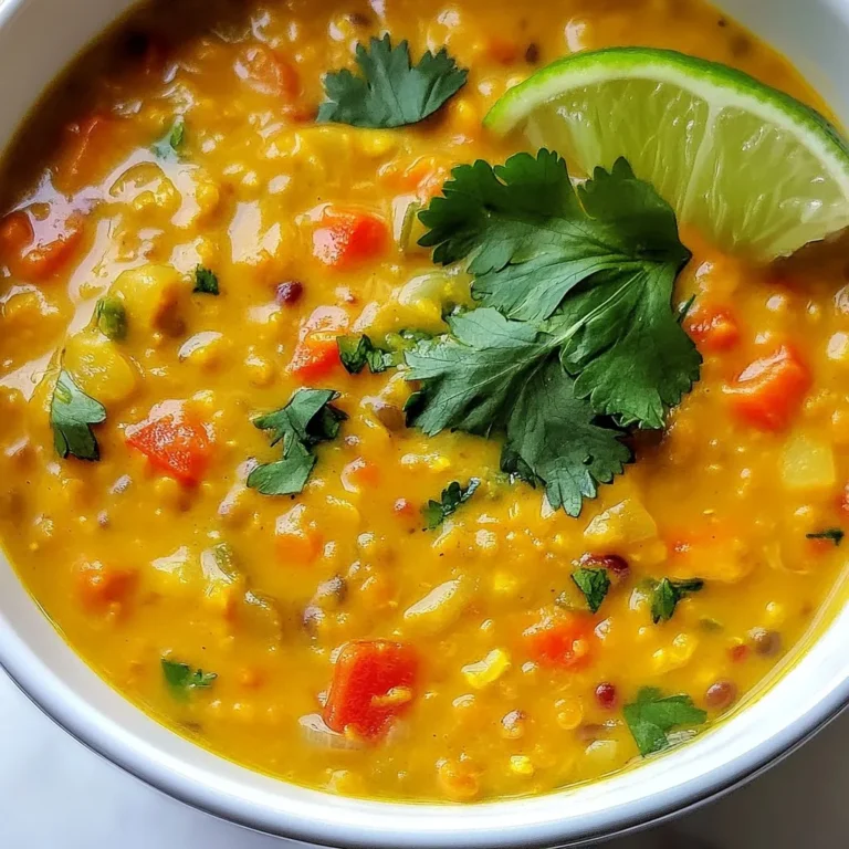 - 1 cup red lentils, rinsed - 1 can (14 oz) coconut milk - 1 medium onion, diced - 2 cloves garlic, minced - 1 tablespoon fresh ginger, grated - 1 medium carrot, diced - 1 bell pepper (any color), diced - 1 tablespoon curry powder - 1 teaspoon turmeric - 1 teaspoon cumin - 4 cups vegetable broth - 2 tablespoons olive oil - Salt and pepper to taste In my Coconut Curry Lentil Soup, red lentils are the star. They cook quickly and add protein. Coconut milk makes it creamy and rich. It gives the soup a nice, sweet flavor. I love to use fresh vegetables, too. The diced onion, garlic, and ginger create a strong base. Carrots and bell peppers add color and crunch. Curry powder, turmeric, and cumin bring warmth to the soup. These spices meld together, creating a vibrant flavor. I often use vegetable broth for a hearty taste. It keeps the dish plant-based and light. Olive oil helps to sauté the veggies, making them soft and tasty. Finally, salt and pepper balance the flavors just right. - Fresh cilantro - Lime juice - Salt and pepper To finish, I like to add fresh cilantro. It brightens the soup and adds a fresh taste. A squeeze of lime juice brings a zesty kick. This touch really uplifts the dish. You can always adjust the salt and pepper to suit your taste. These simple garnishes can take your soup to the next level! {{ingredient_image_1}} - Heat 2 tablespoons of olive oil in a large pot over medium heat. - Add 1 diced onion and sauté for about 5 minutes until it turns soft. - Stir in 2 minced garlic cloves and 1 tablespoon of grated ginger. Cook for 2 more minutes. - Toss in 1 diced carrot and 1 diced bell pepper. Cook for an additional 5 minutes until they soften. - Sprinkle in 1 tablespoon of curry powder, 1 teaspoon of turmeric, and 1 teaspoon of cumin. Mix well to coat the vegetables. - Pour in 1 cup of rinsed red lentils and 4 cups of vegetable broth. Bring the mixture to a boil. - Lower the heat and let the soup simmer for about 20 minutes or until the lentils are soft. - Stir in 1 can of coconut milk, adding salt and pepper to taste. Let it warm for another 5 minutes. - Remove from heat and add the juice of 1 lime for extra flavor. Serve hot, garnished with fresh cilantro. To make your coconut curry lentil soup just right, you can adjust the seasonings to fit your taste. Start with the basic amounts, then try adding a pinch of salt or a dash of pepper. This simple step makes a big difference. You can also switch between fresh and dried spices. Fresh spices often give a brighter, more vibrant taste. Dried spices work well too, but they may need a bit more time to bloom in the soup. Getting the soup's texture right is key. If your soup is too thick, thin it out with some extra vegetable broth. Just add a little at a time until you reach the desired consistency. If the soup turns out too watery, don't worry. You can thicken it by cooking it a bit longer or adding a small amount of lentils. They will break down and help create a creamier texture. To save time, prep your ingredients ahead. Dice the onion, garlic, and veggies, and store them in the fridge. This way, when you're ready to cook, everything is at hand. If you want even faster results, consider using a pressure cooker. It reduces cooking time significantly and keeps the flavors locked in. You'll enjoy a delicious meal in no time! Pro Tips Use Fresh Spices: Fresh spices provide a more vibrant flavor than older, stale ones. Consider purchasing whole spices and grinding them just before use for maximum potency. Adjust Consistency: If you prefer a thicker soup, reduce the amount of vegetable broth or let it simmer longer. For a thinner soup, simply add more broth or coconut milk. Top with Crunch: Add a crunchy element such as toasted coconut flakes or roasted chickpeas on top of the soup for a delightful texture contrast. Make it Ahead: This soup tastes even better the next day! Prepare it in advance and store it in the refrigerator to allow the flavors to meld beautifully. {{image_2}} You can easily switch out some ingredients in this soup. For vegetarian or vegan options, simply use vegetable broth instead of chicken broth. This soup is already vegan because it uses coconut milk. You can add more veggies like spinach, zucchini, or sweet potatoes. These will add flavor and color. Each choice will change the taste a bit, which makes it fun to experiment. Want more heat? You can add chili peppers or red pepper flakes to the soup. Start with a small amount and taste as you go. If you prefer less spice, reduce the amount of curry powder. This keeps the dish flavorful but mild. You can also use a milder curry powder for a gentler taste. This soup is great on its own, but pairing it with rice or crusty bread makes it even better. The rice soaks up the soup’s flavors. If you want, serve it as a main dish or as a side. It works well with grilled chicken or fish too. Enjoying this soup in different ways keeps meals fun and exciting! To store coconut curry lentil soup, follow these simple steps: - Let the soup cool down to room temperature. - Transfer it to an airtight container. - Store it in the fridge. This soup lasts for about 3 to 4 days in the fridge. If you want to enjoy it later, make sure to label your container with the date. This way, you will know when to eat it. If you want to keep the soup for longer, freezing is a great option. Here’s how: - Pour the cooled soup into freezer-safe bags or containers. - Leave some space at the top for expansion. - Seal tightly and label with the date. Coconut curry lentil soup can last up to 3 months in the freezer. When you want to eat it, thaw it in the fridge overnight. To reheat, warm it in a pot on the stove or use the microwave. Add a splash of broth if it seems too thick. Enjoy your warm, comforting soup! You can serve Coconut Curry Lentil Soup with several tasty sides. Here are some ideas: - Warm naan or pita bread - Steamed rice or quinoa - A fresh salad with greens and lemon dressing - Roasted or grilled veggies - Crispy plantain chips These sides balance the soup's richness and add texture to your meal. Yes! You can make this soup ahead of time. Here are some tips: - Cook the soup and let it cool. - Store it in an airtight container in the fridge for up to three days. - You can also freeze it for long-term storage; it lasts for about three months. - To reheat, warm it on the stove over low heat. Add a splash of broth if it seems thick. Yes, Coconut Curry Lentil Soup is gluten-free. The main ingredients, like lentils and vegetables, do not contain gluten. If you use vegetable broth, check the label to ensure it's gluten-free. This soup is a great option for those with gluten sensitivities. This blog post covered how to make a delicious Coconut Curry Lentil Soup. We discussed key ingredients like red lentils, coconut milk, and spices. You learned step-by-step instructions on preparing, cooking, and serving the soup. I also shared tips for perfecting flavor and variations to keep it interesting. Remember, you can adjust spices to suit your taste. Store leftovers properly to enjoy later. This soup is not just tasty; it’s simple to make and can be a delightful addition to your meals. Enjoy cooking and happy eating!