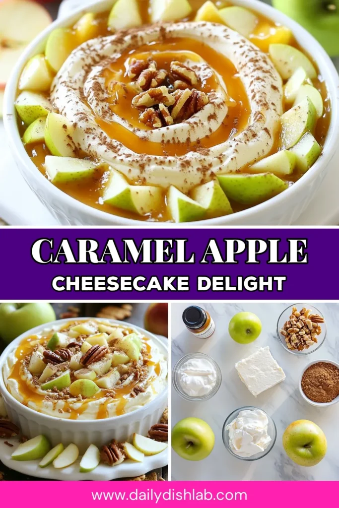 Indulge in the sweetness of this Caramel Apple Cheesecake Dip that's perfect for any gathering! This easy cheesecake dip recipe blends creamy caramel dip with fresh apples for a delightful dessert dip with apples your guests will love. Ready in just 15 minutes, this no-bake apple dip recipe is a crowd pleaser. Drizzle with extra caramel and serve with graham crackers. Save this recipe for a tasty treat! #CaramelAppleCheesecakeDip #DessertDip #NoBakeRecipe #EasyRecipes