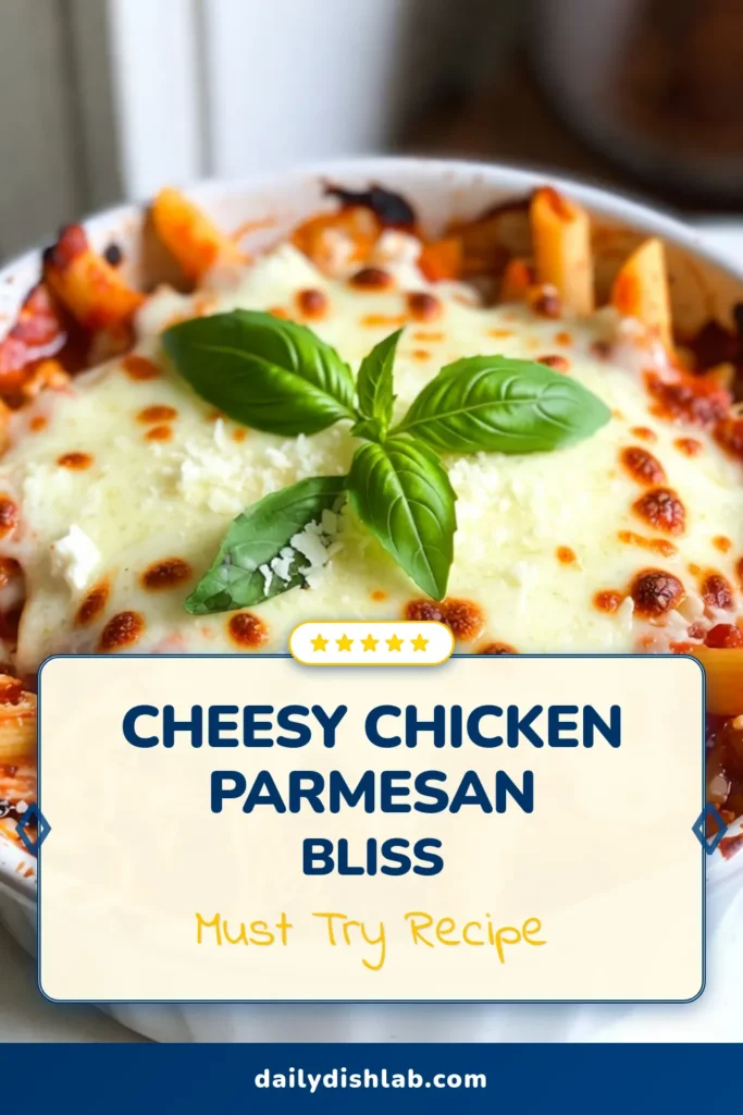 Indulge in comfort food with this Cheesy Chicken Parmesan Casserole! This easy Chicken Parmesan Casserole recipe combines tender chicken, pasta, marinara, and layers of gooey cheese for a delicious baked chicken and cheese dish. Perfect for family dinners or meal prep, it's the ultimate easy chicken pasta bake that everyone will love. Try it tonight and enjoy the cozy flavors! Save this recipe! #CheesyChickenParmesan #ComfortFoodCasserole #EasyPastaBake #ChickenRecipe